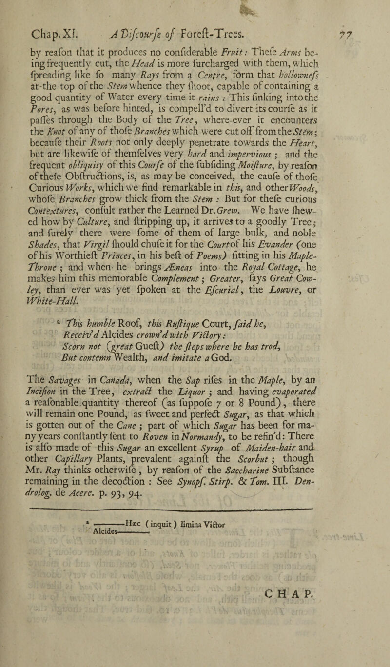 by reafon that it produces no confiderable Fruit: Thefe Arms be¬ ing frequently cut, the Head is more furcharged with them, which fpreading like fo many Rays from a Centre, form that h'ollownefs at-the top of the Stem whence they ilioot, capable of containing a good quantity of Water every time it rains : This finking into the TPores, as was before hinted, is compell’d to divert its courfe as it pafles through the Body of the Tree, where-ever it encounters the Knot of any of thofe Branches which were cutoff from the Stem; becaufe their Roots not only deeply penetrate towards the Hearty but are likewife of themfelves very hard and impervious ; and the frequent obliquity of this Courfe of the fubfiding Moiflure, by reafon of thefe Obftrudions, is, as may be conceived, the caufe of thofe Curious Works, which we find remarkable in this, and other Woods, whofe Branches grow thick from the Stem : But for thefe curious Contextures, conlult rather the Learned Dr. Grew. We have ihew- ed how by Culture, and Gripping up, it arrives to a goodly Tree; and furely there were fome of them of large bulk, and noble Shades, that Virgil fhould chufe it for the Courtoi his Evander (one of his Worthied Princes, in his bed of Poems) fitting in his Maple- Throne ; and when he brings AEneas into the Royal Cottage, he makes him this memorable Complement; Greater, fays Great Cow¬ ley, than ever was yet fpoken at the Efcurial, the Louvre, or White-Hall a This humble Roof, this Rufiique Court, [aid he. Receiv'd Alcides crown'd with Vittory: Scorn not Qgreat Gueff) the fleps where he has trod. But contemn Wealth, and imitate a God. The Savages in Canada, when the Sap riles in the Maple, by an Inc if on in the Tree, ext rail the Liquor; and having evaporated a reafonable quantity thereof {^as fuppofe 7 or 8 Pound) , there will remain one Pound, as fweet and perfed Sugar, as that which is gotten out of the Cane ; part of which Sugar has been for ma¬ ny years conftantly fent to Roven in Normandy, to be refind: There is alfo made of this Sugar an excellent Syrup of Maiden-hair and other Capillary Plants, prevalent againft the Scorbut; though Mr. Ray thinks otherwife , by reafon of the Saccharine Subftance remaining in the decodion : See Synopf Stirp. & Tom. III. Den- dr olog. de Acere. p. 93, 94. —— Haec (inquit ) limina Viftor Alcides—— CHAP.