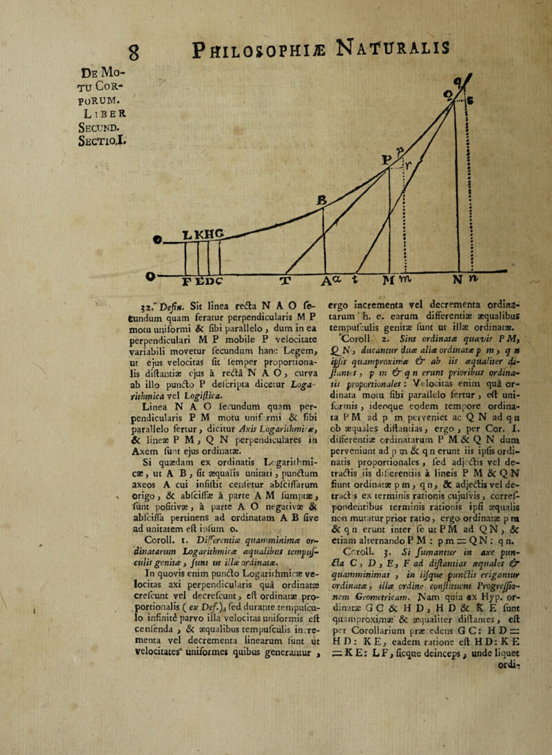 tu Cor¬ porum. L 5 beR Secund. Sectio,J* Philosophi® Naturalis $2.Dejtn. Sit linea redla N A O fe- fcundum quam feratur perpendicularis M P motu uniformi & fibi parallelo , dum in ea perpendiculari M P mobile P velocitate variabili movetur fecundum hanc Legem, ut ejus velocitas fit lemper proportiona¬ lis diftantiae ejus a redi N AO, curva ab illo putido P defcripta dicetur Loga rithmica vel Logiftica. Linea N A O fecundum quam per¬ pendicularis P M motu unif rmi & fibi parallelo fertur , dicitur Axis LogariihmPa, & lineae P M , Q N perpendiculares in Axem funt ejus ordinatae. Si quaedam ex ordinatis Lc garitbmi¬ cae, ut A B , fit aequalis unitati, pundum axeos A cui infiftit cenletur abfciflarum Origo, &C ablciffae a parte A M fumptae, lunt pofitivae, a parte A O negativae & abfciffa pertinens ad ordinatam A B five ad unitatem eft iulum o. Coroll. I. Differentia quam minima or¬ dinatarum Logarithmica aqualibus tempuf- cttlis genita , Juni ut illa ordinata. In quovis enim pundo Logarithmirae ve¬ locitas axi perpendicularis qua ordinatae crefcunt vel decrefcunt, eft ordinatae pro¬ portionalis ( ex Def.)} fed durante tempufcu- lo infiniti parvo illa velocitas uniformis eft cenfenda , & aequalibus tempulculis incre¬ menta vel decrementa linearum funt ut velocitates' uniformes quibus generantur , ergo incrementa vel decrementa ordina¬ tarum h. e. earum differentiae aequalibus tempulculis genitae funt ut illae ordinatae. Coroll 2. Sint ordinata quavis P M, , ducantur dua alia ordinata p m > q n ipjis quamproxima & ab iis aqualiter cU- Jianus , p m & q n erunt prioribus ordina¬ tis proportionales: Vtlocitas enim quS or¬ dinata motu fibi parallelo fertur , eft uni¬ formis , ideoque eodem tempore ordina¬ ta P M ad p m perveniet ac Q N ad q n ob aequales diftantias, ergo , per Cor. I. differentiae ordinatarum P M & Q N dum perveniunt ad p m & q n erunt iis ipfis ordi¬ natis proportionales , fed adj dis vel de- tradis iis differentiis a lineis P M & Q N fiunt ordinatae pm, q n, & adjedis vel de- trad s ex terminis rationis cujufvis, corref- pondentibus terminis rationis ipfi «qualis non mutatur prior ratio, ergo ordinatae p m & q n erunt inter fe ut P M ad Q N , & etiam alternando PM: pm~QN: qn. Ccroll. 3. Si fumamur in axe pun- €la C, D j E} F ad dijlatitias aquales & quamminimas , in iijque punciis erigamur ordinata, illa ordine conjiituent ProgreJJio- nem Geometricam. Nam quia «x Hyp. or¬ dinatae GC & HD; H D & K E funt quamproximae & aequaliter diftantes, eft per Corollarium prae.edens GC: HD~ HD: K E, eadem ratione eft H D: K E = KE: L F, ficque deinceps > unde liquet ©rdi-