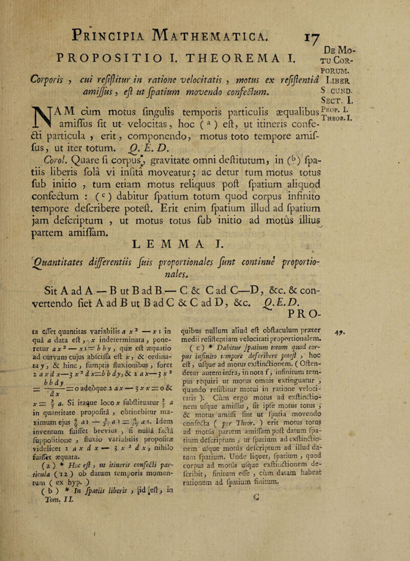 PROPOSITIO I. THEOREMA I. *7 De Mo¬ tu CoR- PORUM. Corporis , cui reficitur in ratione velocitatis , motus ex refigentia Liber amijfus , eft ut fpatium movendo confeflum. S cuhd. Sect. I. Nam cum motus fingulis temporis particulis aequalibus amiffus fit ut- velocitas, hoc ( a ) eft, ut itineris confe- E° ' £li particula , erit, componendo, motus toto tempore amif- fus, ut iter totum. fff. E. D. Coro!. Quare fi corpus], gravitate omni deftitutum, in (b) fpa- tiis liberis fola vi infita moveatur; ac detur tum motus totus fub initio , tum etiam motus reliquus poft fpatium aliquod confectum : ( c) dabitur fpatium totum quod corpus infinito tempore defcribere poteft. Erit enim fpatium illud ad fpatium jam defcriptum , ut motus totus fub initio ad motus illius partem amiflam. LEMMA I.  * .. j -*■ v % Ouantitates differentiis fuis proportionales funt continue proportio¬ nales„ Sit A ad A — B ut B ad B — C & C ad C—D, &c. &c con¬ vertendo fiet A ad B ut B ad C & C ad D, &c. Q. E. D. PRO- ta eflet quantitas variabilis a x 2 — x j in qud a data eft, x indeterminata, pone¬ retur ax2 — xi — bby , quae eft aequatio ad curvam cujus ablcifla eft x > 6c ordina¬ ta y , & hinc , fumptis fluxionibus, foret 2 a x d x—3 x 2 d x—b b dy, 8c i a x—3 x 2 hbdy A ' , 9, —-~ o adeoque x ax — 1 x x ~o oC dx x — 2 a. Si itaque loco * fubftituatur | a in quantitate propofitS , obtinebitur ma¬ ximum ejus | a 5 — fa 5 — jU a 3, Idem inventum fuiflet brevius , fl nuiia fiidfa fiuppodtione , fluxio variabilis propotuae videlicet 1 a x d x 3 x 3 d x, nihilo fuiffet asquata. ( a ) * Hoc ejl, ut itineris confetti par¬ ticula (12) ob datum temporis momen¬ tum ( ex hyp. ) ( b ) * In /patiis liberis > [id left, in Tom. II. quibus nullum aliud eft obftaculum prseter medii reflftentiam velocitati proportionalem. ( c ) * Dabitur Jpatium totum quod cor¬ pus infinito tempore defcribere potejl } hoc eft, ufque ad motus exftin&ionem. ( Offen¬ detur autem infra, in nota f, infinitum tem¬ pus requiri ut motus omnis extinguatur , quando reliditur motui in ratione veloci¬ tatis ). Cum ergo motus ad exftindtio- nem ufque amifius, fit ipfe motus totus , & motus amiifi fint ut fpatia movendo confedta ( per 1 heor. ) erit motus totus ad motus partem amiflam poft datum fpa¬ tium defcriptum , ut fpatium ad exftindf ic- nem' ulque mottls delcriptum ad illud da¬ tum fpatium. Unde liquet; fpatium , quod corpus ad motus ulque exftiudlionem de- feribit, finitum efle , cum datam habeat rationem ad fpatium finitum. Q 1