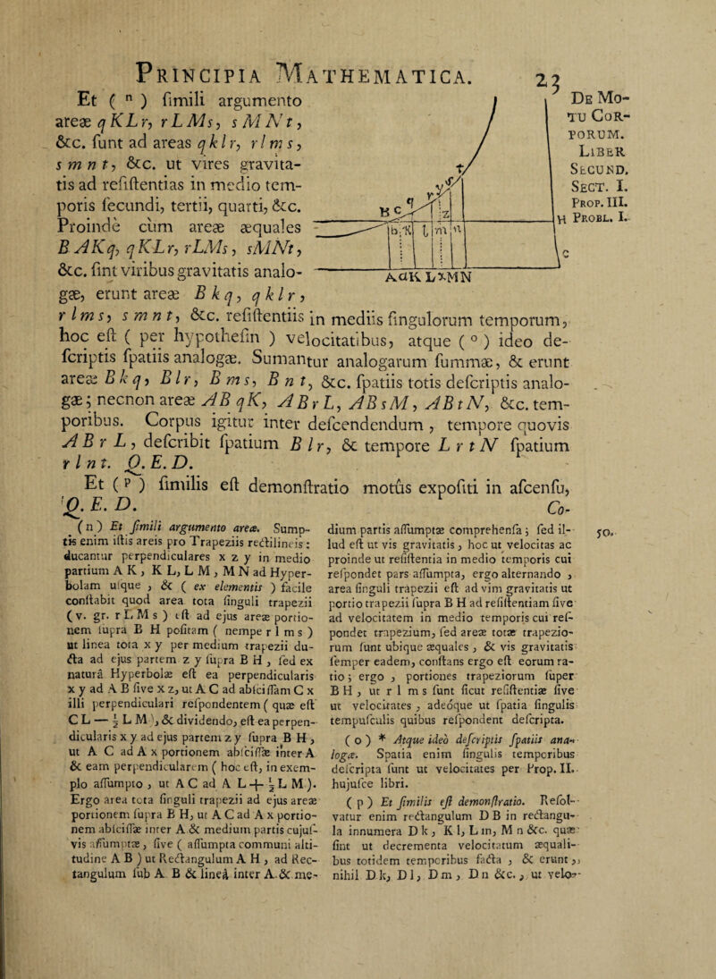 Et ( n ) fimili argumento arexqKLr, rLMs, sMNt, 6cc. funt ad areas qklr, rlms> s m n t, &c. ut vires gravita¬ tis ad refiftentias in medio tem¬ poris fecundi, tertii, quarti, &c. Proinde cum areae «quales B A K q-) q K L r, rLMs, sMMt, &c. fint viribus gravitatis analo- — acikl%mn De Mo¬ tu Cor¬ porum. Liber Secund. Sect. I. Prop. III. H Probl. I. gae, erunt areae B k q, q klr , r Ims, s m n t, &c. refiftentiis in mediis fmgulorum temporum, hoc eft ( per hypothefin ) velocitatibus, atque ( ° ) ideo de- fcriptis fpatiis analogae. Sumantur analogarum fummae, & erunt are« B k q, BIr, B m s, B n t3 5tc. fpatiis totis defcriptis analo¬ gae; necnon are« AB qK, ABrL, ABsM, ABtN, &c. tem¬ poribus. Corpus igitur inter defcendcndum , tempore quovis A B r L, defcribit fpatium B lr, 6c tempore L r t N fpatium rlnt. (X.E.D. Et ( p ) fimilis eft demonftratio motus expofiti in afcenfu, Qj E. D. Co- _ (n) Et fimili argumento area, Sump- tk enim illis areis pro Trapeziis redilineis : ducamur perpendiculares x z y in medio partium AK, KL,LM,MNad Hyper- bolam uique , & ( ex elementis ) facile conflabit quod area tota linguli trapezii nem iupra B H politam ( nempe r 1 m s ) ut linea tota x y per medmm trapezii du- da ad ejus partem z y fupra EH, fed ex natura Hyperbolae eft ea perpendicularis x y ad A B live x z, ut A C ad ablci iTam G x illi perpendiculari refpondentem ( quae eft' CL — ALM , & dividendo., eft ea perpen¬ dicularis x y ad ejus partem z y fupra B H, ut A C ad A x portionem ablci/Tse inter A & eam perpendicularem ( hoc eft, in exem¬ plo alfumpto , ut A C ad A L -j- b L M )• Ergo area tota linguli trapezii ad ejus areae portionem fupra £ H, ut A C ad A x portio¬ nem ablcilTae inter A & medium partis cujuf- vis affumptse , live ( affumpta communi alti¬ tudine A B ) ut Redangulum A H , ad Hec- tangulum lub A B & line& inter A.& me¬ dium partis alfumptae comprehenfa ; fed il¬ lud eft ut vis gravitatis , hoc ut velocitas ac proinde ut relidentia in medio temporis cui refpondet pars affumpta, ergo alternando , area linguli trapezii eft ad vim gravitatis ut portio trapezii fupra B H ad refillentiam live pondet trapezium, fed areas totas trapezio¬ rum funt ubique aequales , & vis gravitatis femper eadem, conftans ergo eft eorum ra¬ tio i ergo , portiones trapeziorum fuper B H , ut r 1 m s funt licut reGftentiae live ut velocitates , adeoque ut fpatia lingulis tempufculis quibus refpondent defcripta. (o) * Atque ideo defcriptis fpatiis ana-> loga. Spatia enim lingulis temporibus defcripta funt ut velocitates per frop. II. hujufce libri. ( p ) Et ftmilis eft demonflratio. Relbl-- vatur enim redlangulum D B in recftangu- la innumera D k , K 1, L m, M n &c. quas liat ut decrementa velocitatum aequali¬ bus totidem temporibus fadla , & erunt,, nihil Dk, DI, Dm, Ba&c., ut yelo?- 50,