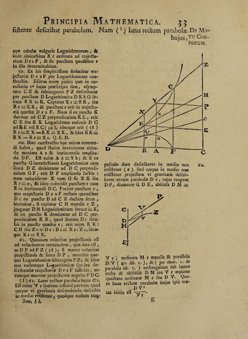 fiftente defcribat parabolam. Nam ( 1) latus rectum parabolae Ds Mo- huius,Tu Cor¬ porum. I ope tabulae vulgaris Logarithmorum, & inde obtinebitur R r ordinata ad trajedo- riam DraF, & fic pundum quodlibet r in illa determinabitur. 59. Ex his fimpliciflima deducitur tra-. jedoria D r a F per Logarithmicam con- ftrudio. Iifdem enim politis qua in co¬ rollario i* hujus prafcripta funt, afymp- toto C Z & lubtangente P Z defcribatur per pundum D Logarithmica DKkG le- cans R X inK. CapiaturXr = RK, feu Rr = XK, Sc pundum r erit in trajedo- ria quafita D r a F. Nam fi ex pundo K ducatur ad C Z perpendiculum KE, erit C E feu R K Logarithmus rationis D C ad K E vel R C( 54 j, ideoque erit ( 58 ) Rr-l{X — RK-XK, &hincRK = RX — RrrXr, Q.E.D. 60. Hac conftrudio hoc etiam commo¬ di habet, quod ftatim inveniantur altitu¬ do maxima A a & horizontalis amplitu¬ do D F. Eft enim A a=Ykj <$c fi ex pundo G interfedionis Logarithmica cum linea D Z demittatur ad D C perpendi¬ culum G F j erit D F amplitudo Jadtis : nam coincidente X cum G fit X K Ceu R r — o} & ideo coincidit pundum r cum R in horizontali D C. Pariter pundum r , quo trajedoria D r a F redam quamlibet D c ex pundo D ad C Z dudam fecat , invenitur> fi capiatur C H aqualis c Z , jungatur DH Logarithmicam fecansiij Sc ex pundo K demittatur ad D C per¬ pendiculum K R, quod lineam D c feca- bit in pundo quafito r j erit enim R K : CH leuZcrrDr:Dcrr X r: Z c,ideo*» que Xr-RK. 61. Quoniam velocitas projedionis eft ad velocitatem terminalem , quae data eft > ut D P ad P Z ( j 8 ); fi manet velocitas projedionis Sc linea D P , manebit quo¬ que Logarithmica lubtangens PZ; & ideo una eademque Logarithmica fpecies de- fcribenda trajedoria D r a F fufiiciet, ut¬ cumque mutetur projedionis angulus P D C. ( l ) 61. Latus retium parabelee hujus &c. Eft enim V r fpatium infinite parvum quod corpus vi gravitatis defcendendo defcribit in medio refiftente,, quodque eodem teuit Tom* X h pufculo dato defcriberet in medio nora fz* refiftente ( 6 ). Sed corpus in medio non refiftente projedum vi gravitatis defcri¬ beret arcum parabola D r > cujus tangens D P, diameter GDE, abfcifia DM = V r I ordinata M r aqualis & parallela D V ( 40. lib. 1. ), & ( per theor. 1. de parabola lib. 1. ) redangulum lub latere redo & abfcifsd D M feu Y r aquatur quadrato ordinata M r feu D Y* Qua* re latus redum parabolae hujus ipfo mo- DV2 tus initio eft -rr- y g