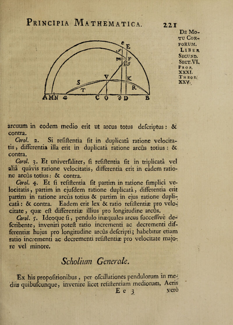 I tu Cor¬ porum. Liber Secuud. Sect.VI. Psop, XXXI. xxy.. arcuum in eodem medio erit ut arcus totus defcriptus: 6c contra. Corol. 2. Si refiftentia fit in duplicata ratione velocita¬ tis , differentia illa erit in duplicata ratione arcus totius: 6c contra. Corol. 3. Et univerfaliter, fi refiftentia fit in triplicata vel alia quavis ratione velocitatis, differentia erit in eadem ratio¬ ne arcus totius; St contra. locitatis , partim in ejufdem ratione duplicata, differentia erit partim in ratione arcus totius St partim in ejus ratione dupli¬ cata : St contra. Eadem erit lex St ratio refiftentiae pro velo-; citate, quae eft differentiae illius pro longitudine arcus. Corol. y. Ideoque fi, pendulo inaequales arcus fuccefilve de- fcribente, inveniri poteft ratio incrementi ac decrementi dif¬ ferentiae hujus pro longitudine arcus defcripti; habebitur etiam ratio incrementi ac decrementi refiftentiae pro velocitate majo- re vel minore. —» Scholium Generale. Ex his propofitionibus, per ofcillationes pendulorum in me¬ diis quibufcunque, invenire licet reliftentiam mediorum. Aeris E e 3 yero zz