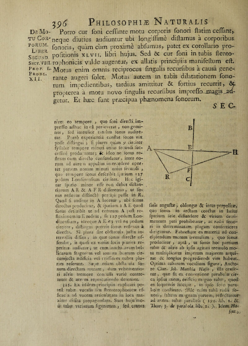 Ds Mo- Porro cur Ioni ceftante motu corporis fonori ftatim ceflant, tu CoR-neque diutius audiuntur ubi longlffime diftamus a corporibus porum. fonoris? quam cum proxime abfumus, patet ex corollario pro- Sfgund pofitionis xlvii. libri hujus. Sed 6c cur foni intubis flento- SECT.viti.rophonicis valde augentur, ex allatis principi's manifeftum eft. Prop. l. Motus enim omnis reciprocus fingulis recurfibus a causa gene-i xRi°iBL* rante augeri folet. Motus autem in tubis dilatationem Tono¬ rum impedientibus, tardLus amittitur & fortius recurrit, &, propterea a motu novo iingulis recurfibus impreflb^xoagis jad- getur. Et haec funt praecipua phaenomena fonorum. S E C? n:ret eo tempore , quo feni diredi im- prellio adhuc inia perteverat , non gemi¬ nus , led intenfior tan iim lonus audire¬ tur. Porro experientia conflat lonos vix poiTe diftingui ; fi pitires quam y circiter fyilabse tempore minuti unius lecuodi luc- ceffive prodii antur; lk ideo ne lonus re¬ flexus cum diredo coniundatur , inter eo¬ rum ad aure u appullus intercedere opor¬ tet pariem nonam minuti unius fecundi , quo tempore lonus deferibit lpatium «27 pedum Londinenfium circiter. Hoc igi¬ tur fp itio minor elTe non debet diffan- tiarum A K & A F R differentia , ut lo¬ rus reflexus diffinde per ipi poflit in R. Quod (i auditor in A locetur , ubi Tonus diredus producitur, &c lpatium 2 A E quod fonus -deicribir ut ad centrum A poft re¬ flexionem in E redeat, ;it 117 pedum Lon- dinenfium, ideoque A Fi <<3 vel <S4 pedum circiter, diftingui poterit fonus reflexus a diredo. Si plura fint obftacul 1 juffis in¬ tervallis diflita , in quee lonus direde of¬ fendat, is quali ex variis locis p uries re¬ petitus audietur i ut cum machinarum bel¬ licarum fragorem vel lom ru boatum cir- cumjeda aedificia vel c ralliores nubes plu¬ ries referunt. Saepe etiam obff acula lo.-; num diredum mutant, dum vehementio- ji aeris tremore coucuffa varie contre¬ munt Si aer m repercutiendo detonti-nt. 325. Ex iildejn principiis explicari pc- teft tubae vocalis tcu fter.torophonicse ef- iicac a ad vocem arci efflatam in loca ma¬ xime didita propagandam. Sunt hujufmo- if tub.je variarum figurarum , fed omnes B A. H fatis anguftae, oblongs Sc intus perpolitse, quo lonus in ardum coadus in latius fpatiurn fele, diffundere & virium detri¬ mentum pati prohibeatur, ac radii lono- ri in determinatam plagam confertiores dirigantur. Fabreflunt ex materia ad con¬ cipiendum motum tremulum , quo fonus producitur , aptfl , ut lonus hoc partium rubee Sc aeris ab iplis agitati tremulo mo¬ tu multiplicatus impetum majorem acqui¬ rat 6c longius progrediendi vim habeat,. Optima tubarum vocalium figura , Audo- re Qar. Joh. Matthia Hajio , illa cenfe- tur , quae fit ex converlione parabo'se cir¬ ca iplius axem, orificio ex guo tuba?, quod es loquenris fulcipit , in ipfo foco para¬ bo’® conffituto. ;Hdc enim tuba radii fo- non , (altem m 'gnam partem, refleduntur* ad axem tubas paralleli ( 1 94. lib. 1. Sc, Ikor. 3. de far.akoiA.Mbi 1« ).. Idem Ha- (Wj.,
