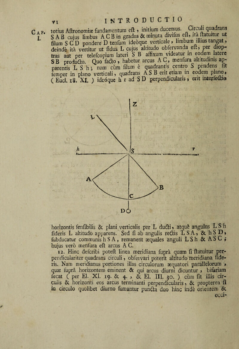I. n INTRODUCTIO totius Aftronomiae fundamentum eft > initium ducemus. Ciraili quadrans S A B cujus limbus A CB in gradus & minuta divifus eft, ita ftatuitur ut filum S C D pondere D tenfum ideoque verticale, limbum illius tangat, deinde ita vertitur ut fidus L cujus altitudo obfervanda. eit> per diop¬ tras aut per telefcopium lateri S B affixum videatur in eodem latere S B produdto. Quo fafto , habetur arcus A C, menfura altitudinis ap¬ parentis L S h j nam cum filum e quadrantis centro S pendens fit lemper in plano verticali? quadrans ASB erit etiam in eodem plano* ( Euci. 18, XI. ) idefique h r ad S D perpendicularis, erit interfectio A horizontis fenfibilis & plani verticalis per L dudti? atqu£ angulus LSh fideris L altitudo apparens. Sed fi ab angulis re&is L S A ? & 'h S D, fubducatur communis h S A , remanent aequales anguli LSh&ASC» hujus vero menfura eft arcus A C. 12. Hinc defcribi poteft linea meridiana fupra quam fi ftatuitur per- pendiculariter quadrans circuli ? obfervari poterit altitudo meridiana fide¬ ris. Nam meridianus portiones illas circulorum aequatori parallelorum * quae fupra horizontem eminent & qui arcus diurni dicuntur ? bifariam iecat ( per EI. XI. 19. & 4. ? & EI. III. 50. ) cum fit illis cir¬ culis & horizonti eos arcus terminanti perpendicularis? & propterea fi ia circulo quolibet diurno fumantur puncta duo hinc inde orientem & occi-