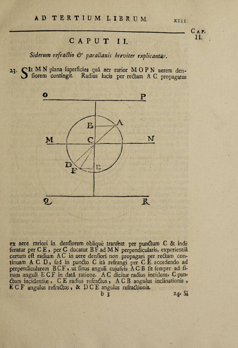 XIII CAPUT II. Siderum refraSlio & parallaxis breviter explicantur. Gap. IL i 25. Qlt M N plana fuperficies qua aer rarior M 0 P N aerem den- O fiorem contingit. Radius lucis per redam A C propagatus ex aere rariori in denfiorem oblique tranfeat per pundum C & inde feratur per C E , per C ducatur B F ad M N perpendicularis, experientia certum eft radium AC in aere denfiori non propagari per redam con¬ tinuam A C D, fed in pundo C ita refrangi per C E accedendo ad perpendicularem B C F 9 ut finus anguli cujufvis A C B fit femper ad li¬ num anguli E C F in datd ratione. A C dicitur radius incidens* C pun* dum incidendae 9 C E radius refradus * A C B angulus inclinationis 9 E C F angulus refradus» & D C E angulus refradionis. b 3 24* Si