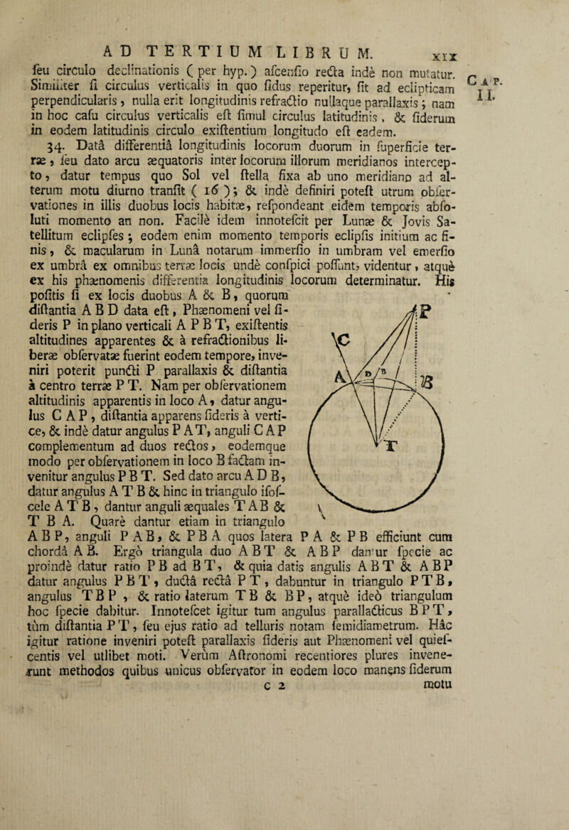 feu circulo declinationis ( per hyp.) afcenfio redta inde non mutatur. r Sirmilter fi circulus verticalis in quo fidus reperitur, fit ad eclipticam j / perpendicularis, nulla erit longitudinis refragio nullaque parallaxis; nam A A’ in hoc cafu circulus verticalis efl fimui circulus latitudinis, & fiderum in eodem latitudinis circulo exiflentium longitudo efl eadem. 34. Data differentia longitudinis locorum duorum in fuperficie ter¬ rae 5 feu dato arcu aequatoris inter locorum illorum meridianos intercep¬ to , datur tempus quo Sol vel flella fixa ab uno meridiano ad al¬ terum motu diurno tranfit ( 16 ) ; & inde definiri potefl utrum obier- vationes in illis duobus locis habitae, refpondeant eidem temporis abfo- iuti momento an non. Facile idem innotefcit per Lunae & Jovis Sa¬ tellitum eclipfes \ eodem enim momento temporis edipfis initium ac fi¬ nis , & macularum in Lunl notarum immerfio in umbram vel emerfio ex umbra ex omnibus terrae locis unde confpici poffunt, videntur , atque ex his phaenomenis differentia longitudinis locorum determinatur. His pofitis fi ex locis duobus A & B, quorum diflantia A B D data efl, Phaenomeni vel fi¬ deris P in plano verticali A P B T, exiflentis altitudines apparentes & a refradtionibus li¬ berae obfervatae fuerint eodem tempore, inve¬ niri poterit pundli P parallaxis 6c diflantia a centro terrae P T. Nam per obfervationem altitudinis apparentis in loco A, datur angu¬ lus GAP, diflantia apparens fideris a verti¬ ce, 8c inde datur angulus P AT, anguli GAP complementum ad duos re&os, eodemque modo per obfervationem in loco B fadlam in¬ venitur angulus P B T. Sed dato arcu A D B, datur angulus A T B & hinc in triangulo ifof- cele A T B, dantur anguli aequales T AB & T B A. Quare dantur etiam in triangulo A B P, anguli P AB, & PBA quos latera P A & P B efficiunt cum chorda A B. Ergo triangula duo ABT & ABP damur fpccie ac proinde datur ratio PB ad BT, & quia datis angulis ABT & ABP datur angulus P B T , dudla recla P T , dabuntur in triangulo P T B * angulus T B P , & ratio iaterum T B & B P, atque ideo triangulum hoc fpecie dabitur. Innotefcet igitur tum angulus paralladlicus B P T, tum diflantia PT, feu ejus ratio ad telluris notam femidiametrum. Hac igitur ratione inveniri potefl parallaxis fideris aut Phaenomeni vel quiel- centis vel utlibet moti. Verum Aflronomi recentiores plures invene¬ runt methodos quibus unicus obfervator in eodem loco manens fiderum c 2 motu