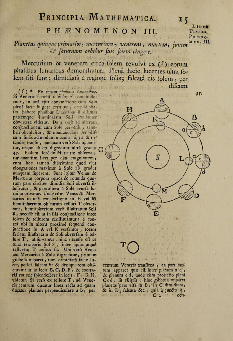 PHAENOMENON III. Tertius. ‘ / , Phano- Planetas quinque primarios, mercurium, venerem , marum} jovem**K’llL & faturnum orbibus fuis Jolem cingere. \ /M • ' : , .i _ Mercurium & venerem c:rca folem revolvi ex (f) eorunt phafibus lunaribus demonftratur., Plena facie lucentes ultra fo¬ lem fiti funt j dimidiata e regione folis j falcata cis folem , per . t. i ', , n > ■ r ( f ) * Ex eorum fihafibus Lupar ibus. Si Veneris faciem telefcopi^ contemple¬ mur , in ima ejus coniundion? uum Sole pleni facie fulgere cernitur , de.nde| pha- fes habere phafibus Lunaribus fiindiimas partemque illuminatam Soli oondant-er obvertere videtur. Dum vero ad alteram conjundionem cum Sole pervenit , tene¬ bris obvolvitur, & nonnunqiiam per ;di£- cum Solis ad modum maculas nigras & ro¬ tunda;. tranlit, nunquam vero Suli opponi¬ tur; neque ab eo digreditur ultra gradus 47. Eadem fer^ de Mercurio oblervan- tur quantum licet per ejus exiguitatem, cum hoc tamen dilcrimine quod ejus elongationes maxim# a Sole z8 gradus nunquam fuperent. Sunt igitur Venus & Mercurius corpora opaca & rotunda quo¬ rum pars circiter dimidia Soli obverfa il- luftratur, & pars altera a Sole averfa lu¬ mine privatur. Und£ cum Venus & Mer¬ curius in uni conjundione in E vel M hemifphserium obfcurum telluri T obver¬ tant , .hemifphaerium ver6 illuftratum Soli S; necefle ell ut in illa conjundione inter folem & tellurem ccnftituantur j d con¬ tra ubi in alteri proxime fequenti con¬ jundione in A vel K verfantur , totam faciem illuftratam & Soli obverlam £ tel¬ lure T , obfervamus; hinc necefie ell ut tunc temporis Sol S ; inter iplos atqu£ tellurem T politus fit. Ubi vero Venus aut Mercurius a Sole digreditur; primum gibbofa apparet, tum dimidiati facie lu¬ cet, poftea falcata fit & denique tota obfi- curatur ut in locis B, C, D, F, & contra¬ rii ratione fplendefcere in locis, F, G, H, videtur. Si vero ex tellure T, ad Vene¬ ris centrum ducatur linea reda ad quam ducatur planum perpendiculare a b, per difeum centrum Veneris tranfiens f ea pars fator _ tum apparet qua eft inter planum a c‘ J & planum cd, undd cum projrdio plani Ccd, fit ellipfis , hinc gibbofa apparet planeta; pars vifa in B, in C dimidiata, & ih D, falcata &c., quia a puudo A, C i ‘ “ con-