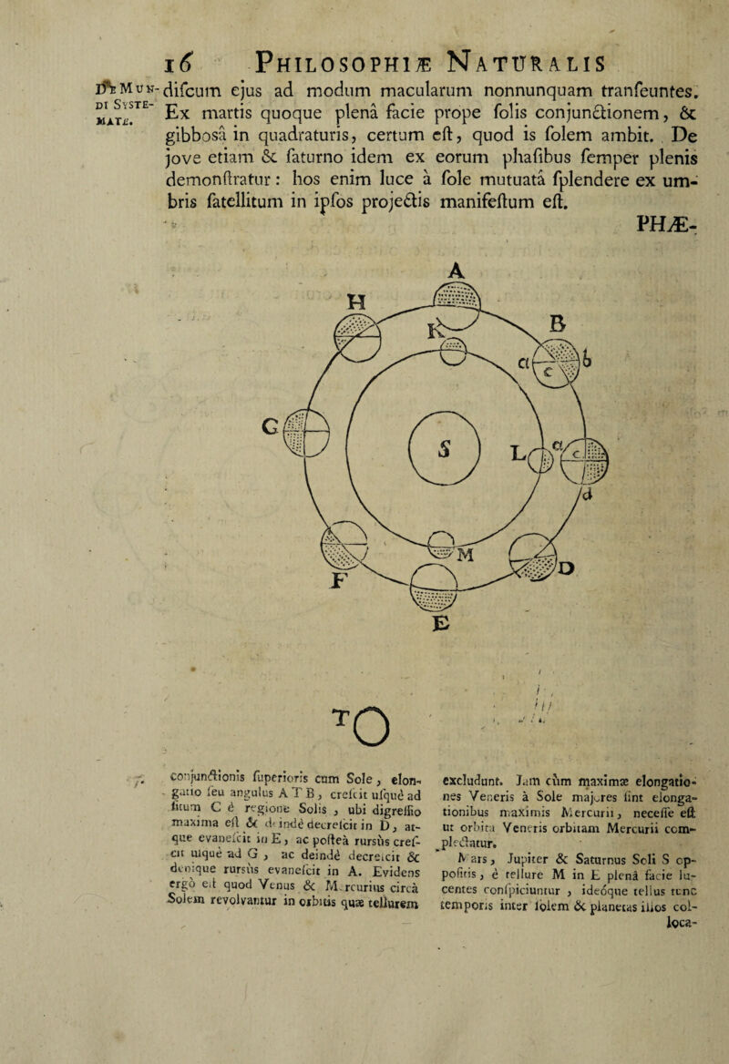lf*E Mun¬ di Syste¬ mati. i6 Philosophi® Naturalis difcum ejus ad modum macularum nonnunquam tranfeuntes. Ex martis quoque plena facie prope folis conjunctionem, gibbosa in quadraturis, certum eft, quod is folem ambit. De jove etiam &. faturno idem ex eorum phafibus femper plenis demonftratur: hos enim luce a fole mutuata fplendere ex um¬ bris fatellitum in ipfos proje&is manifeftum eft. PH^E- conjunftionis fuperioris cum Sole, elon¬ gatio feu angulus ATB, crefcit ufqud ad fitum C d regione Solis , ubi digrelfio maxima eft <k' dt in<id decreicit in D, at¬ que evanefcit ihE, ac poftea rursus cref- cit mque ad G j ac deinde decretcit 3c denique rursus evanefcit in A. Evidens ergo eft quod Venus & M.rcurius circa Solem revolvantur in orbitis quae tellurem excludunt. Jam cfim maximae elongatio¬ nes Veneris a Sole majeres lint elonga¬ tionibus maximis Mercurii, nece fle eft ut orbita Veneris orbitam Mercurii ccm- pledatur. Mars, Jupiter & Saturnus Soli S cp- pofitis, e tellure M in E plend facie lu¬ centes confpiciuntur , ideoque tellus tunc temporis inter lolem & planetas ilios col¬ loca-