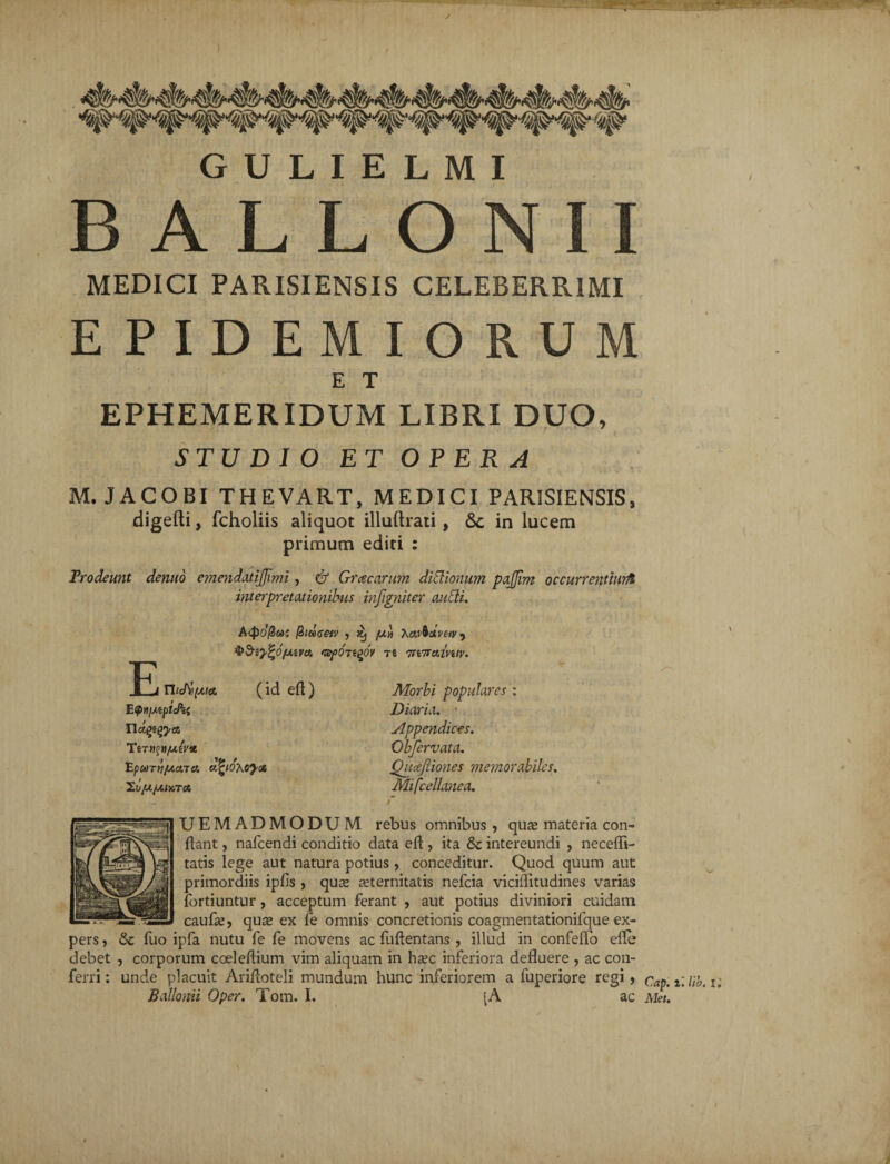 B A L L O N MEDICI PARISIENSIS CELEBERRIMI EPIDEMIORUM E T EPHEMERIDUM LIBRI DUO, STU D I O ET OP ER A M. JACOBI THEVART, MEDICI PARISIENSIS, digefti, fcholiis aliquot illuftrati, &c in lucem primum editi : Trodeunt denuo emendatijjimi, & Graecarum diEBonum pajjim occurrentiurft interpretationibus inftgniter auEli. E A$id<seiv , )tj [X» Xat4eiVw, fAivct, fafOjigov re 'nvnadnn. Uidt(id eft) n^e^a Tirn(>n/u{vx, Eptorv/uctra. ufyoMJct Ill/XfXUTCc Morbi populares : Diaria. Appendices. Obfervata. Qucejiiones memorabiles. Miscellanea. UEMADMODUM rebus omnibus, qua; materia con¬ flant , nafcendi conditio data eft, ita & intereundi , necefli- tatis lege aut natura potius , conceditur. Quod quum aut primordiis ipfis , quae aeternitatis nefcia viciflitudines varias fortiuntur, acceptum ferant , aut potius diviniori cuidam caufae, qu^ ex fe omnis concretionis coagmentationilque ex¬ pers , & fuo ipfa nutu fe fe movens ac fuftentans , illud in confeffo efle debet , corporum coeleftium vim aliquam in haec inferiora defluere , ac con¬ ferri: unde placuit Arifloteli mundum hunc inferiorem a fuperiore regi, Cap.iUib.i;