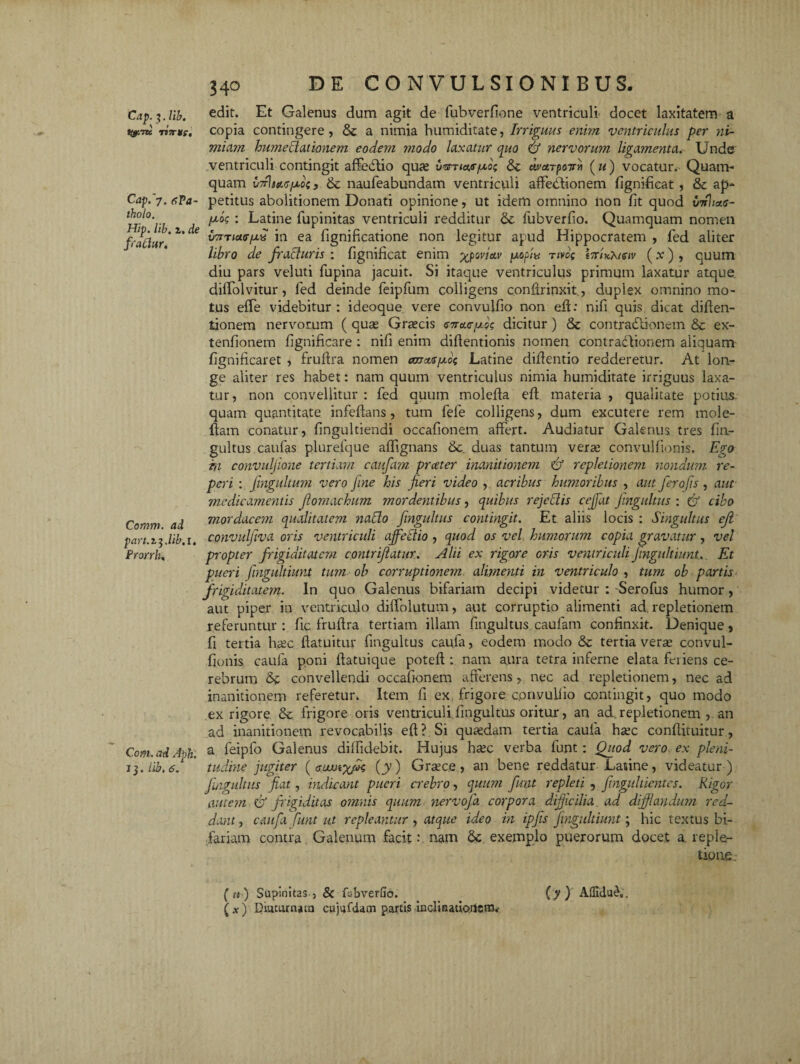 t&TK TSTTItC, Cap/7. fiPa- tholo. H:p. lib. z. de fraftur. Comm. ad part.z^Mb.i, Prorrh, C.om. ad Aph. 13. lib. 6. 340 DE CONVULSIONIBUS. edit. Et Galenus dum agit de fubverfione ventriculi' docet laxitatem a copia contingere, & a nimia humiditate, Irriguus enim ventriculus per ni¬ miam hwneclationem eodem modo laxatur quo & nervorum ligamenta. Unde ventriculi contingit affedtio quas & um-rporrri (u) vocatur. Quam¬ quam u7t\sc/.<s[aos , & naufeabundam ventriculi affectionem fignificat , & ap¬ petitus abolitionem Donati opinione, ut idem omnino iion fit quod wrh*<t- /aog : Latine fupinitas ventriculi redditur & fubverfio. Quamquam nomen vTTT/rtir/x» in ea fignificatione non legitur apud Hippocratem , fed aliter libro de fracluris : fignificat enim ^par/ai' pofm tivoc i-xUchteiv (x) , quum diu pars veluti fupina jacuit. Si itaque ventriculus primum laxatur atque diffolvitur, fed deinde feipfum colligens confirinxit., duplex omnino mo¬ tus effe videbitur : ideoque vere convulfio non eft: nifi quis dicat diften- tionem nervorum ( quas Grascis dicitur ) <3c contractionem & ex- tenfionem fignificare : nifi enim diffentionis nomen contradtionem aliquam fignificaret , fruffra nomen ccvx<syo<; Latine didendo redderetur. At lon¬ ge aliter res habet: nam quum ventriculus nimia humiditate irriguus laxa¬ tur, non convellitur : fed quum molefta eft materia , qualitate potius quam quantitate infeftans, tum fele colligens, dum excutere rem mole- ftam conatur, fingultiendi occafionem affert. Audiatur Galenus tres fia- gultus caufas plurefque affignans 6c. duas tantum verse convulfionis. Ego ra convuljione tertiam caufam prceter inanitionem & repletionem nondum re- peri : Jingultum vero fine his fieri video , acribus bimioribus , aut fero fis , aut medicamentis jlomachum mordentibus, quibus rejeblis ceffat fingultus : cibo mordacem qualitatem nablo fingultus contingit. Et aliis locis : Singultus ejl convuljiva oris ventriculi affectio , quod os vel humorum copia gravatur , vel propter frigiditatem contriflatiir. Alii ex rigore oris ventrictdi Jtngultiunt. Et pueri fmgultiunt tum ob corruptionem alimenti in ventriculo , tum ob partis frigiditatem. In quo Galenus bifariam decipi videtur : Serofus humor, aut piper in ventriculo diffolutum, aut corruptio alimenti ad. repletionem referuntur : fic fruftra tertiam illam fingultus caufam confinxit. Denique, fi tertia luec ftatuitur fingultus caufa, eodem modo & tertia veras convul- fjonis caufa poni ftatuique poteft : nam aura tetra inferne elata feriens ce¬ rebrum convellendi occafionem afferens, nec ad repletionem, nec ad inanitionem referetur. Item fi ex frigore c.onvuilio contingit, quo modo ex rigore & frigore oris ventriculi.fingultus oritur, an ad. repletionem , an ad inanitionem revocabilis eft ? Si qusedam tertia caufa hsec conftituitur, a feiplo Galenus dilfidebit. Hujus htec verba funt: Quod vero ex pleni¬ tudine jugiter (y) Grsece, an bene reddatur Latine, videatur ) fuigultus fiat, indicant pueri crebro, quum funt repleti , fimgultientes. Rigor autem & frigiditas omnis quum nervofa corpora difficilia , ad difflandum red.- dant, caufa funt ut repleantur , atque ideo in ipfis fmgultiunt; hic textus bi¬ fariam contra. Galenum facitnam & exemplo puerorum docet a. reple¬ tione . (?0 Supinitas 5 & fubverfio. (x) Dnuarnaia cujufdam partis inclinationem,- (y ) AffiduC.