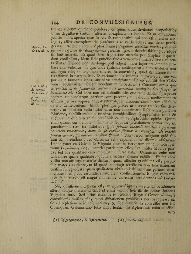 tur ex aliorum opinione pendere: & quum duas divifiones propofuerit, unam deguftavit tantum, alteram inexplicatam reliquit. Et ut ex aliorum judicio nobis aperiat qua? fit vis & ratio fpafmi qui nori eft materia ana¬ logus, affert exemplum de pundura a re valde acuta, aut de re perfri- Aphorif. 17. gcrata. Adducit autem Aphorifmum , frigidum ulceribus mordax, convul & 10. iib, 5. fanem , rigorem & denigrationem partibus affert; deinde fubjungit, idque fit fine materia. Et quod facit frigus fine materia per fimplicem quem¬ dam confenfum , idem facit pundio five a venenato animali, five a re acu¬ ta illata. Deinde non ita longe poft adjicit, licet fuperiora omnino pro¬ bare non videatur , fi quis inde lpafmus confequatur , eum materiei non analogon effe, id eft, materialis ea fit convulfio, quod & ratione dolo¬ ris affiuxus in partem fiat, St ratione ipfius ladionis in parte ipfa, aut va¬ por, aut humor alienus, aut virus concipiatur. Et eo confilii citat Gale- c 1 lib. num ( ^ocus autem Galeni nondum mihi occurrit.) Convulfio autem qua de compof. °b puncturam & folutionem continuitatis nervorum contingit, fere femper ab Medie. Kxroi loumiditite e[i. Cui loco non eft abfimilis ille quo vult dandam perpetuo yi>*• operam ut pundarum partium ora pateant, ut calidum medicamentum Probi, ii 1. affufum per ora vapores educat attrahatque humorem circa locum affedum 1 'z* in alto delitefcentem. Immo plerifque placet ut nervus tranfverfim defe- cetur, ut pundim fada ladio virus non fupprimat: fada enim pundim folutione , fubfiftit refefque fit virus formidabilium fymptomaton caufa Sc audor, ut dubitem an fit plaufibilis ea de re Aphrodifei opinio. Quum enim quaerit cur non ita inflammatio fequatur pra:cifionem nervorum, ut punduram , rem ita diffolvit: Quia fpiritus inaquali punitionis fegmento occurrens retorquetur , atque in fe coactus fiipatur ac reealefcit. At pracifo penitus nervo, fpiritus omnis effluit abit. Qua; verba magnum quid fpi- xant St portendunt, fed obfcurius rem exponunt, ne dicam, obfcurant. Itaque patet ex Galeno St Vigonio etiam in nervorum pundionibus fpaf tuum Wiyu'djutvcv, (c) , materiei participem effe, five multa fit, five pau¬ ca, fed fua qualitate eam moleftiam inferre nata. Quantitate enim non tam nocet quam qualitate, quum a natura alienior exfiffit. Et ita con¬ vulfio non analoga materia; dicitur, quum affedio graviffima eft, perpu- filla materia exiftente, ut id quod contingit terrificum non tam materiam caufam fui agnofeat, quam qualitatem vix explicabilem, aut partium com¬ municationem ; aut earumdem naturalem conftitutionem. Exigua enim ma¬ li caufa in nervo eft magni momenti : vis enim confideranda *« *7nd]€x- TIKV (d). Nec quteftione indignum eft, an quum frigus convellendi occafionem affert, abfque materia id fiat: id enim volunt fieri illi de quibus Joannes Vigonius ante. Sed prius diximus ex Galeno frigus ( Grtece t0 jepuos) convulfionis caufam effe, quod diftlationem prohibens nervos repleat, St fle ad repletionem id referendum , St fine materia ea convulfio non fit. Quamquam Galenus alio loco aliter. fenfit. In Aphorifmis enim affedio- nem (e) Epigenoraenon3 & fupervemens. ( Q^Safcipientky’ •