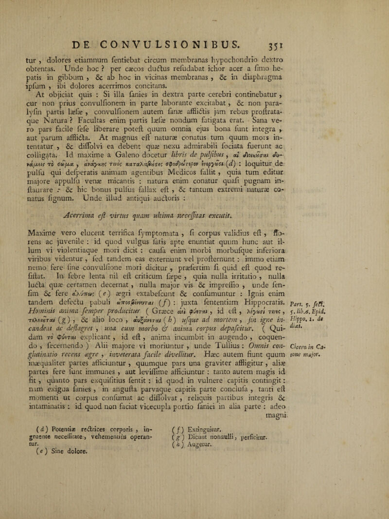 tur , dolores etiamnum fentiebat circum membranas hypochondrio dextro obtentas. Unde hoc ? per ca;cos du<ftus refudabat ichor acer a fimo he¬ patis in gibbum , & ab hoc in vicinas membranas , & in diaphragma ipfum , ibi dolores acerrimos concitans. At objiciat quis : Si illa fanies in dextra parte cerebri continebatur , cur non prius convulfionem in parte laborante excitabat, & non para- lyfin partis lada; , convulfionem autem fana; affliftis jam rebus proflrata- que Natura ? Facultas enim partis laffie nondum fatigata erat. Sana ve¬ ro pars facile fefe liberare potefl quum omnia ejus bona funt integra » aut parum afflifita. At magnus eft naturas conatus tum quum mors in¬ tentatur , & diffolvi ea debent quas nexu admirabili fociata fuerunt ac colligata. Id maxime a Galeno docetur libris de pulfibus, au Jioudsecu Jb- va/jnis ro Gtcfjist , avctymit; rivoc. v.uTzXal&isisns (TtpocPpdripoy hipyv<st~(d) : loquitur de pulfu qui defperatis animam agentibus Medicos fallit , quia tum editur majore appulfu vena; micantis : natura enim conatur quafi pugnam in- flaurare .* &: hic bonus pullus fallax eft , &; tantum extremi natur se co¬ natus fignum. Unde illud antiqui au&oris : Acerrima ejl virtus quam ultima necejjitas excutit. Maxime vero elucent terrifica fymptomata , fi corpus validius efl , flo¬ rens ac juvenile : id quod vulgus latis apte enuntiat quum hunc aut il¬ lum vi violentiaque mori dicit : caufa enim morbi morbufque inferiora viribus videntur , fed tandem eas externunt vel proflernunt : immo etiam nemo fere line convulfione mori dicitur , prsefertim fi quid efl quod re- fiflat. I11 febre lenta nil efl criticum fsepe , quia nulla irritatio , nulla lufita qua; certamen decernat , nulla major vis imprefifio , unde fen- fim 6c fere *avtt»; (e) aegri extabefcunt & confumuntur : Ignis enim tandem defedtu pabuli a'.rnoatimuTcu (/) : juxta fententiam Hippocratis. Hominis anima fejnper producitur ( Gra;ce du , id ell , Aywl rtm, T4>.uaW(g), & alio loco , dv^clnrsi/ (£) ufque ad mortem , jin igne in- cande.u ac deflagret , una cum morbo & anima corpus depafcitur. ( Qui¬ dam to <p>jiTM explicant , id efl; , anima incumbit in augendo , coquen¬ do , fecernendo ) Alii majore vi moriuntur, unde Tullius: Omnis con¬ glutinatio recens aegre , inveterata facile divellitur. Hsec autem fiunt quum in^qualiter partes afficiuntur , quumque pars una graviter affligitur , alia; partes fere lunt immunes , aut leviffime afficiuntur : tanto autem magis id fit , quanto pars exquifitius fentit : id quod in vulnere capitis contingit: nam exigua fanies , in angufta parvaque capitis parte conciufa , tanti efl momenti ut corpus confumat ac diflolvat , reliquis partibus integris Se intaminatis : id quod non faciat vicecupla portio faniei in alia parte : adeo magni. (d) Potentias rcdrices corporis , in- Extinguimr. gruente necelfitate, vehementius operan- (g) Dicunt nonnulli, perficitur, tur. _ (hj Augetur. (e ) Sine dolore. Part. y. fett. j. lib.6, Epid. Hippo. 1. ds dicet. Cicero in Ca¬ tone major.