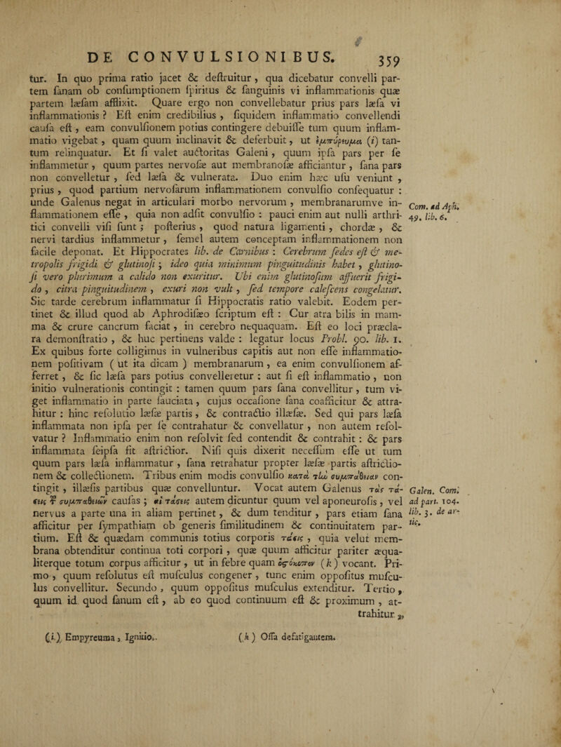 tur. In quo prima ratio jacet & deftruitur , qua dicebatur convelli par¬ tem fanam ob confumptionem fpiritus &c fanguinis vi inflammationis quas partem laefam afflixit. Quare ergo non convellebatur prius pars lasfa vi inflammationis ? Eft enim credibilius , fiauidem inflammatio convellendi caula eft , eam convulfionem potius contingere debuifle tum quum inflam¬ matio vigebat , quam quum inclinavit & deferbuit, ut e/uTrvptu/uct (i) tan¬ tum relinquatur. Et fi valet audoritas Galeni, quum ipfa pars per fe inflammetur , quum partes nervofie aut membranofas afficiantur , fana pars non convelletur , fed lasfa & vulnerata. Duo enim hasc ufu veniunt , parius , quod partium nervofarum inflammationem convulfio confequatur : unde Galenus negat in articulari morbo nervorum , membranarumve in¬ flammationem efte , quia non adfit convulfio : pauci enim aut nulli arthri¬ tici convelli vifi funt ; pofterius , quod natura ligamenti , chordas , &c nervi tardius inflammetur , femel autem conceptam inflammationem non facile deponat. Et Hippocrates lib. de Carnibus : Cerebrum fedcs eji & me¬ tropolis frigidi <& glutinoji; ideo quia minimum pinguitudinis habet, glutino- ji vero plurimum a calido non exuritur. Ubi enim glutinofum afuerit frigi¬ do , citra pinguitudinem , exuri non vult , fed tejnpore calefcens congelatur. Sic tarde cerebrum inflammatur fi Hippocratis ratio valebit. Eodem per¬ tinet & illud quod ab Aphrodifaso fcriptum eft : Cur atra bilis in mam¬ ma & crure cancrum faciat, in cerebro nequaquam. Eft eo loci prascla- ra demonftratio , & huc pertinens valde : legatur locus Probi, c;o. lib. i. Ex quibus forte colligimus in vulneribus capitis aut non efte inflammatio¬ nem pofitivam ( ut ita dicam ) membranarum , ea enim convulfionem af¬ ferret , & fle lasfa pars potius convelleretur : aut fi eft inflammatio , non initio vulnerationis contingit : tamen quum pars fana convellitur , tum vi¬ get inflammatio in parte fauciata, cujus occafione fana coafflcitur attra¬ hitur : hinc refolutio lasfas partis , & contradio illasfas. Sed qui pars lasfa inflammata non ipfa per fe contrahatur & convellatur , non autem refol- vatur ? Inflammatio enim non refolvit fed contendit & contrahit : & pars inflammata feipfa fit aftridior. Nifi quis dixerit necefllnn efte ut tum quum pars lasfa inflammatur , fana retrahatur propter lasfas partis aftridio- nem & colledionem. Tribus enim modis convulfio nard 7Id eujuvdlhtdv con¬ tingit , illasfis partibus quas convelluntur. Vocat autem Galenus t&V rd- fetz r <n>[A7retbutov caufas ; «1 rdeug autem dicuntur quum vel aponeurofis , vel nervus a parte una in aliam pertinet, & dum tenditur , pars etiam fana afficitur per fympathiam ob generis fimilitudinem & continuitatem par¬ tium. Eft & quasdam communis totius corporis rdeig , quia velut mem¬ brana obtenditur continua toti corpori , quas quum afficitur pariter asqua- literque totum corpus afficitur , ut in febre quam og-owTrcy (k) vocant. Pri¬ mo, quum refolutus eft mufculus congener, tunc enim oppofitus mufeu- lus convellitur. Secundo , quum oppofitus mufculus extenditur. Tertio , quum id quod fanum eft , ab eo quod continuum eft &; proximum , at¬ trahitur. 2? Com. ad Aqk, 4?« lib. 6. Galen. Com. ad fart. 104. lib. 3. de ar- t'u\