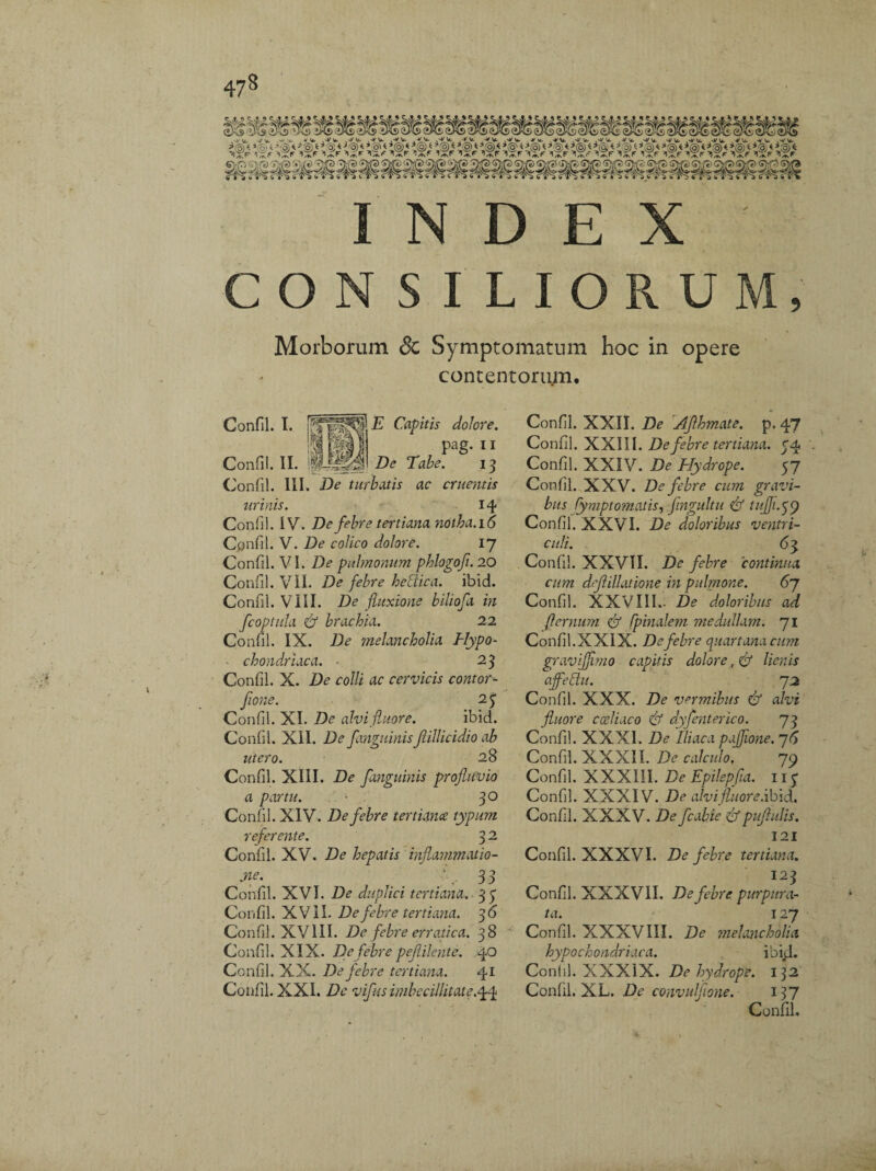 '■mth INDEX CONSILIORUM, Morborum & Symptomatum hoc in opere contentorum. E Capitis dolore. pag. ii De Tabe. 13 Confil. I. Confli. II. | Confil. III. De turbatis ac cruentis urinis. 14 Confil. IV. De febre tertiana notha.16 Confil. V. De colico dolore. 17 Confil. VI. De pulmonum phlogofi. 20 Confil. VII. De febre hettica. ibid. Confil. VIII. De fluxione biliofa in fcoptida & brachia. 22 Confil. IX. De melancholia Tlypo- - chondriaca. ■■ 23 Confil. X. De colli ac cervicis contor- fione. 25* Confil. XI. De alvi fluore. ibid. Confil. XII. De f inguinisJlillicidio ab utero. 28 Confil. XIII. De fanguinis profluvio a partu. ■ . 30 Confil. XIV. De febre tertiana typum referente. 3 2 Confil. XV. De hepatis inflammatio- jie. ' . 33 Confil. XVI. De duplici tertiana. 3 3 Confil. XVII. De febre tertiana. 36 Confil. XVIII. De febre erratica. 38 Confil. XIX. De febre peflilente. 40 Confil. XX. De febre tertiana. 41 Confil. XXI. De vifus imbecillitate.^ Confil. XXII. De Aflhmate. p. 47 Confil. XXIII. De febre tertiana. 5*4 Confil. XXIV. De Elydrope. 37 Confil. XXV. De febre cum gravi¬ bus Cymptornatis, fmgultu & tufjiyy Confil. XXVI. De doloribus ventri¬ culi. 6 3 Confil. XXVII. De febre 'continua cum def illatione in pulmone. 6j Confil. XXVIII.. De doloribus ad (ternum & (pinalem medullam. 71 Confil.XXIX. De febre quartana cum gravifflmo capitis dolore, & lienis ajfedu. 7 2 Confil. XXX. De vermibus & alvi fluore coeliaco & dyfenterico. 73 Confil. XXXI. De Iliaca pajfione. 76 Confil. XXXII. De calculo, 79 Confil. XXXIII. De Epilepfla. 113 Confil. XXXIV. De alvi fluore, ibid. Confil. XXXV. De fcabie &pufiulis. 121 Confil. XXXVI. De febre tertiana. 123 Confil. XXXVII. De febre purpura¬ ta. 127 Confil. XXXVIII. De melancholia hypochondriaca. ibid. Confil. XXXIX. De hydrope. 132 Confil. XL. De convulflone. 137 Confil. ■h