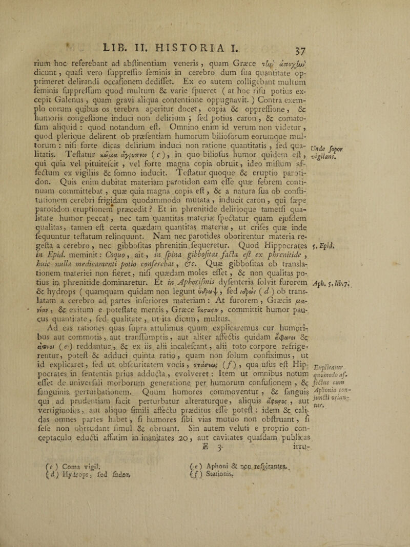 37 Unde fopor vigilans. j, EpU, rium hoc referebant ad abftinentiam veneris , quam Grsece uLf dncylud dicunt , quafi vero fuppreflio feminis in cerebro dum fua quantitate op¬ primeret delirandi occationem dediffet. Ex eo autem colligebant multum feminis fuppreffum quod multum & varie fpueret ( at hoc rifu potius ex¬ cepit Galenus , quam gravi aliqua contentione oppugnavit. ) Contra exem¬ plo eorum quibus os terebra aperitur docet, copia & oppreftione , & humoris congeftione induci non delirium j fed potius caron , & comatc- fum aliquid : quod notandum eft. Omnino enim id verum non videtur , quod plerique delirent ob prasfentiam humorum bilioforum eorumque mul¬ torum : nifi forte dicas delirium induci non ratione quantitatis , fed qua¬ litatis. Teflatur dypj7svov ( c ), in quo biliofus humor quidem eft, qui quia vel pituitelcit , vel forte magna copia obruit, ideo miftum &f- fedtum ex vigiliis & fomno inducit. Teflatur quoque & eruptio paroti- don. Quis enim dubitat materiam parotidon eam effe quee febrem conti¬ nuam committebat , quae quia magna copia eft , & a natura fua ob confti- tutionem cerebri frigidam quodammodo mutata , inducit caron , qui fa?pe parotidon eruptionem pnecedit ? Et in phrenitide delirioque tametfi qua¬ litate humor peccat, nec tam quantitas materiae fpeclatur quam ejufdem qualitas, tamen eft certa quatdam quantitas materis, ut crifes qus inde fequuntur teftatum relinquunt. Nam nec parotides oborirentur materia re- gefta a cerebro , nec gibbofitas phrenitin fequeretur. Quod Hippocrates in Epid. meminit: Coquo , ait , infpina gibbofitas faffia eji ex phrenitide , huic nulla medicamenti potio conferebat, &c. Quse gibbofitas ob transla¬ tionem materiei non fieret, nifi qusdam moles efifet , & non qualitas po¬ tius in phrenitide dominaretur. Et in Aphorifnis dyfenteria folvit furorem Aph.^lih.f. &c hydrops ( quamquam quidam non legunt vcPf>w, fed icPpdc ( d ) ob trans¬ latam a cerebro ad partes inferiores materiam : At furorem , Grsecis ,««- viv.v, & exitum e poteftate mentis, Graece 'Urxctv , committit humor pau¬ cus quantitate, fed: qualitate , ut ita dicam, multus. Ad eas. rationes quas fupra attulimus quum explicaremus cur humori¬ bus aut commotisaut tranffumptis , aut aliter afifedtis quidam Icpoivei & umoi ( e-) reddantur, ex iis alii incalefcant, alii toto corpore refrige^ rentur, poteft &c adduci quinta ratio, quam non folum confiximus, ut id explicaret, fed ut obfcuritatem vocis, eidem; (/) , qua ufus eft Hip¬ pocrates in fententia prius addudta , evolveret: Item ut omnibus notum eftet de univetlali morborum generatione, per humorum confufionem , & fanguinis, perturbationem. Quum humores commoventur , & fangui$ qui ad prudentiam facit perturbatur alteraturque, aliquis utpvyog , aut vertiginoius, aut aliquo fimili afledlu prseditus effe poteft: idem & cali¬ das omnes partes lubet, fi humores fibi vias mutuo non obftruant, fi fele non obtrudant limul &z obruant. Sin autem veluti e proprio con¬ ceptaculo edubti affatim in inanitates 20, aut cavhates quafdam publicas E 3- irru- Explicatur quomodo af. fidus cum Aphonia con~ junffii orian¬ tur. (c ) Coma vigil. (d) Hydrops, fed fr.do?. (e) Aphoni Sc nprs rcfjdrantes. (f) Stationis.