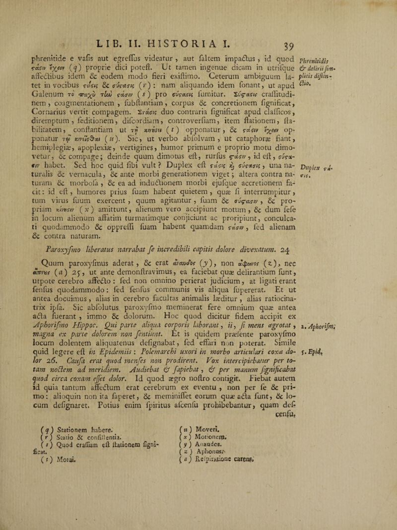 phrenitide e vafis aut egreffus videatur , aut faltem impadus , id quod easiv (^) ProPr^ dici potefi. Ut tamen ingenue dicam in utrifque affedibus idem & eodem modo fieri exifiimo. Ceterum ambiguum la¬ tet in vocibus Sz coeant; (r) : nam aliquando idem fonant, ut apud Galenum to Girayu tIw cdo-iv (s ) pro cjs-mh fumitur. craflitudi- nem , coagmentationem , fubftantiam, corpus & concretionem fignificat, Cornarius vertit compagem. Sra<r/£ duo contraria fignificat apud clalficos, diremptum , feditionem, difcordiam, controverfiam, item fiationem, fia- bilitatem, confiantiam ut 77 mmu (t) opponatur , Sz rdciv ey&v op¬ ponatur 7« xivucScti (11). Sic, ut verbo abfolvam , ut cataphorae fiant, hemiplegiae, apoplexiae, vertigines, humor primum e proprio motu dimo¬ vetur, compage; deinde quum dimotus efi, rurfus 5-0. tiv, id efi, ot- wiv habet. Sed hoc quid libi vult ? Duplex efi rd<sis <sur<*ns, una na¬ turalis & vernacula, ik. ante morbi generationem viget; altera contra na¬ turam tk morbofa , & ea ad indudionem morbi ejufque accretionem fa¬ cit : id efi , humores prius fuam habent quietem , quae fi interrumpitur, tum virus fuum exercent , quum agitantur , fuam 6z vv<?&viv , & pro¬ priam Ktvmiv ( x ) amittunt, alienum vero accipiunt motum , tk dum fefe in locum alienum affatim turmatimque conjiciunt ac proripiunt, conculca¬ ti quodammodo 6z oppreffi fuam habent quamdam caciv, fed alienam <k contra naturam. Paroxyfmo Uberatus narrabat fe incredibili capitis dolore divexatum. 24 Quum paroxyfmus aderat, & erat avavJbf (y), non uQuvof (z)> nec (a) 2p, ut ante demonftravimus, ea faciebat quse delirantium funt, utpote cerebro affedo : fed non omnino perierat judicium, at ligati erant fenfus quodammodo: fed fenfus communis vis aliqua fupererat. Et ut antea docuimus, alias in cerebro facultas animalis laeditur , alias ratiocina- trix ipfa. Sic abfolutus paroxyfmo meminerat fere omnium quae antea ada fuerant , immo & dolorum. Hoc quod dicitur fidem accipit ex Aphorifmo Hippoc. Qui parte aliqua corporis laborant, ii, fi mens cegrotat, magna ex parte dolorem non fentiunt. Et is quidem pradente paroxyfmo locum dolentem aliquatenus defignabat, fed effari non poterat. Simile quid legere efi in Epidemiis : Polemarchi uxori in morbo articulari coxa do¬ lor 26. Caufa erat quod menfes non prodirent. Vox intercipiebatur per to¬ tam noblem ad meriaiem. Audiebat & fapiebat, & per manum fignificabat quod circa coxam ejjet dolor. Id quod aegro nofiro contigit. Eiebat autem id quia tantum affedum erat cerebrum ex eventu , non per fe & pri¬ mo: alioquin non ita faperet, 6c meminiffet eorum quae ada funt, & lo¬ cum defignaret. Potius enim fpiritus afcenfu prohibebantur, quam defi cenfu? (q) Stationem habere. (r) Scatio Sc confidentia. ( s ) Quod craffum eft ftatienem figni¬ ficat. ( t ) Motui. ( u ) Moveri. ( x ) Motionem. ( y ) Auaudos. ( 2 ) Aphonus.'s (a) Retpirationc carens* Phrenitidis & deliriiJim plicis dijlin - Clio. Duplex s■*« <TiS, i. Aphorifm y. Epid0