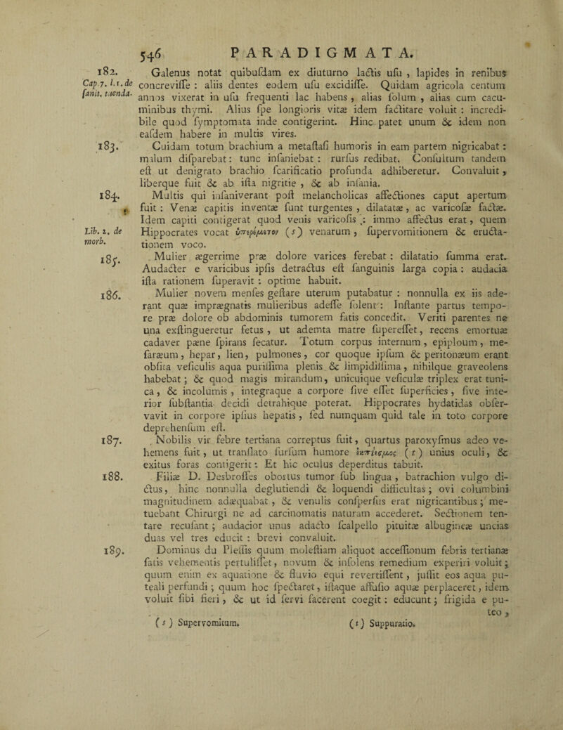 I%2. Cap 7. l.i. de fanit. t.ienda- 183. Lib. i, de morb. l8j*. 105. 187. 188. 189. 546 PARADIGMATA. Galenus notat quibufdam ex diuturno la6lis ufu , lapides in renibus concrevifie : aliis dentes eodein ufu excidiffie. Quidam agricola centum annos vixerat in ufu frequenti lac habens , alias folum , alias cum cacu¬ minibus thymi. Alius fpe longioris vita? idem factitare voluit : incredi¬ bile quod fymptomata inde contigerint. Hinc patet unum Sz idem non eafdem habere in multis vires. Cuidam totum brachium a metaflafi humoris in eam partem nigricabat: malum difparebat: tunc infaniebat : rurfus redibat. Confultuna tandem eft ut denigrato brachio fcarificatio profunda adhiberetur. Convaluit, liberque fuit St ab ilia nigritie , St ab infania. Multis qui infaniverant poft melancholicas affedliones caput apertum fuit: Vena? capitis inventae funt turgentes, dilatatae, ac varicofa? facta?. Idem capiti contigerat quod venis varicofis : immo affedtus erat, quem Hippocrates vocat v7nptJ.i7ov (s) venarum, fupervomitionem St eructa¬ tionem voco. Mulier tegerrime pra? dolore varices ferebat : dilatatio fumma erat. Audadler e varicibus ipfis detradlus eft fanguinis larga copia: audacia ifta rationem fuperavit : optime habuit. Mulier novem menfes geftare uterum putabatur : nonnulla ex iis ade¬ rant qua? impraegnatis mulieribus adeffe folent : Inflante partus tempo¬ re pra? dolore ob abdominis tumorem fatis concedit. Veriti parentes ne una exffingueretur fetus , ut ademta matre fupereffet, recens emortua? cadaver paene fpirans fecatur. Totum corpus internum, epiploum, me- faraeum, hepar, lien, pulmones, cor quoque ipfum St peritoneum erant obfita veficulis aqua puriHima plenis St limpidiliima, nihilque graveolens habebat; St quod magis mirandum, unicuique veficula? triplex erat tuni¬ ca , St incolumis , integraque a corpore hve effiet luperficies , five inte¬ rior fubftantia decidi detrahique poterat. Hippocrates hydatidas obfer- vavit in corpore ipiius hepatis , ied numquam quid tale in toto corpore deprehenfum efl. Nobilis vir febre tertiana correptus fuit, quartus paroxyfmus adeo ve¬ hemens fuit, ut tranflato furfum humore hyru^og (t) unius oculi, St exitus foras contigerit; Et hic oculus deperditus tabuit. Filia? D. Desbroffes obortus tumor fub lingua , batrachion vulgo di- dlus, hinc nonnulla deglutiendi St loquendi difficultas; ovi columbini magnitudinem adaequabat , St venulis confperfus erat' nigricantibus ; me¬ tuebant Chirurgi ne ad carcinomatis naturam accederet. Sedfionem ten- tare recidant ; atidacior unus adabto lcalpeilo pituita? albuginete uncias duas vel tres educit : brevi convaluit. Dominus du Pleffiis quum moleffiam aliquot acceffiionum febris tertiana? fatis vehementis pertuliffiet, novum St infolens remedium experiri voluit; quum enim ex aquatione St fluvio equi revertiffent, juffit eos aqua pu¬ teali perfundi; quum hoc fpedtaret, iftaque affufio aqua? perplaceret, idem- voluit fibi fieri, St ut id fervi facerent coegit: educunt; frigida e pu¬ teo * (s ) Supervomitura. (t) Suppuratio.