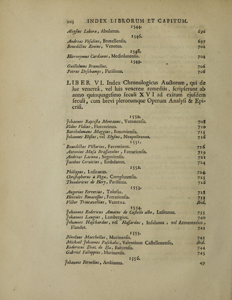 , , , J544* Aloyjius Lobera, Abulanus. 696 i 546. Andre as Vefalius, Bruxellenfis. 697 Bene ditius Rmms, Venetus. 702, 1548. Hieronymus Cardanus, Mediolanenfis. 704 1549- Guillelmus Brunellus. 70 £ Fetrus Defchamps, Parifinus. 706 LIBER VI. Index Chronologicus Au&orum, qui de Jue venerea, vel luis Venereae remediis, fcripferunt ab anno quinquagefimo feculi X V I ad exitum ejufdem feculi 9 cum brevi plerorumque Operum Analyfi & Epi- crifi. 1550. J oh annes Baptijla Montanus, Veronenfis. Fidus Fidius, Florentinus. Bartholomctus Maggius, Bononienfis. fohannes Elijius, vel Elyjius, Neapolitanus, 15 51 • Beneditlus Vitlonus, Faventinus. Antonius Mufa Brajfavolus » Ferrari en fis, Andreas Lacuna, Segovienfis. facobus Comicius , Enibdanus, 15 5-2' Philippus, Lufiranus. Chrijlophorus a Fega, Complutenfis. Theodoricus de Hery, Parifinus. 1 553* Augerius Ferrerius, Tolofas. Hercules Bonacojfus 3 Ferrarienfis. Ficlor Tnncavellius, Venetus. r 5 54» ^oh annes Rodencus Amatus de Cajlello albo, Lufitanus, fohannes Langius , Lenibergius. johannes Hafchardus, vel Haffardus , Infulanus > vel Flander. 1 555^ JVicolaus Macchellus, Mutinenfis. Michael ‘j oh annes Pafchahs, Valentinus Caftellonenfis. Rodericus Diaz, de Ijla, Baecenfis. Gabriel Falloppius, Mutinenfis. 1556. fohames Fernelius, Ambianus. 708 710 715 716 716 719 721 724 724* 725 716 728 73$ lbid> 735 740 Armenterius, 741 743 Jbid, 744 745 4P