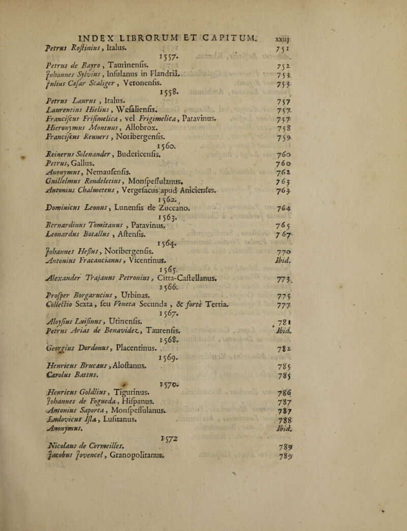 Petrus Rojlinius, Italus. _ ! 557- Petrus de Bayro , Taurinenfis. foh annes Sylvius, Infulanus in Flandria. ' 'julius Cajar Scaliger , Veronenfis. 1558. Petrus Laurus , Italus. Laurentius Hielius, Weialienfis. Francifcus Frijimelica , vel Frigi melica, Patavinas. Hieronymus PAontuus, Allobrox. Francifcus Renners, Noiibergenfis. 1 560. Reinerus Solenander, Budericenfis. Petrus, Gallus. Anonymus > Nemaufenfis. Cuillelmus Rondeletius, M o n (p e fi 11 l a nus. Antonius Chalmeteus, Vergefacus apud Anicienfss, Dominicus Leonus, Lunenfis de Zuccano. 1 563. Bernardinus Tomitanus , Patavinus. Leonardus Botallus , Aftenfis. 1564. fohannes Hefus, Noribergen fis. Antonius Fracancianus >• Vicentinus. »5^5 Alexander Trajanus Petronius 3 Citta-Caftellanus. 2 566: Profper Borgarucius, Urbinas. Colleftio Sexu, feu Veneta Secunda , Sz forte Tertia. I 567. Aloyfus Luifnus, Uti neniis. Petrus Arias de Benavidez,> Tau ren fis, 1 568. Georgius Dordonus, Placentinus. , 1 569. Henricus Brucaus, Aloftanus. Garolus Battus. y 1570, Henricus Goldlius, Tigurinus. j oh annes de Fogueda, Hifpanus. Antonius Saporta, Monipefiulanus, JLudovicur IJla, Lufitanus. Anonymus. r572 Nicolaus de Cormeilles. ficobus Jovencel, Granopolitanus, xxiij 75i 75* 755 753 757 757- 757 75$ 759 760 760 JGZ 7 6 3 76* 764 765 767 770 773. 775 777 , 78» Jbld. 7%2, 785 785 786 787 787 788 Ibid. 789' 789