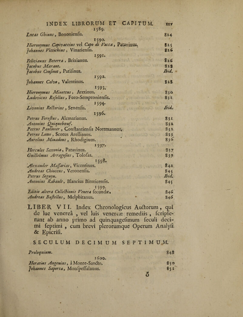 1589. Ziicas Ghinus, Bononienfis. 159 o. Hieronymus Capivaecius vel Capo di Vacca, Patavinus» 'j-oh annes Vittichius, Vinarienus. I59I» Felicianus Beterra , Brixianus. Jacobus Alar an t. facobus Coujinot, Parifinus. ' t . I592' ^oh annes Caho, Valentinus. 1593- Hieronymus Alinettus, Aretinus. Ludovicus Rofellus, Foro-Sempronicnfis. 1594* Livomus Reblonus, Scnenns. 159^. Petrus Forefius, Alcmarianus. Antonius Quiqueboeuf. Petrus Paulmier , Conflrantienfis Nortmaiinus, Petrus Loroe , Scotus Arellianus. Aurelius Minadous , Rhodigiaus. 1 597* Hercules Saxoma, Patavinus. Guillelmus Arragojius, Tolofas. 1 59^-. Alexander Afajfarias, Vicentinus. Andreas Chioccus, Veronenfis. Petrus Seguyn. Antonius Rabault, Blandus Bituriccnfis. f. . . • 1599* Fditio altera ColleEhonts Veneta fecunda!* Andreas Bajlellus, Melpbitanus. 814 1. 825 gz<£ 826 81$ Ibid. - 818 850 851 Ibidi. 851 832 S32 833 83<* 837 837 842 843 Ibid. §45 84^ 84<5 LIBER VII. Index Chronologicus Au&orum, qui de lue vencrea , vel luis venertse remediis , feripie- runt ab anno primo ad quinquagefimum feculi deci¬ mi feptimi , cum brevi plerorumque Operum Analyll & Epicrifi. SECULUM DECIMUM SEPTIMU.M. Proloquium. 1600. Horatius Au genius, a Monte-Sando. fohannes Saportay Monfpeffulanus. 848 850 85 x 5