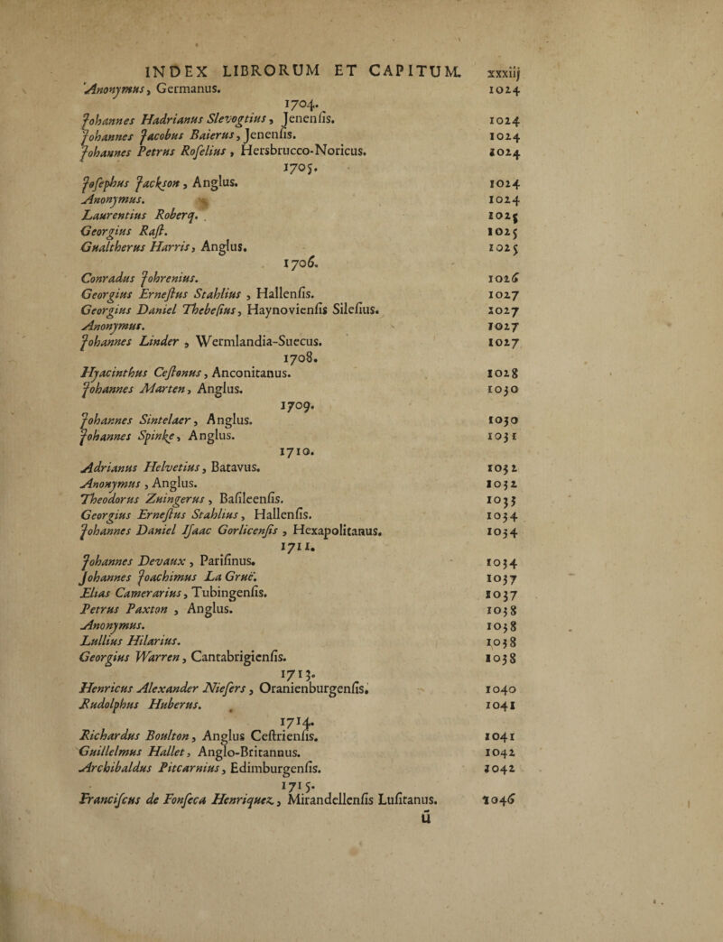V INDEX LIBRORUM ET CAPITUM. Anonymus, Germanus. i / 04» fohannes Hadrianus Slevogtius, Jenenfis. fohannes facobus Baierus, Jenenfis. fohannes Petrus Rofelius , Hersbrucco-Noricus. J705. fofephus jackson, Anglus. Anonymus. Laurentius Roberq. Georgius Rafi. Gualtherus Harris, Anglus. 1706. Conradus fohrenius. Georgius Ernefius Stahlius , Hallenfis. Georgius Daniel Thebe[ius 3 Haynovicnfis Silefius. Anonymus. fohannes Linder , Wermlandia-Suecus. 1708. Hyacinthus Ceftonus, Anconitanus. ‘fohannes Marten, Anglus. 1709. fohannes Sintelacr, Anglus. fohannes Spinae, Anglus. 1710. Adrianus Helvetius, Batavus. Anonymus , Anglus. Theodorus Zuingerus, Bafileenfis. Georgius Ernejlus Stahlius, Hallenfis. fohannes Daniel IJaac Gorlicenjis , Hexapolitanus. 1711. fohannes Devaux, Parifinus. j oh annes foachimus La Grue. Elias Camerarius ^ Tubingenfis. Petrus Paxton , Anglus. Anonymus. Lullius Hilarius. Georgius Warren, Cantabrigicnfis. 17150 Henricus Alexander Niefers, Oranienburgenfis. Rudolphus Huberus. 1714. Richardus Boulton, Anglus Ceftrienfis. Guillelmus Hallet, Anglo-Britannus. Archibaldus P ite armus, Edimbureenfis. O I7I5* JrancifcHs de Fonfeca Henriquez., Mirandellenfis Lufitanus. m* u xxxiij 1014 1024 1024 1024 1024 1024 1025 1025 1025 102 (* 1027 1027 1027 1027 1028 1030 1030 1031 103 2 1032 1035 1034 1054 1034 1037 2037 1038 1038 1038 1038 1040 1041 1041 1042 J042 1046