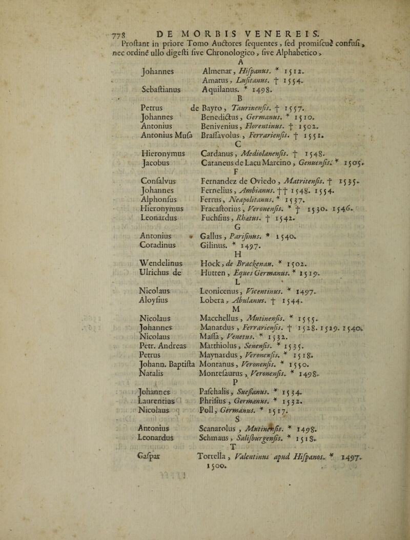 Proliant in priore Tomo Audtores fequentes, fed promifcu£ confnil» nec ordine ullo digelti live Clironologico, live Alphabetico , A Almenar, Hifpanus. ¥ 1512. Amatus, Lujitanus. f 1554. Aquilanus. * 1498. B ; de Rayro, Taurtnenfs. -f- 1557. Benedictus, Germanus. ¥ 1510. Benivenius, Florentinus, f 1502. Antonius Mula Brallavolus , Ferrarienjis. •{• 1551, C Cardanus , Mediolanenjis. -f I54S* Caraneus de Lacu Marcino, Genmnftsi ¥ 1505. F Fernandez de Oviedo , Matritenjis. f 15 3 5* Fernelius, Ambimus, 1548. 1554« Johannes Sebaftianus Petrus Johannes Antonius Hieronymus Jacobus Confalvus Johannes Alphonfus Hieronymus Leonardus Antonius Coradinus Wendelinus Ulrichus de Nicolaus Aloyfius Nicolaus Johannes Nicolaus Petr. Andreas- Petrus Ferrus, Neapolitanus. * 1537. Fracaltorius , Veronenjis. ¥ 15 50. 1546» Fuchfius, Rh&tus. -f 1542. G Gallus , Parijinus. * 1540. Gilinus. ¥ 1497. H Hock yde BracJ^enau. ¥ 1502. Hutten , Eques Germanus. * 1510^ L Leonicenus, Vicentinm. ¥ 1497. Lobera, Abulanm. f 1544. M Macchellus , Mutinenjis. ¥ 1555. Manardus , Ferrarienjis. f 1528. 1525?» I54<X Malia, Venetus. ¥ 1532. Matthiolus, Senenjis. ¥ 1535. Maynardus , Veronenjis. ¥ 1518* Johann. Baptifta Montanus, Veronenjis. ¥ 1550. Natalis Johannes Laurentius Nicolaus , I ; J • ' y * Antonius Leonardus .i Gafpar 3-. Montelaurus , Veronenjis. ¥ 149 8» P Pafchalis, Sue Janus. ¥ 1534. Phrifius , Germanus. ¥ 1532. Poli , Germanus. ¥ 1517. S Scanarolus , Mutinefijis. ¥ 1498. Schmaus , Salijburgenjis. * 1 5 1 3* T Torrella , Valentinus apud Hifpanos* 1500.