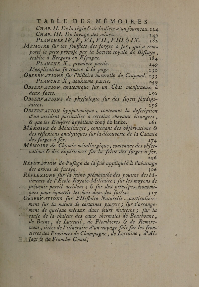 Ch AP. IL De la régie & Le la diete d'un fourneau. 124 Ch AP. III, Du lavage des mines. 145; Planches 1F, F3 FI, FII3 FIII & IX. 182 MÉMOIRE fur les foufflets des forges a fer, qui a rem¬ porté le prix propofé par la Société royale de Bifcaye 3 établie a Bergara en Efpagne. 184 PLANCHE X , première partie. 242 L3explication fe trouve a la page 230 OBSERVATIONS fur l3hifloire naturelle du Crapaud. 233 PLANCHE X 3 deuxieme partie. 245» OBSERVATION anatomique fur un Chat monflrueux a deux faces. 250 Observations de phyfiologie fur des fujets fexdigi- taires. 256 OBSERVATION hyppôlomique , contenant la defcription d3un accident particulier a certains chevaux étrangers 3 & que les Ecuyers appellent coup de lance. 261 MÉMOIRE de Métallurgie 3 contenant des obfervations & des réflexions analytiques fur la découverte de la Cadmie des forges a fer. 274 MÉMOIRE de Chymie métallurgique 3 contenant des obfer¬ vations & des expériences fur la fritte des forges a fer. 25)6 RÉFUTATION de Vufage de la fcie appliquée a Labattage des arbres de futaye. 306 RÉFLEXIONS fur la ruine prématurée des poutres des bâ¬ timents de V Ecole Roy ale-Militaire ; fur les moyens de prévenir pareil accident ; & fur des principes économi¬ ques pour équarrir les bois dans les forêts. 317 OBSERVATIONS fur l3 Hifloire Naturelle , particuliére¬ ment fur la nature de certaines pierres ; fur !arrange¬ ment de quelque métaux dans leurs minières ; fur la caufe de la chaleur des eaux thermales de Bourbonne , de Bains, de Luxeuil 3 de Plombières & de Remire- mont , tirées de Vitinéraire d3un voyage fait fur les fron¬ tières des Provinces de Champagne 3 de Lorraine 9 d3 Al- é face & de Franche- Comtéy