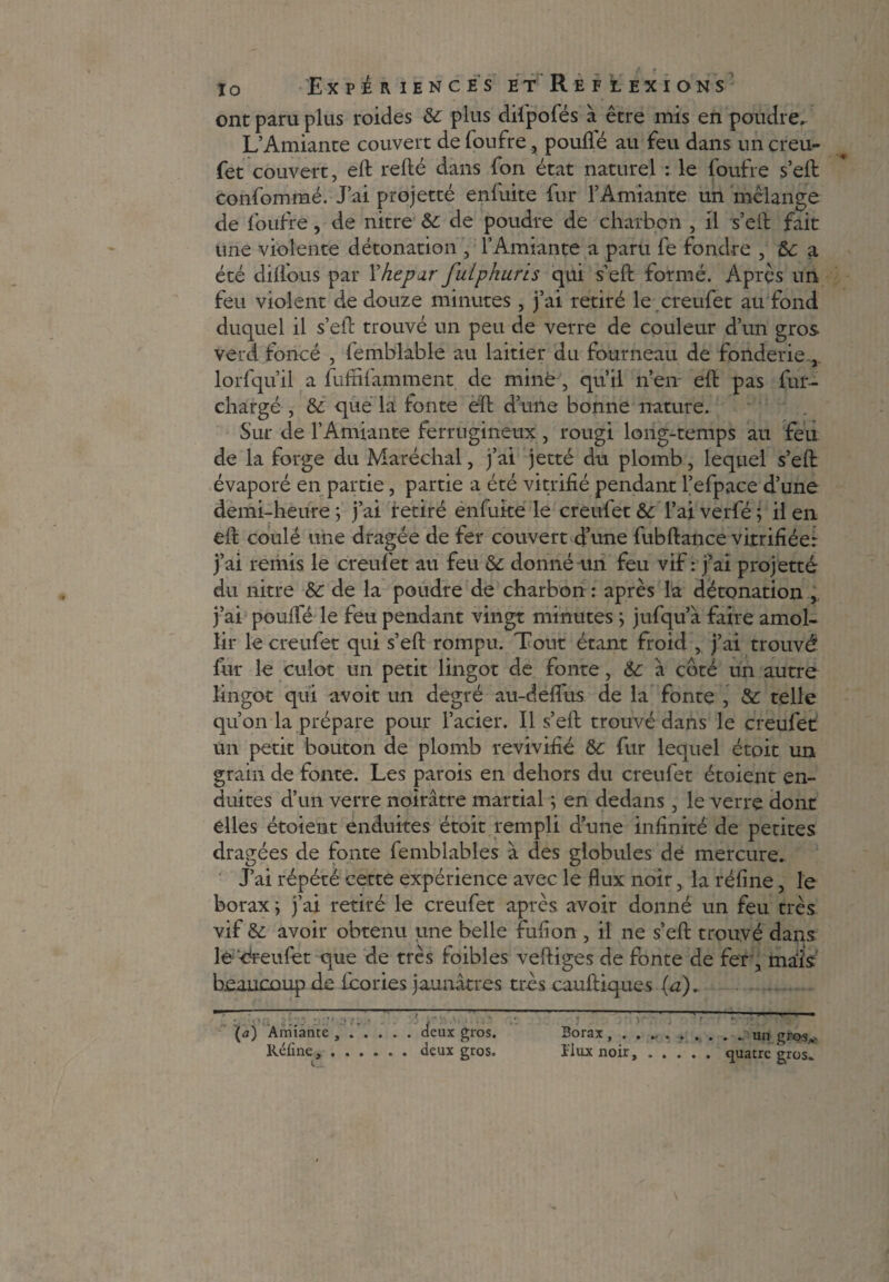 ont paru plus roides & plus difpofés à être mis en poudre, L’Amiante couvert de foufre, poulie au feu dans un creu- fet couvert, eft relié dans Ion état naturel : le foufre s’elf confommé. J’ai projetté enfuite fur l’Amiante un mélange de foufre, de nitre &: de poudre de charbon , il s’eil fait une violente détonation , l’Amiante a paru fe fondre , a été dilfous par X ht par fulphuris qui s’ell formé. Après un feu violent de douze minutes , j’ai retiré le creufet au fond duquel il s’eil trouvé un peu de verre de couleur d’un gros verd foncé , femblable au laitier du fourneau de fonderie , lorfqu’il a fufnfamment de miné, qu’il n’en efb pas fur- chargé , & que la fonte eït d’une bonne nature. Sur de l’Amiante ferrugineux , rougi long-temps au feu de la forge du Maréchal, j’ai jetté du plomb, lequel s’ell évaporé en partie, partie a été vitrifié pendant l’efpace d’une demi-heure ; j’ai retiré enfuite le creufet &: l’ai verfé ; il en ell coulé une dragée de fer couvert d’une fubfiance vitrifiée: j’ai remis le creufet au feu & donné un feu vif : j’ai projetté du nitre Sc de la poudre de charbon : après la détonation , j’ai poulfé le feu pendant vingt minutes ; jufqu’â faite amol¬ lir le creufet qui s’eft rompu. Tout étant froid , j’ai trouvé fur le culot un petit lingot de fonte, & à coté un autre lingot qui avoit un degré au-deflus de la fonte , & telle qu’on la prépare pour l’acier. Il s’eft trouvé dans le creufet un petit bouton de plomb revivifié fur lequel étoit un grain de fonte. Les parois en dehors du creufet étoient en¬ duites d’un verre noirâtre martial ; en dedans, le verre dont elles étoient enduites étoit rempli d’une infinité de petites dragées de fonte femblables à des globules de mercure. J’ai répété cette expérience avec le flux noir, la réfine, le borax ; j’ai retiré le creufet après avoir donné un feu très vif &: avoir obtenu une belle fufion , il ne s’eft trouvé dans: le^-dreufet que de très foibles veftiges de fonte de fer, maïs beaucoup de icories jaunâtres très cauftiques (a). . (a) Amiante, deux gros. Borax, .......... un grosv Réfine,.deux gros. Eluxnoir,.quatre gros.