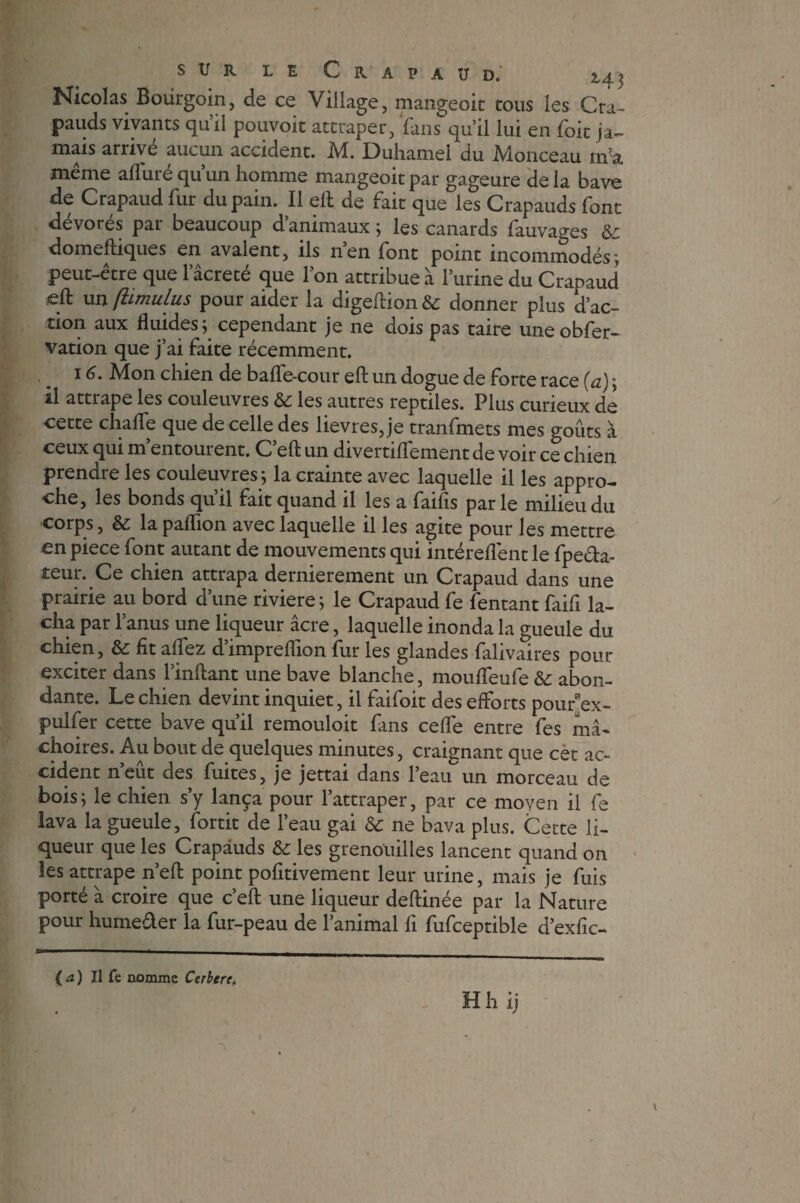 Nicolas Boiirgoin, de ce Village, mangeoit cous les Cra¬ pauds vivants qu’il pouvoir attraper, fans qu’il lui en foie ja¬ mais arrivé aucun accident. M. Duhamel du Monceau m’a même alluré qu’un homme mangeoit par gageure delà bave de Crapaud fur du pain. Il eft de fait que les Crapauds font dévorés par beaucoup d’animaux ; les canards fauvages domeftiques en avalent, ils n’en font point incommodés; peut-être que l’âcreté que l’on attribue à l’urine du Crapaud eft unftimulus pour aider la digeftion& donner plus d’ac¬ tion aux fluides ; cependant je ne dois pas taire uneobfer- vation que j’ai faite récemment. 16. Mon chien de baffe-cour eft un dogue de forte race (a) ; il attrape les couleuvres & les autres reptiles. Plus curieux de cette chafle que de celle des lievres, je tranfmets mes goûts à ceux qui m’entourent. C’eft un divertiffement de voir ce chien prendre les couleuvres; la crainte avec laquelle il les appro¬ che, les bonds qu’il fait quand il les a faifis parle milieu du corps, & la paflion avec laquelle il les agite pour les mettre en piece font autant de mouvements qui intéreflent le fpeda- teur. Ce chien attrapa dernièrement un Crapaud dans une prairie au bord d’une riviere ; le Crapaud fe fentant faifi lâ¬ cha par l’anus une liqueur âcre, laquelle inonda la gueule du chien, &: fit allez d’impreflion fur les glandes falivaires pour exciter dans l’inftant une bave blanche, mouffeufe & abon¬ dante. Le chien devint inquiet, il faifoit des efforts pourex- pulfer cette bave qu’il remouloit fans ceffe entre fes mâ¬ choires. Au bout de quelques minutes, craignant que cet ac¬ cident n’eut des fuites, je jettai dans l’eau un morceau de bois; le chien s’y lança pour l’attraper, par ce moyen il fe lava la gueule, fortit de l’eau gai & ne bava plus. Cette li¬ queur que les Crapauds & les grenouilles lancent quand on les attrape n’eft point pofitivement leur urine, mais je fuis porté â croire que c’eft une liqueur deftinée par la Nature pour humeder la fur-peau de l’animal fi fufceptible d’exfic- Hh ij (a) Il fe nomme Cerberc.