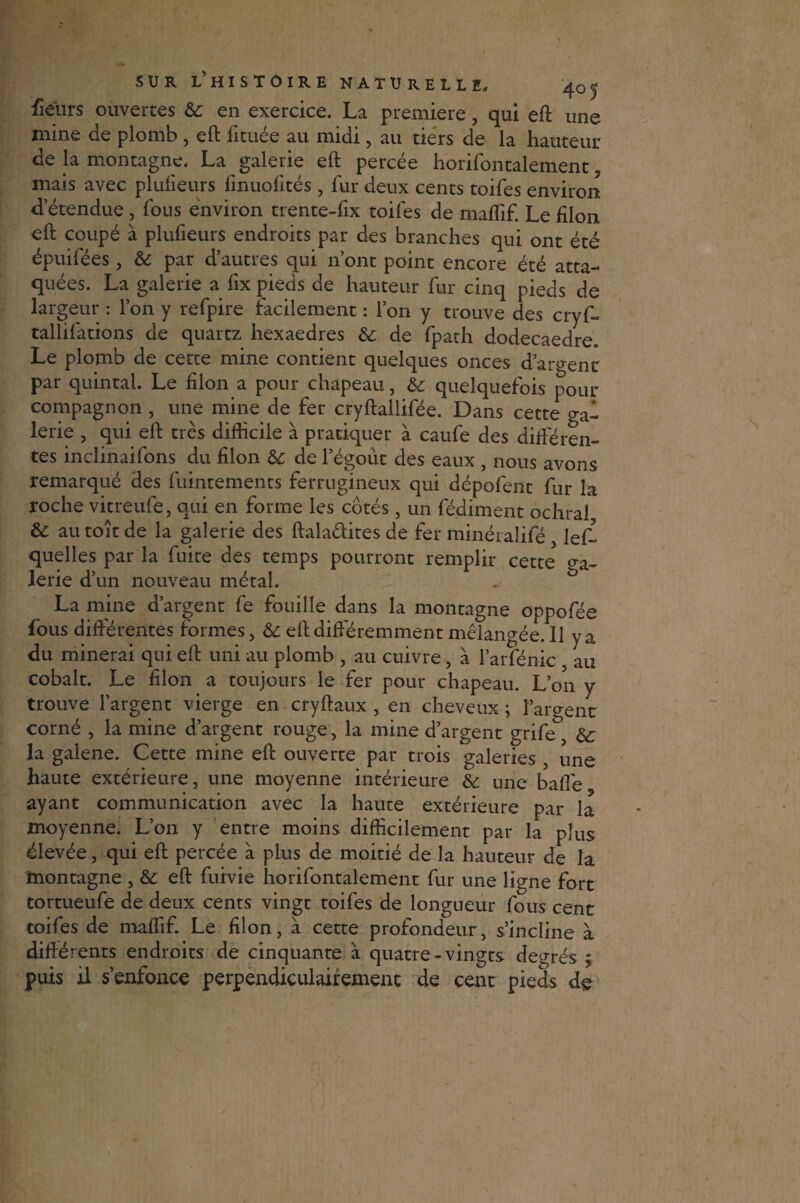 fiéurs ouvertes & en exercice. La première, qui eft une mine de plomb , eft fituée au midi, au tiers de la hauteur de la montagne. La galerie eft percée horifontalement, mais avec plufieurs linuolités , fur deux cents toifes environ d’étendue , fous environ trente-fix toifes de maiïif. Le filon eft coupé à plufieurs endroits par des branches qui ont été épuifées , & par d’autres qui n’ont point encore été atta¬ quées. La galerie a fix pieds de hauteur fur cinq pieds de largeur : l’on y refpire facilement : l’on y trouve des cryf- tallifations de quartz hexaedres & de fpath dodecaedre. Le plomb de cette mine contient quelques onces d’argent par quintal. Le filon a pour chapeau, & quelquefois pour compagnon , une mine de fer cryftallifée. Dans cette gai lerie , qui eft très difficile à pratiquer à caufe des différen¬ tes inclinaifons du filon & de l’égout des eaux , nous avons remarqué des fuintements ferrugineux qui dépofent fur la roche vitreufe, qui en forme les côtés, un fédiment ochral au toît de la galerie des ftala&ites de fer minéralifé lef- quelles par la fuite des temps pourront remplir cette ga¬ lerie d’un nouveau métal. La mine d’argent fe fouille dans la montagne oppofée fous différentes formes, & eft différemment mélangée. Il y a du minerai qui eft uni au plomb , au cuivre, à l’arfénic , au cobalt. Le filon a toujours le fer pour chapeau. L’on y trouve l’argent vierge en cryftaux , en cheveux ; l’argent corné , la mine d’argent rouge, la mine d’argent grife } &; la galene. Cette mine eft ouverte par trois galeries , une haute extérieure, une moyenne intérieure & une balle ayant communication avec la haute extérieure par la moyenne. L’on y entre moins difficilement par la plus élevée, qui eft percée à plus de moitié de la hauteur de la montagne , &c eft fuivie horifontalement fur une ligne fort tortueufe de deux cents vingt toifes de longueur fous cent toifes de maffif. Le filon, à cette profondeur, s’incline à différents endroits de cinquante à quatre-vingts degrés ; puis il s’enfonce perpendiculairement de cent pieds de
