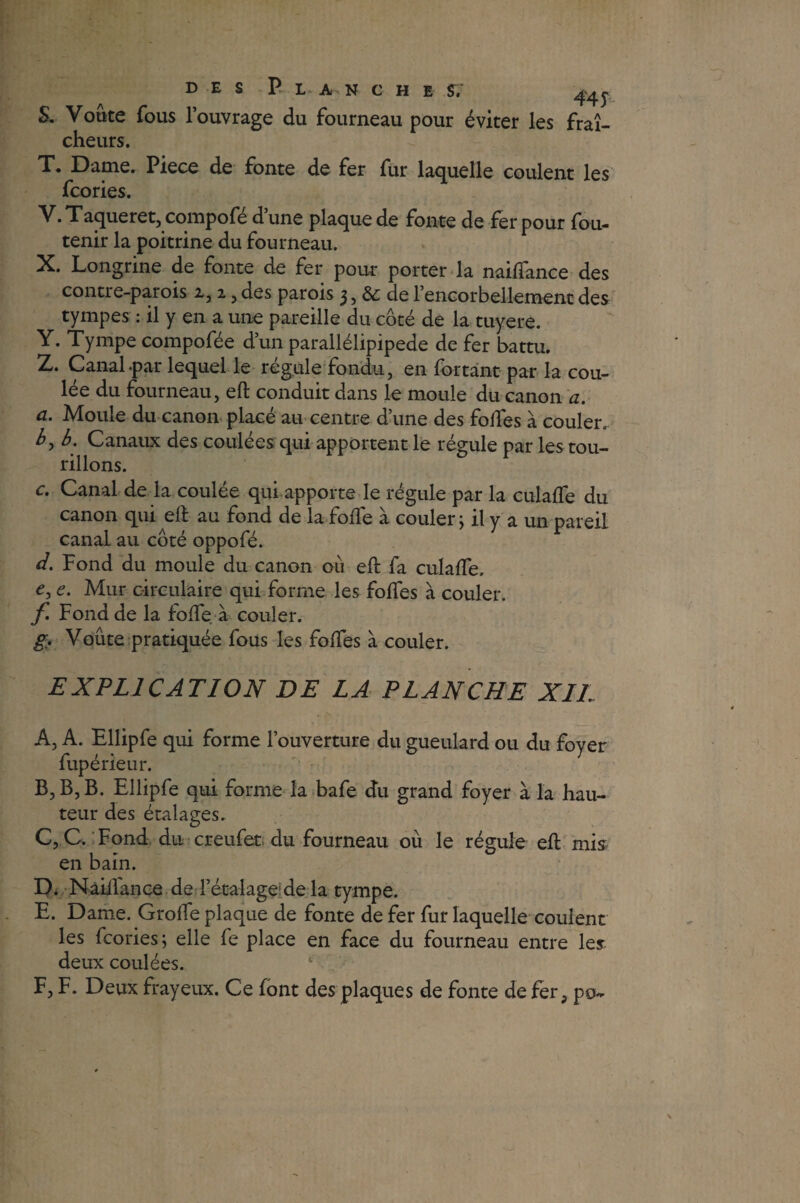 DES P L A^N C H E $ï S. Voûte fous l’ouvrage du fourneau pour éviter les fraî¬ cheurs. T. Dame. Piece de fonte de fer fur laquelle coulent les fcories. V. Taqueret, compofé d’une plaque de fonte de fer pour fou- tenir la poitrine du fourneau. X. Longrine de fonte de fer pout porter la nailfance des contre-parois i, 1, des parois 3, & de l’encorbellement des tympes : il y en a une pareille du côté de la tuyere. Y. Tympe compofée d’un parallélipipede de fer battu. Z. Canal -par lequel le régule fondu, en fortant par la cou¬ lée du fourneau, eft conduit dans le moule du canon a. a. Moule du canon placé au centre d’une des folles à couler. b. Canaux des coulées qui apportent le régule par les tou¬ rillons. c. Canal de la coulée qui apporte le régule par la culalTe du canon qui eft au fond de la folle a couler ; il y a un pareil canal au côté oppofé. d. Fond du moule du canon ou eft fa culalTe. £, e. Mur circulaire qui forme les folfes à couler. f Fond de la folfe à couler. g> Voûte pratiquée fous les folfes à couler. EXPLICATION DE LA PLANCHE XIL A, A. Ellipfe qui forme l’ouverture du gueulard ou du foyer fupérieur. B, B, B. Ellipfe qui forme la bafe du grand foyer à la hau¬ teur des étalages. C, C. Fond du creufet du fourneau où le régule eft mis en bain. D, Nâiftance de l’étalage1 de la tympe. E, Dame. Grolfe plaque de fonte de fer fur laquelle coulent les fcories; elle fe place en face du fourneau entre ley deux coulées. F, F. Deux frayeux. Ce font des plaques de fonte de fer, po~