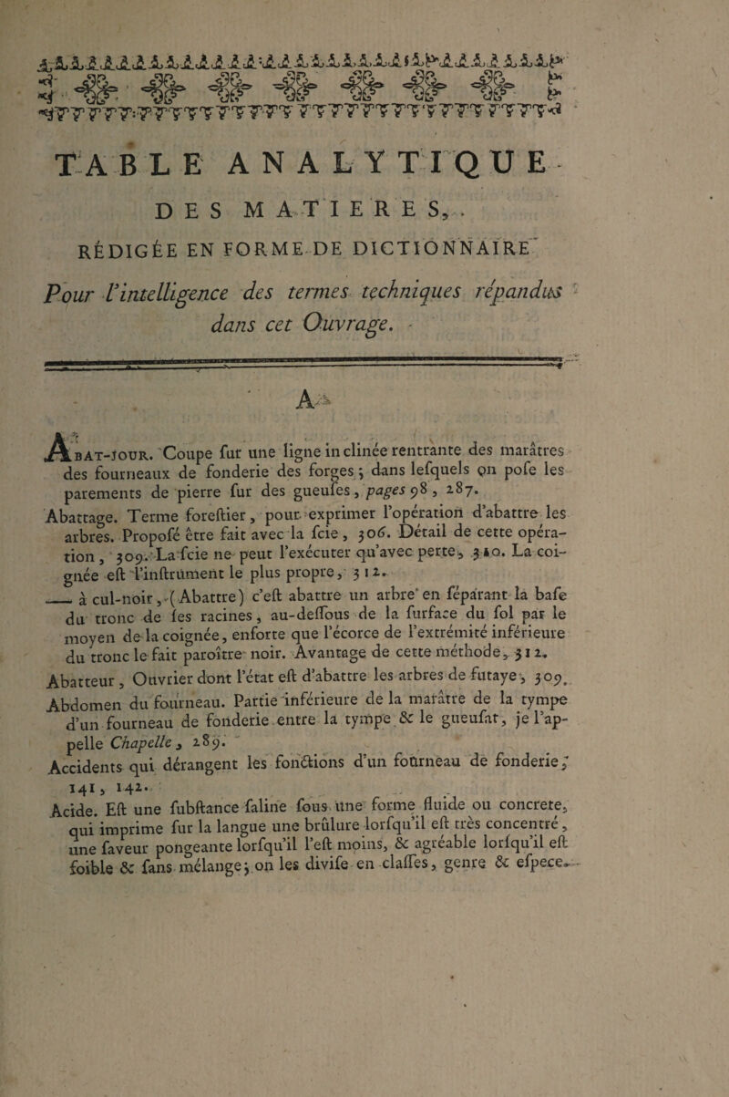 T4& ^ 4^ *#* 4it t TTTTT’TTTT TTT f'TTT^ TA BLE A N A L Y TIQ U E DES MATIERES,. RÉDIGÉE EN FORME DE DICTIONNAIRE Pour l'intelligence des termes techniques répandus dans cet Ouvrage. - Abat-tour. Coupe fur une ligne inclinée rentrante des marâtres des fourneaux de fonderie des forges j dans lefquels pn pofe les parements de pierre fur des gueufes, pages 98 , 287. Abattage. Terme foreftier, pour, exprimer l’opération d’abattre les arbres. Propofé être fait avec la fcie, 306. Détail de cette opéra¬ tion , 309. La fcie 11e peut l’exécuter qu’avec perte* 3 *o. La coi¬ gnée eft TinftrUment le plus propre, 3 1 _à cul-noir,-( Abattre) c’eft abattre un arbre* en fépârant la bafe du tronc de les racines, au-delfous de la furface du fol par le moyen de la coignée, enforte que l’écorce de l’extrémité inférieure du tronc lofait paroître- noir. Avantage de cette méthode, 312. Abatteur , Ouvrier dont l’état eft d’abattre les arbres de futaye, 309, Abdomen du fourneau. Partie inférieure delà marâtre de la tympe d’un fourneau de fonderie.entre la tympe & le gueufat, je l’ap¬ pelle Chapelle j 289. Accidents qui dérangent les fondions d’un fodrneau de fonderie ; 141, 142...- .. Acide. Eft une fubftance faline fous, une forme fluide ou concrète, qui*imprime fur la langue une brûlure lorfqu’il eft très concentré, une faveur pongeante lorfqu’il l’eft moins, & agréable lorlqu’il eft foible & fans mélange j on les divife en clafles, genre & efpece»-