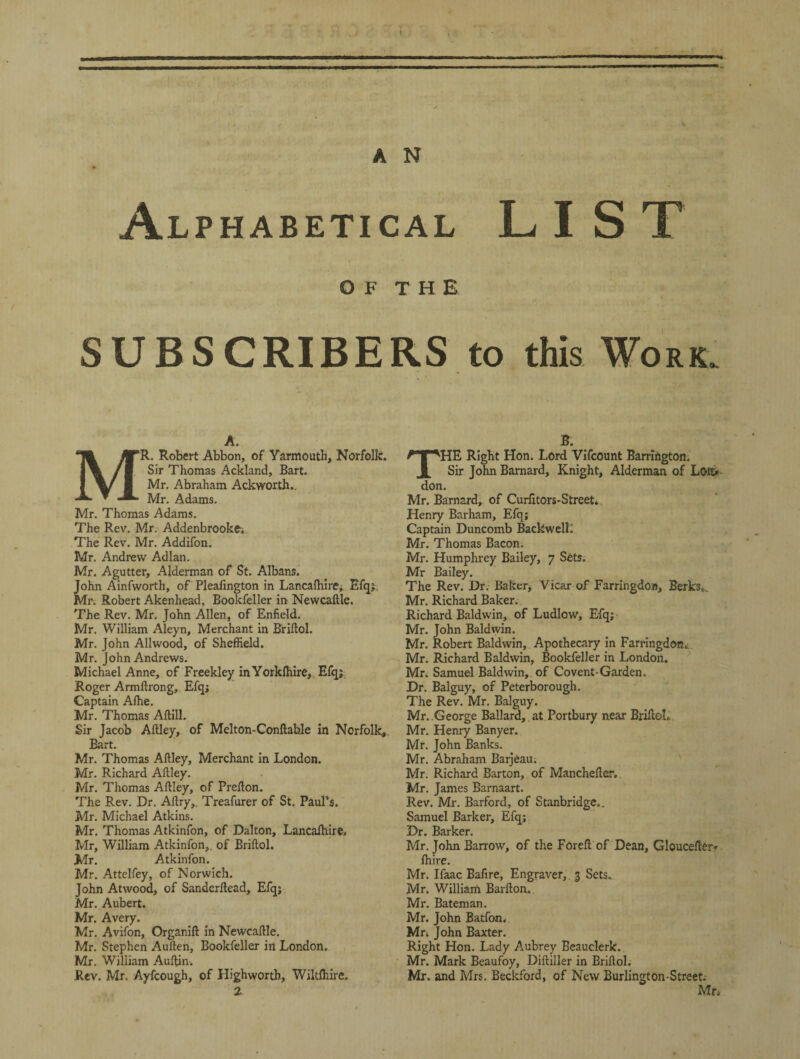 Alphabetical LIST O F T H E SUBSCRIBERS to this Work. A. R. Robert Abbon, of Yarmouth, Norfolk. Sir Thomas Ackland, Bart. Mr. Abraham Ackworths Mr. Adams. Mr. Thomas Adams. The Rev. Mr. Addenbrooke; The Rev. Mr. Addifon. Mr. Andrew Adlan. Mr. Agutter, Alderman of St. Albans. John Ainfworth, of Pleafington in Lancaihire, Efq;, Mr. Robert Akenhead, Bookfeller in Newcaftle. The Rev. Mr. John Allen, of Enfield. Mr. William Aleyn, Merchant in Briftol. Mr. John Allwood, of Sheffield. Mr. John Andrews. Michael Anne, of Freekley in Yorklhire, Efq; Roger Armftrong, Efq; Captain Afhe. Mr. Thomas Aftill. Sir Jacob Aftley, of Melton-Conftable in Norfolk,. Eart. Mr. Thomas Aftley, Merchant in London. Mr. Richard Aftley. Mr. Thomas Aftley, of Prefton. The Rev. Dr. Aftry,. Treafurer of St. Paul’s. Mr. Michael Atkins. Mr. Thomas Atkinfon, of Dalton, Lancalhire, Mr, William Atkinfon,. of Briftol. Mr. Atkinfon. Mr. Attelfey, of Norwich. John Atwood, of Sanderftead, Efq; Mr. Aubert. Mr. Avery. Mr. Avifon, Organift in Newcaftle. Mr. Stephen Auften, Bookfeller in London. Mr. William Auftin-. Rev. Mr, Ayfcough, of Highworth, Wiltftiire, 2 B. THE Right Hon. Lord Vifcount Barrington. Sir John Barnard, Knight, Alderman of Lon>- don. Mr. Barnard, of Curfitors-Street. Henry Barham, Efq; Captain Duncomb BackwelL Mr. Thomas Bacon. Mr. Humphrey Bailey, 7 Sets. Mr Bailey. The Rev. Dr. Baker, Vicar of Farringdon, Berkst Mr. Richard Baker. Richard Baldwin, of Ludlow, Efq; Mr. John Baldwin. Mr. Robert Baldwin, Apothecary in Farringdon. Mr. Richard Baldwin, Bookfeller in London. Mr. Samuel Baldwin, of Covent-Garden. Dr. Balguy, of Peterborough. The Rev. Mr. Balguy. Mr. .George Ballard, at Portbury near BriftoL Mr. Henry Banyer. Mr. John Banks. Mr. Abraham Barjeau. Mr. Richard Barton, of Manchefter. Mr. James Barnaart. Rev. Mr. Barford, of Stanbridge.. Samuel Barker, Efq; Dr. Barker. Mr. John Barrow, of the Foreft of Dean, Gloucefter* fhire. Mr. Ifaac Bafire, Engraver, 3 Sets. Mr. William Barfton. Mr. Bateman. Mr. John Batfon. Mn John Baxter. Right Hon. Lady Aubrey Beau clerk. Mr. Mark Beaufoy, Diftiller in Briftol. Mr. and Mrs. Beckford, of New Burlington-Street.