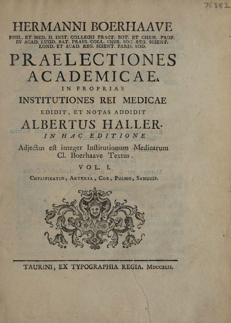HERMANNI BOERHAAVE PHIL. ET MED. D. INST. COLLEGII PRACT. BOT. ET CHEM. PROF. IN ACAD. LUGD. BAT. PRAES. COLL. CHIR. SOC. REG. PRUER LOND. ET ACAD. REG. SCIENT. PARIS. SOD. PRAELECTIONES ACADEMICAE. IN PROPRIAS INSTITUTIONES REI MEDICAE ALBERTUS HALLER. IN HAQ EDITIONE... Adjectus. eft integer Inftitutionum pedis t Cl. Boerhaave. Textus . V OL n CHYLIFICATIO ; ARTERIA, Éiok- PurMo; Saucuis. aevi AMIREGELODYQESO: de us IS TDmeeupon UEUnIVe DeYApUR E.) GMONEROU AMARE DT IPSOCu Scr] Gu£? GacAusuecr uem Po TAURINI, EX TYPOGRAPHIA REGIA. Mpccxrir. E [22