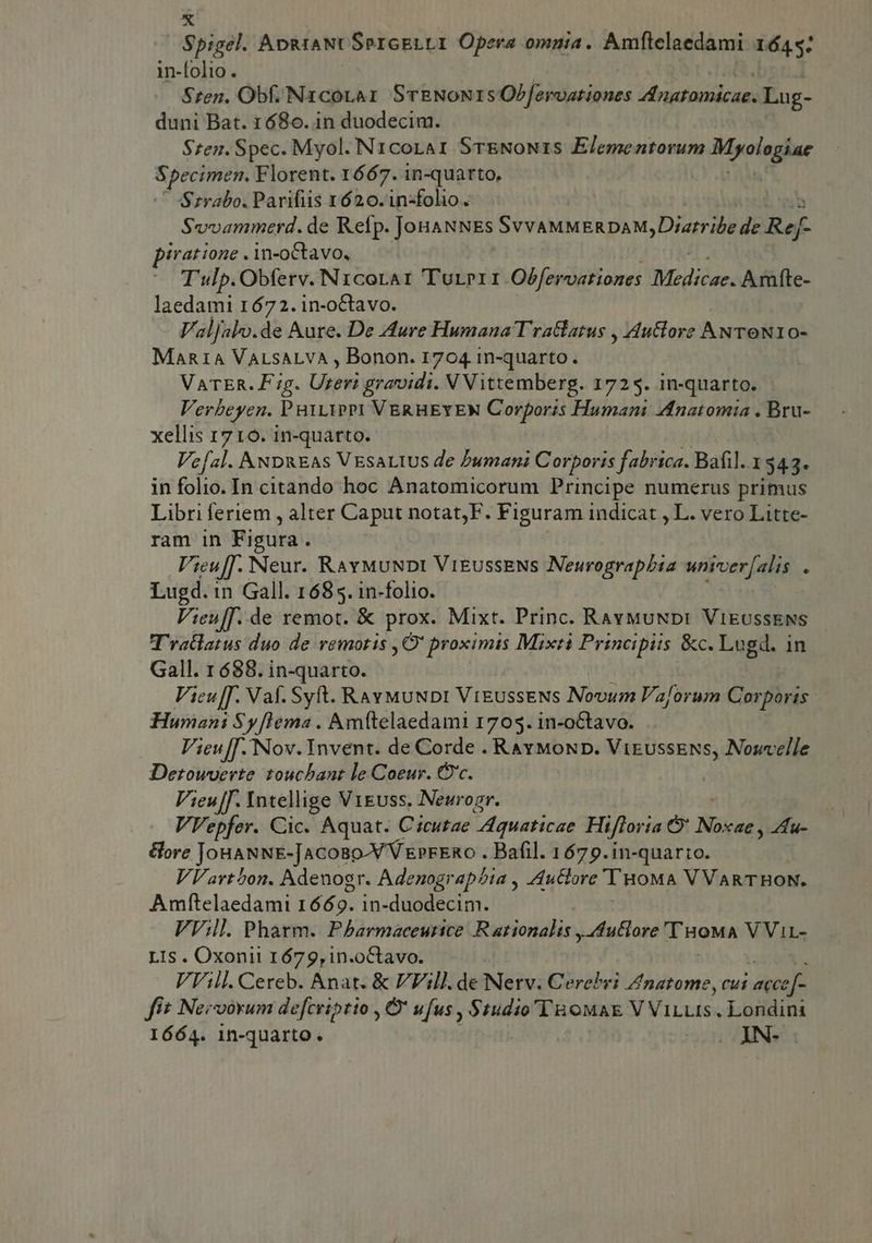 E: Spigel. ApRiANUSercELLI Opera omnia. Amflclaedami 1645. in-folio . Sren. Obf. N1cotar SrENoN1sObferoationes TP PSP RR Lug- duni Bat. 1 680. in duodecim. Szen. Spec. Myol. N1cora1 SrENoNzSs Elementorum Myolaghee Specimen. Florent. 1667. in-quarto, Srvabo. Parifiis 1620.1n-folio. ; Sovammerd. de Refp. Jouanies SVVAMMERDAM AM ire rd piratione . in-oCtavo, T'ulp. Obferv. N1corar Turpir. Obfervationes Medicae. Arafte- laedami 1672. in-oCtavo. Valjalo.de Aure. De Aure Humana T ratlatus , dutlore ANTON10- MARIA VALSALVA , Bonon. 1704. in-quarto . VaTER. Fig. Ureri gravidi. V Vittemberg. 1725. in-quarto. Verbeyen. PatLIPPI VERHEYEN Corporis Humani Anatomia . Bru- xellis 1716. in-quarto. Ve[al. ANpuEAs VEsaLtUs de bumani Corporis fabrica. Bafil. 1 543. in folio. In citando hoc Anatomicorum Principe numerus primus Libri feriem , alter Caput notat;F. Figuram indicat , L. vero Litte- ram in Figura. Vieu|f. Neur. RavMuNDI ViEUssENs Neurograpbia wer fatis ^ Lugd.in Gall. 1685. in-folio. Vieu[f. de emot. &amp; prox. Mixt. Princ. RavMuNpI MIEGO MN | Tratlatus duo de remotis , O' proximis Mixti Principiis &amp;c. Lugd. in Gall. 1 688. in-quarto. Vieu[f. Vaf. Syft. RaymuwDpI VrEusseNs Novum Va/orum Corporis Humani Sy[lema . Amttelaedami 1705. in-oCtavo. Vieu[f. Nov. Invent. de Corde . RavMoNp. ViEussENs, Nosvelle Detowuerte touchant le Coeur. Cc. | Vieu[f. Intellige ViEuss. Neurogr. VVepfer. Cic. Aquat. Cicutae Aquaticae Hifloria O Natae] Au- ore JouaNNE-[AcoBo-V V EPFERO . Bafil. 1679. in-quarto. VVartbon. Adenosr. Adenograpbia , Auctore Tuoua VVARTHBON. Amftelaedami 1669. in-duodecim. VVill Pharm. Pbharmaceurice Rationalis , Autlore T'HOMA VViL- LIS . Oxonii 1679, 1in.oCtavo. » VVAill.Cereb. Anat. &amp; VVill.de Nerv. Cerehri Znatome, cui m Jit Nervorum de[criptio , Ó* ufus , $1udio TEOMAE V ViLLIs. Londini IÓó4. 1n-quarto. j OIN-