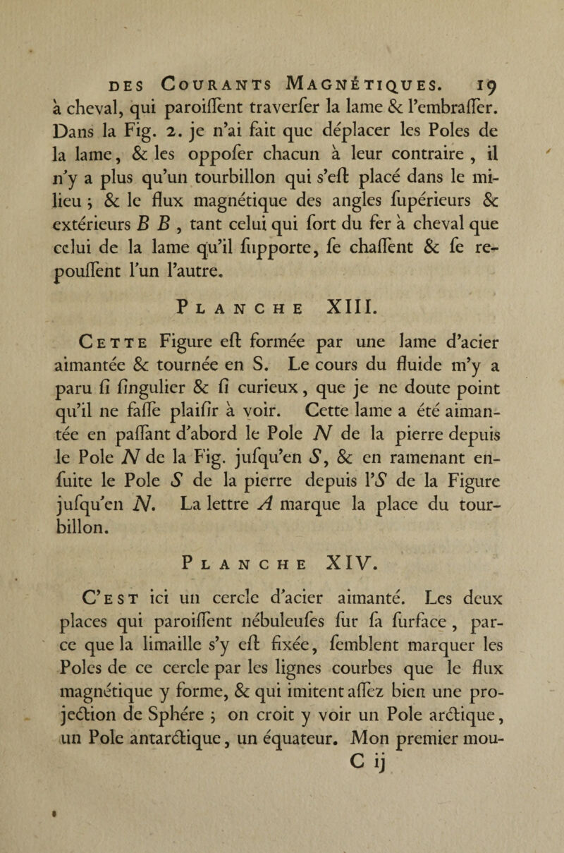 à cheval, qui parodient traverfer la lame Sc l’embraller. Dans la Fig. 2. je n’ai fait que déplacer les Pôles de la lame, & les oppofer chacun à leur contraire , il n'y a plus qu’un tourbillon qui s’eft placé dans le mi¬ lieu ; Sc le flux magnétique des angles fupérieurs Sc extérieurs B B , tant celui qui fort du fer à cheval que celui de la lame qu’il fupporte, fe chaflent & fe re- pouflent l'un l’autre. Planche XIII. Cette Figure eft formée par une lame d’acier aimantée Sc tournée en S. Le cours du fluide m’y a paru fi fingulier & fi curieux, que je ne doute point qu’il ne fafle plaifir à voir. Cette lame a été aiman¬ tée en paffant d'abord le Pôle TV de la pierre depuis le Pôle N de la Fig. jufqu’en S, Sc en ramenant en- fuite le Pôle S de la pierre depuis l\y de la Figure jufqu'en iV. La lettre A marque la place du tour¬ billon. Planche XIV. C’est ici un cercle d'acier aimanté. Les deux places qui paroiilent nébuleufes fur fa furface , par¬ ce que la limaille s’y efl; fixée, femblent marquer les Pôles de ce cercle par les lignes courbes que le flux magnétique y forme, Sc qui imitent allez bien une pro- jeétion de Sphère , on croit y voir un Pôle aréfique, un Pôle antarélique, un équateur. Mon premier mou- Cij