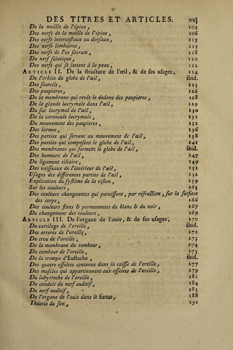 De la moelle de l'épine y 103 Des nerfs de la moelle de Vépine io£> Des nerfs intercofaux ou dorfaux 3 i1 5 Des nerfs lombaires 3 115: Des nerfs de Vos facrum 3 118 Du nerf fciatique120 Des nerfs qui fe jettent à la peau, 122 Article II. De la ftru&ure de l’œil, & de fes ufages5 124 De lyorbite du globe de l'œil 3 ibid. Des fourcils, 125 Des paupières 12 6 De la membrane qui revêt le dedans des paupières 3 1.28 De la glande lacrymale dans l'œil3 129 Du fac lacrymal de l'œil 130 De la caroncule lacrymale 13 z Du mouvement des paupières 132 Deslarmesj X 36 Des parties qui fervent au mouvement de l'œil * 138 Des parties qui compofent le globe de l'œil> 141 Des membranes qui forment le globe de l'œily ibid. Des humeurs de l'œil 3 I47 Du ligament ciliaire 147 Des vaiffeaux de l'intérieur de l'œil, 151 Vf âges des différentes parties de l'œil 3 152 Explication du fy (le me de la vif on 159 Sur les couleurs Des couleurs changeantes qui paroijjent j par réfraction j fur la furface des corps 3 166 Des couleurs fixes & permanentes du blanc & du noir 167 Du changement des couleurs 169 Article III. De l’organe de l’ouïe, & de fes ufage& 3 fijo Du cartilage de l'oreille ibid. Des arteres de l'oreille 3 x 7 z Du trou de l'oreille y ' 17 5 De la membrane du tambour3 *74 Du tambour de l'oreille3 . .*75 De la trompe d'Euftache 3 ibid. Des quatre offelets contenus dans la caffe de l'oreilles 177 Des mufcles qui appartiennent aux offelets de l'oreille # 179 Du labyrinthe de l'oreille 181 Du conduit du nerf auditifs 1 ^4 Du nerf auditif 3 • 1 ^ 5 De l'organe de l'ouie dans le fœtus y *^8 Théorie du fon 3 3£9rî