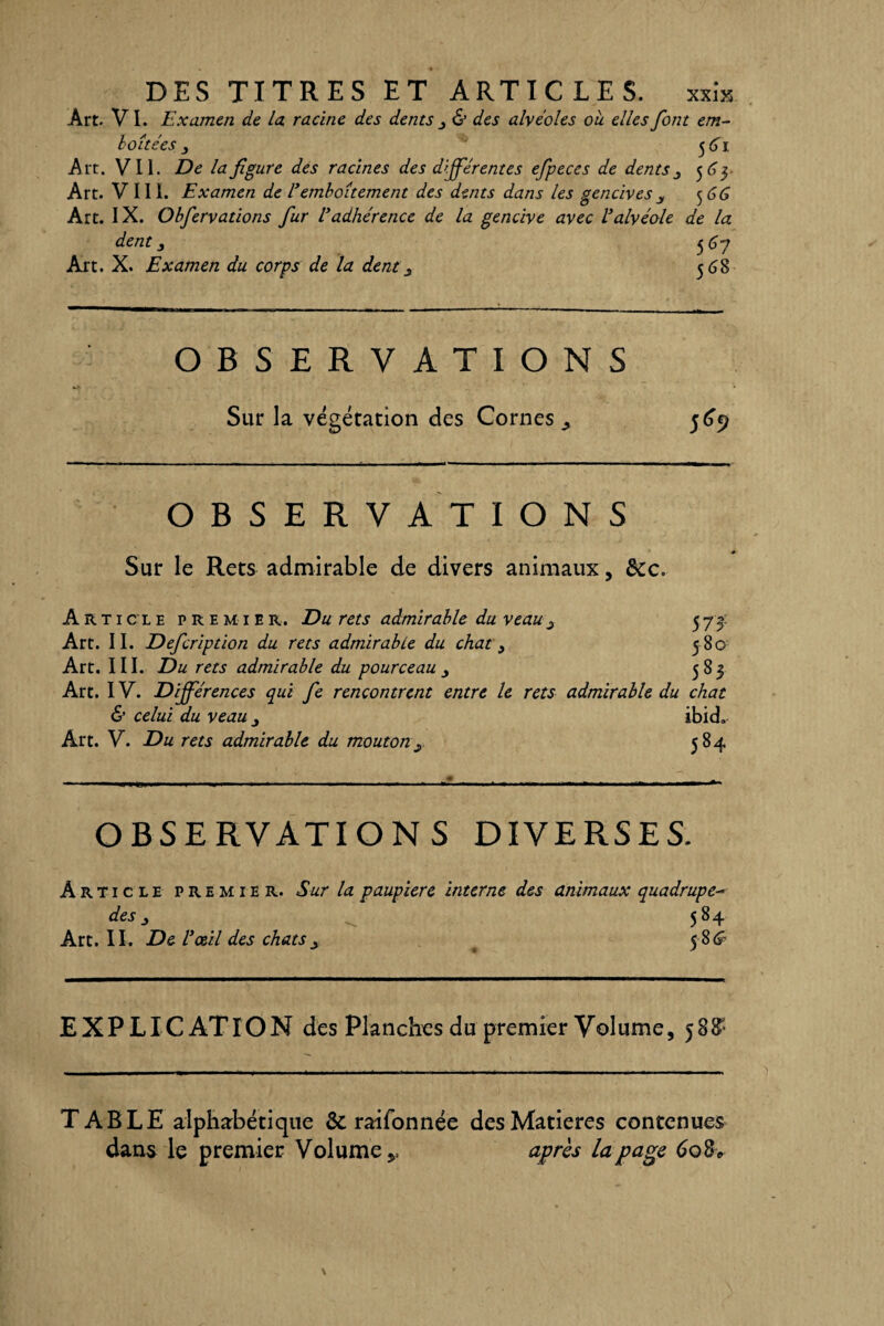 Art. VI. Examen de La racine des dents 6’ des alvéoles ou elles font em¬ boîtées j 5 61 Art. Vil. De la figure des racines des différentes efpeces de dents 3 5 6 y Art. VIII. Examen de l’emboîtement des dents dans les gencives 3 ^6 G Art. IX. Obfervations fur lyadhérence de la gencive avec Valvéole de la dent j 567 Art. X. Examen du corps de la dent3 568 OBSERVATIONS Sur la végétation des Cornes 569 OBSERVATIONS Sur le Rets admirable de divers animaux, &c. Article premier. Du rets admirable du veau3 5yf Art. II. Defcription du rets admirable du chat 3 580 Art. III. Du rets admirable du pourceau 3 583 Art. IV. Différences qui fe rencontrent entre le rets admirable du chat & celui du veau 3 ibid. Art. V. Du rets admirable du mouton 3 584 OBSERVATIONS DIVERSES. Article premier. Sur la paupière interne des animaux quadrupè¬ des _j 584 Art. II. De Vœil des chats 3 58(3' EXPLICATION des Planches du premier Volume, 58$ TABLE alphabétique & raifonnée des Matières contenues dans le premier Volume après la page 60 8>