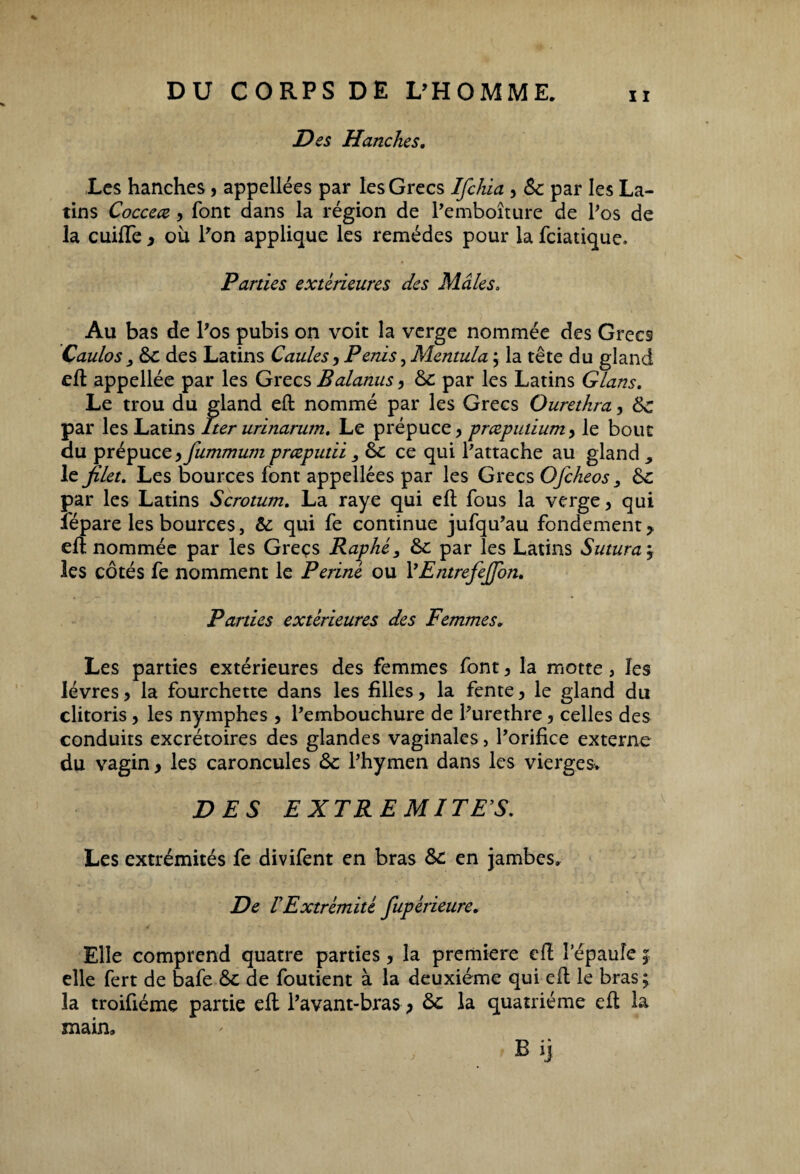 Des Hanches. Les hanches, appellées par les Grecs Ifchla , 6c par les La¬ tins Coccece y font dans la région de Pemboîture de Pos de la cuiiïe > où l’on applique les remèdes pour la feiatique. Parties extérieures des Mâles. Au bas de Pos pubis on voit la verge nommée des Grecs Caulos &c des Latins Caules y Pénis, Mentula ; la tête du gland eft appellée par les Grecs Balanus y &c par les Latins Glans. Le trou du gland eft nommé par les Grecs Ourethra, &c par les Latins lter urinarum. Le prépuce y preeputiumy le bout du prépuce y fummum prœputii & ce qui l’attache au gland le filet. Les bources font appellées par les Grecs OJcheos, &c par les Latins Scrotum. La raye qui eft fous la verge y qui lépare les bources, & qui fe continue jufqu’au fondement > eft nommée par les Greçs Raphé, 6>c par les Latins Sutura ÿ les côtés fe nomment le Periné ou PEntrefejfon. Parties extérieures des Femmes. Les parties extérieures des femmes font y la motte, les lèvres y la fourchette dans les filles, la fente, le gland du clitoris , les nymphes , Pembouchure de Purethre, celles des conduits excrétoires des glandes vaginales, l’orifice externe du vagin, les caroncules &: Phymen dans les vierges. DES EXTREMITES. Les extrémités fe divifent en bras &c en jambes. De l'Extrémité fupérieure. Elle comprend quatre parties > la première eft 1 epauîe j elle fert de bafe &c de foutient à la deuxième qui eft le bras ; la troifiéme partie eft Pavant-bras ; Sc la quatrième eft la main, B ij