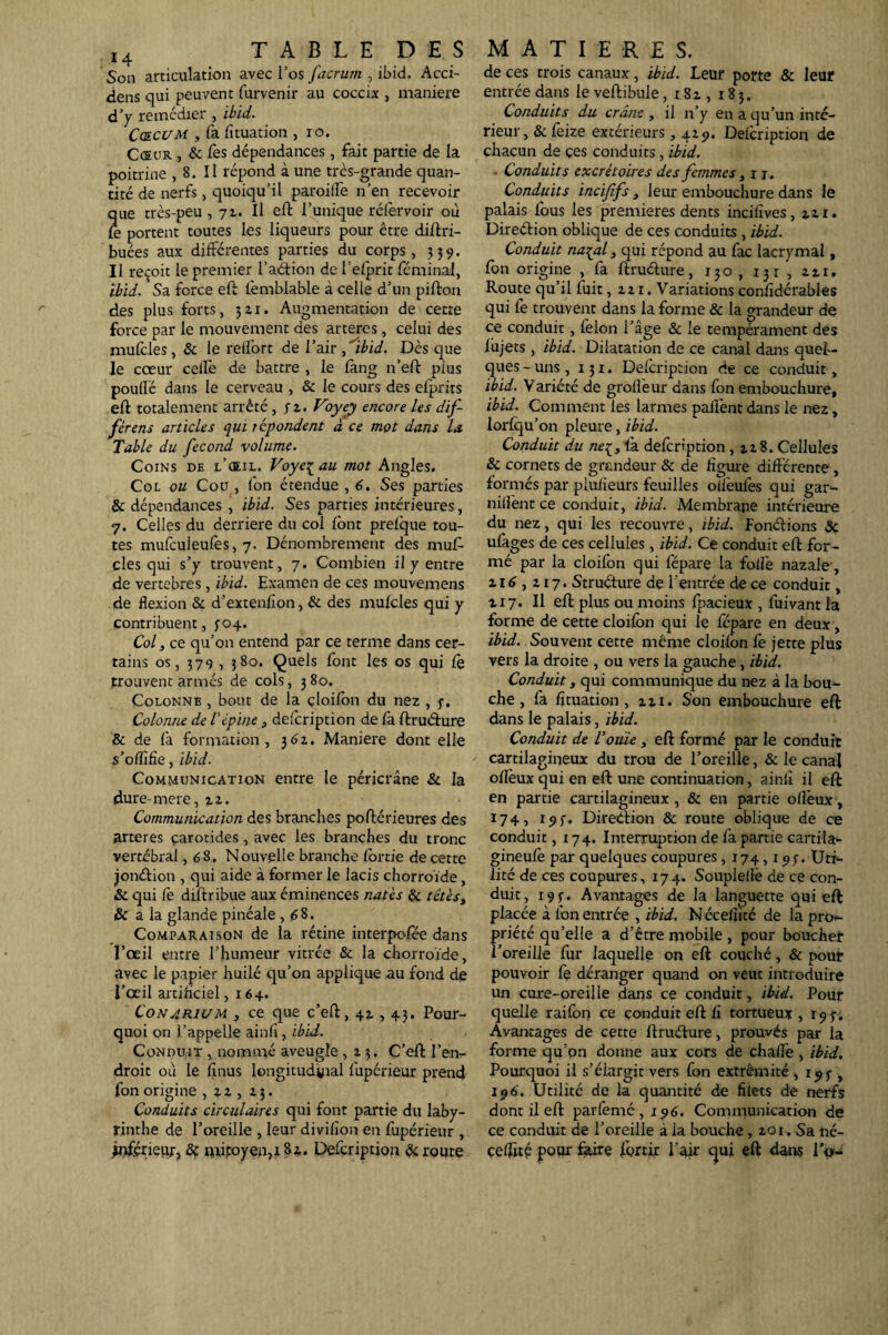 Son articulation avec l’os facrum , ibid. Acci- dens qui peuvent furvenir au coccix , maniéré d’y remédier , ibid. Cœcvm , fa fituation , ro. Cœur , & Ces dépendances, fait partie de la poitrine , 8. Il répond à une très-grande quan¬ tité de nerfs, quoiqu’il paroilfe n’en recevoir que très-peu, 72. Il eft l’unique réfervoir ou le portent toutes les liqueurs pour être diftri- buées aux différentes parties du corps, 339. Il reçoit le premier l’aétion de Telprit féminal, ibid. Sa force eft femblable à celle d’un pifton des plus forts, 511. Augmentation de cette force par le mouvement des arteres, celui des mufcles, & le relfort de l’air ,'ibid. Dès que le cœur celle de battre , le Cang n’eft plus poulie dans le cerveau , & le cours des efprits eft totalement arrêté , fz. Voyey encore les dif¬ fèrent articles qui répondent à ce mot dans la Table du fécond volume. Coins de l’œil. Voye^au mot Angles. Col ou Cou , fon étendue , 6. Ses parties & dépendances , ibid. Ses parties intérieures, 7. Celles du derrière du col font prefque tou¬ tes mufculeufes, 7. Dénombrement des muf¬ cles qui s’y trouvent, 7. Combien il y entre de vertebres , ibid. Examen de ces mouvemens de flexion & d’extenfion, & des mulcles qui y contribuent, 5-04. Col, ce qu’on entend par ce terme dans cer¬ tains os, 379 , 380. Quels font les os qui Ce trouvent armés de cols, 380. Colonne , bout de la çloifon du nez , f. Colonne de iépine , defcription de fa ftruéture & de là formation , 3 61. Maniéré dont elle s’oftîfie, ibid. Communication entre le péricrâne & la dure-mere, %z. Communication des branches poftérieures des arteres çarotides, avec les branches du tronc vertébral, 6 8. Nouvelle branche Conie de cette jonétion , qui aide à former le lacis chorroïde, & qui fe diftribue aux éminences nat'es & têtes, & a la glande pinéale, éS. Comparaison de la rétine interpolée dans l’œil entre l’humeur vitrée & la chorroïde, avec le papier huilé qu’on applique au fond de l’œil artificiel ,164. Conarium , ce que c’eft, 42., 43. Pour¬ quoi on l’appelle ainli, ibid. Conduit , nommé aveugle ,23. C’eft l’en¬ droit où le finus longitudyial fupérieur prend fon origine , z z , 13. Conduits circulaires qui font partie du laby¬ rinthe de l’oreille , leur divilîon en fupérieur , Inférieur) & mitoyen, 182. Defcription & route de ces trois canaux, ibid. Leur porte & leur entrée dans le veftibule ,181,183. Conduits du crâne , il n’y en a qu’un inté¬ rieur, & feize extérieurs, 429. Delcription de chacun de çes conduits , ibid. Conduits excrétoires des femmes, 1 j. Conduits incififs , leur embouchure dans le palais fous les premières dents incilives, %zi. Direétion oblique de ces conduits , ibid. Conduit narval, qui répond au fac lacrymal, Ion origine , fa ftruéture, 130, 131, zzi. Route qu’il fuit, 221. Variations confidérables qui fe trouvent dans la forme & la grandeur de ce conduit, félon l’âge & le tempérament des fujets , ibid. Dilatation de ce canal dans quel¬ ques - uns ,131. Delcription de ce conduit, ibid. Variété de grolleur dans fon embouchure, ibid. Comment les larmes pallènt dans le nez, lorlqu’on pleure, ibid. Conduit du ne{, 1a defcription , 128. Cellules & cornets de grandeur & de figure différente, formés par plulieurs feuilles oifeufes qui gar- nilfent ce conduit, ibid. Membrane intérieure du nez, qui les recouvre, ibid. Fondions & ufages de ces cellules, ibid. Ce conduit eft for¬ mé par la cloifon qui fépare la folle nazale, 116,217. Structure de l’entrée de ce conduit, 117. Il eft plus ou moins fpacieux , fuivant la forme de cette cloilon qui le fépare en deux , ibid. Souvent cette même cloilon fe jette plus vers la droite , ou vers la gauche, ibid. Conduit, qui communique du nez à la bou¬ che , fa fituation, m. Son embouchure eft dans le palais, ibid. Conduit de l’ouïe, eft formé par le conduit cartilagineux du trou de l’oreille, & le canal ollèux qui en eft une continuation, ainfi il eft en partie cartilagineux , & en partie ollèux, 174, Direction & route oblique de ce conduit ,174. Interruption de fa partie cartila- gineulè par quelques coupures ,174,193-. Uti¬ lité de ces coupures, 174. Soupleflè de ce con¬ duit, 19 f. Avantages de la languette qui eft placée à fon entrée , ibid, Nccefiité de la pro¬ priété qu’elle a d’être mobile, pour boucher l’oreille fur laquelle on eft couché, & pour pouvoir fe déranger quand on veut introduire un cure-oreille dans ce conduit, ibid. Pour quelle railon ce conduit eft fi tortueux, 19 5-. Avantages de cette ftruéture, prouvés par la forme qu’on donne aux cors de challe , ibid. Pourquoi il s’élargit vers fon extrémité , 193-, 196. Utilité de la quantité de filets de nerfs dont il eft parfemé , 196. Communication de ce conduit de l’oreille à la bouche, 201. Sa né- ceflité pour faire fortir l’air qui eft dans l’o-