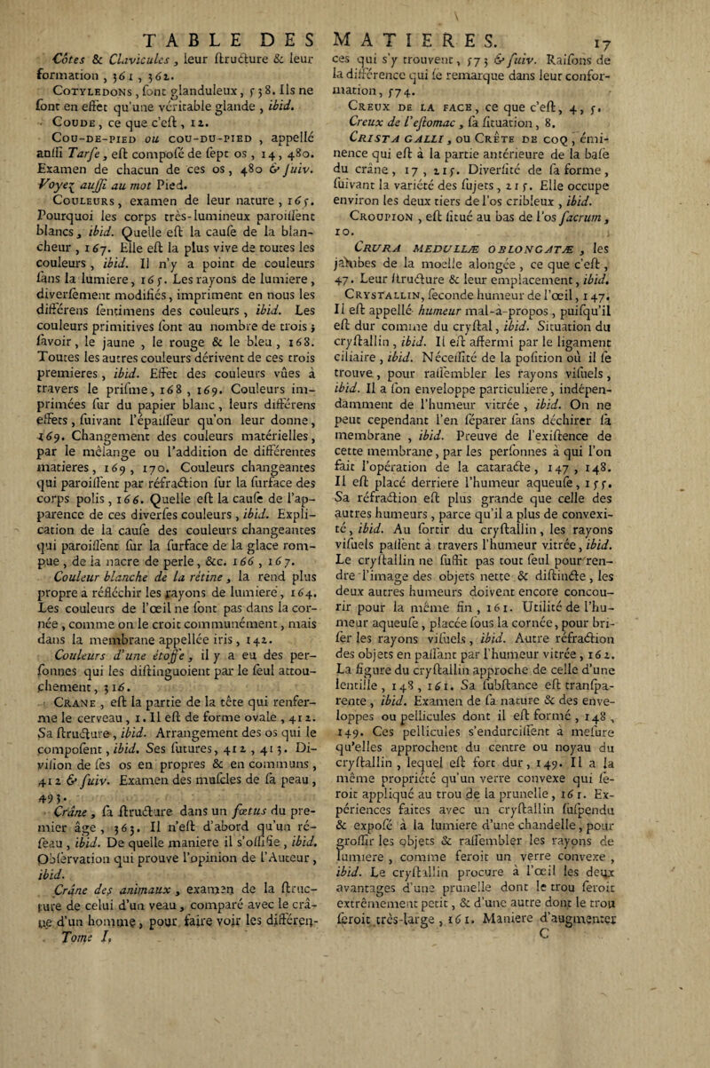 Cotes & Clavicules, leur ftrudure & leur formation , 3 61 , 3 6z. Cotylédons , font glanduleux, f 3 8. Ils ne font en effet qu’une véritable glande , ibid. Coude , ce que c’eft , iz. Cou-de-pied ou cou-du-pied , appelle suffi Tarfe , eft conipofé de fept os , 14,480. Examen de chacun de ces os, 480 & Juiv. Voye{ aujji au mot Pied. Couleurs, examen de leur nature, 16 Pourquoi les corps très-lumineux parodient blancs, ibid. Quelle eft la caufe de la blan¬ cheur , 16j. Elle eft la plus vive de toutes les couleurs , ibid. Il n’y a point de couleurs fans la lumière, 165-. Les rayons de lumière, diverlèment modifiés, impriment en nous les différens fèntimens des couleurs , ibid. Les couleurs primitives font au nombre de trois } lavoir, le jaune , le rouge & le bleu, 168. Toutes les autres couleurs dérivent de ces trois premières , ibid. Effet des couleurs vues à travers le prifme, 168 , 169. Couleurs im¬ primées fur du papier blanc, leurs différens effets , fuivant l’épaiffeur qu’on leur donne, 469. Changement des couleurs matérielles, par le mélange ou l’addition de différentes matières, 169, 170. Couleurs changeantes qui parodient par réfraétion fur la furface des corps polis, 166. Quelle eft la caufe de l’ap¬ parence de ces diverfes couleurs , ibid. Expli¬ cation de la caufe des couleurs changeantes qui paroiffent fur la furface de la glace rom¬ pue , de la nacre de perle, &c. 166 , 167. Couleur blanche de la rétine, la rend plus propre a réfléchir les rayons de lumière , 164. Les couleurs de l’œil ne font pas dans la cor¬ née , comme on le croit communément, mais dans la membrane appellée iris, 141. Couleurs d'une étofj'e, il y a eu des per- fonnes qui les chement ,316. Crâne , eft la partie de la tête qui renfer¬ me le cerveau , 1.11 eft de forme ovale , 41 z. Sa ftrutfture , ibid. Arrangement des os qui le compofènt, ibid. Ses futures, 41 z , 413. Di- vifion de les os en propres & en communs , 41 z & fuiv. Examen des mufcles de fa peau , 493- Crâne , fa ilruélure dans un fœtus du pre¬ mier âge , 363. Il n’eft d’abord qu’un ré- feau , ibid. De quelle maniéré il s’offifie , ibid. Obfervation qui prouve l’opinion de l’Auteur , ibid. Crâne des animaux , examen de la ftruc- ture de celui d’un veau, comparé avec le crâ¬ ne d’un homme > pour faire voir les différeiv Tome I, diftinguoient par le feul attou- ces qui s’y trouvent, 373 & fuiv. Raifons de la différence qui le remarque dans leur confor¬ mation, 3-74. Creux de la face, ce que c’eft, 4,3-. Creux de l'eftomac , fa fituation, 8. Crista galli , ou Crete de coq , émi¬ nence qui eft à la partie antérieure de la bafè du crâne, 17, zi3\ Diverfité de fa forme, fuivant la variété des fujets, zi f. Elle occupe environ les deux tiers de l’os cribleux , ibid. Croupion , eft fitué au bas de l’os facrum s 10. CRU RA MEDULLÆ OBLONGATÆ , les jaVibes de la moelle alongée , ce que c’eft:, 47. Leur ftrufture & leur emplacement, ibid. Crystallin, féconde humeur de l’œil, 147. II eft appelle- humeur mal-à-propos, puifqu’il eft dur comme du cryftal, ibid. Situation du cryftallin , ibid. Il eft affermi par le ligament ciliaire , ibid. Nécetfité de la pofîtion où il fe trouve., pour raliembler les rayons vifuels, ibid. Il a fon enveloppe particulière, indépen¬ damment de l’humeur vitrée , ibid. On ne peut cependant l’en feparer fans déchirer fà membrane , ibid. Preuve de l’exiftence de cette membrane, par les perfonnes à qui l’on fait l’opération de la cataraéte , 147, 148. Il eft placé derrière l’humeur aqueufè, ij-f. Sa réfraftion eft plus grande que celle des autres humeurs , parce qu’il a plus de convexi¬ té, ibid. Au fortir du cryftallin, les rayons vifuels pafi'ent à travers l’humeur vitrée, ibid. Le cryftallin ne fufiit pas tout feul pour ren¬ dre l’image des objets nette &: diftinéle, les deux autres humeurs doivent encore concou¬ rir pour la même fin, 161. Utilité de l’hu¬ meur aqueufè , placée fous la cornée, pour bri- fèr les rayons vifuels, ibid. Autre réfraérion des objets en pall'ant par l’humeur vitrée , 16 z. La figure du cryftallin approche de celle d’ur.e lentille, 148, 161. Sa fubftar.ee eft tranfpa- rente , ibid. Examen de fa nature <Se des enve¬ loppes ou pellicules dont il eft formé , 148, 149. Ces pellicules s’endurcilfent a mefiure qu’elles approchent du centre ou noyau du cryftallin , lequel eft fort dur, 149. Il a la même propriété qu’un verre convexe qui fè- roit appliqué au trou de la prunelle , 16 r. Ex¬ périences faites ayec un cryftallin fiifpendu & expofé à la lumière d’une chandelle, pour groffir les objets & raffembler les rayons de lumière , comme feroit un verre convexe , ibid. Le cryftallin procure à l’œil. les deux avantages d’une prunelle dont le trou feroit extrêmement petit, & d’une autre dont le trou feroit très-large , 161. Maniéré d’augmenter