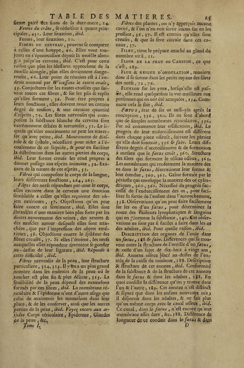 fieme paire des finus de la dure-mere, Z4. Fentes du crâne Te réduifènt à quatre prin¬ cipales , 43 r. Leur fîtuation, ibid. Fesses , leur fituation , 10. Fibres du cerveau , peuvent le comparer à celles d’une houppe, 66. Elles vont tou¬ jours en s’épanouifl'ant depuis la moelle alon- gie jufqu’au cerveau, ibid. C’eft pour cette railon que plus les blertùres approchent de la moelle aiongée, plus elles deviennent dange- reulès , 6 6. Leur point de réunion eft à l’en¬ droit nommé par Wieuffens le centre ovale, 35. Conjeétures fur les routes croifées que fui- vent toutes ces fibres, & fur les plis & replis qu'elles forment, 3 6. Pour être propres à leurs fondions, elles doivent avoir un certain degré de tenfion , & une certaine quantité d’elprits , 79. Les fibres nerveulès qui com¬ portent la fubftance blanche du cerveau font extrêmement déliées & tortueufes , j 1. Le li¬ quide qu'elles contiennent ne peut les traver- fer qu'avec peine , ibid. Mouvement de diaf- tole & de fyftole, nécelfaire pour aider à l’é¬ coulement de ce liquide, & pour en faciliter îa diftribution dans les autres parties du corps, ibid. Leur forme creule les rend propres à donner partage aux elprits animaux , 51. Exa¬ men de la nature de ces elprits, j 3. Fibres qui comportent le corps de la langue, leurs différentes fondions , 164, 16 f. Fibres des nerfs répandues par-tout le corps, elles excitent dans le cerveau une émotion femblable à celles qu’elles reçoivent des ob¬ jets extérieurs , $7. Objedions qu’on peut faire contre ce fentiment, ibid. Elles font ébranlées d’une maniéré bien plus forte par les divers mouvemens des veines , des arteres & des mufoles autour delquels elles font atta¬ chées , que par l’impreflion des objets exté¬ rieurs, £g. Objedions contre le fÿftême des fibres creufès , 37. Si elles l’étoient, les nerfs auxquelles elles répondent devraient Ce gonfler au-delfus de leur ligature , ibid. Rcponlè à cette difficulté , ibid. Fibres nerveufes de la peau , leur ftruéture particulière , 314,315. Il y en a un plus grand nombre dans les endroits de la peau où le toucher eft plus fin & plus délicat, 31 y. La fenlibilité de la peau dépend des mamelons formés par ces fibres , ibid. La membrane ré¬ ticulaire & l’épiderme n’ont d’autre jufage que celui de maintenir les mamelons dans leur place, & de les conferver, ainfi que les autres parties de la peau , ibid. Voyeç encore aux ar¬ ticles Corps réticulaire, Epiderme, Glandes de la peau , ôcc. Tome h MATIERES. if Fibres des plantes , on n’y appefçoit aucune cavité, & l’on n’en voit fortir aucun fuc en les prertant, 3 6> 37. Il eft certain qu’elles font creufes, & que la leve circule dans ces ca¬ naux, 37. Filet , tient le prépuce attaché au gland du membre viril ,11. Fleur de la peau ou Canepin , ce que c’eft, 189. Flux & reflux d’ondulation, maniéré dont il fe forme dans les petits tuyaux des filets des nerfs, 71,76. Fluxion fur les yeux, lorlqu’elle eft part¬ ie , elle rend quelquefois la vue meilleure aux perfonnes qui en ont été attaquées , 13-4. Com¬ ment cela le fait, ibid. Fœtus , état de fes os aurti-tôt après la conception, 356, 360. Ils ne font d’abord que de fimples membranes réticulaires, 3$6. Far où commence leur oflîfication, ibid. Le progrès de leur endurcirtement eft différent dans chaque piece olfeufe , fuivant les parties qu’elle doit foutenir , 3 ç6 & fuiv. Leurs dif- férens degrés d’açcroilîement & de formation à mefure que 1 e fœtus croît ,360. Struéture des filets qui forment le refeau o lieux , 361. Les membranes qui renferment la matière des os dans le fœtus, déterminent leur forme 8c leur étendue, 360, 361. Gaîne formée par le périofte qui enveloppe la matière des os cylin¬ driques, 360, 361. Néceflîté du progrès fuc- ceftîf de l’endurciffement des os , pour faci¬ liter la fortie de l’enfant dans l'accouchement, 33-8. Obfervations qu’on peut faire facilement fur les os d’un foetus } pour déterminer la route des vairtèaux lymphatiques & fanguins qui en pénètrent la fubftance , 340. Ces obfer¬ vations ne font pas fi faciles a faire dans les os des adultes, ibid. Pour quelle raifon , ibid. Description des organes de l’ouïe dans un fœtus 3 188 & fuiv. Différences qui fe trou¬ vent entre la ftruéture de l’oreille d’un foetus 9 8c celle d’un fujet de dix-huit à vingt ans , ibid. Anneau olfeux h lacé au-delfus de l’en¬ trée de la caiffe du tambour ,188. Defcription & /fracture de cet anneau , ibid. Conformité de la fubftance & de la ftruéture de cet anneau dans le fœtus & dans les adultes , 188. En quoi confifte la différence qu’on y trouve dans l’un & l’autre , 189. Cet anneau n’eft diftinét & féparé que dans les enfans nouveaux nés j il dilparoît dans les adultes, & ne fait plus qu’un même corps avec le canal ollèux , ibid. Ce canal, dans le fœtus s n’eft encore qu’une membrane aflêz dure , &c. 188. Différence 4e longueur de ce conduit dans le fœtus & da#s.