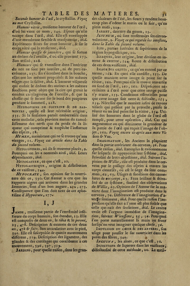Seconde humeur de l’œil 3 le cryftallin. Voye£ nu mot Cryftallin. Humeur vitrée , troifieme humeur de l’œil, d’où lui vient ce nom, 149. Efpace qu’elle occupe dans l’œil, ibid. Elle eft enveloppée d’une membrane flexible 8c tranfparente , ibid. Expériences faites fur cette humeur , 8c fur le corps vitré qui la renferme, ibid. Humeur épaijj'e & jaunâtre , qui fe forme au-dedans de l’oreille, d’où elle provient, 173. Son Utilité , 228- Humeurs qui le ramafi'ent dans l’intérieur du nez ne font pas inutiles , ni de purs ex- crémens ,237. En s’écoulant dans la bouche, elles ont les mêmes propriétés & les mêmes v.fages que la falive , ibid. L’humeur vifqueulè qui enduit le dedans des narines a les mêmes fonctions pour objet que la cire qui garnit le conduit cartilagineux de l’oreille , 8c que la chafiie qui fe forme fur le bord des paupières pendant le fommeil ,228. HyDROPISIES CE POITRINE & DE BAS- VENTRE , quelle eft leur véritable origine , y 3 y. Si la fenfation paroît embarralîée dans cette maladie , cela provient moins du ramol- lilfement des nerfs que du poids de la li¬ queur qui comprime 8c empêche l’influence des efprits ,38. Hymen, membrane qui ne fe trouve qu’aux vierges ,11. Voye^ cet article dans la Table du Jecond volume. Hypocondres , où ils fe trouvent placés, 9. Pourquoi on les a nommés ainlî, ibid. Leurs dépendances, ibid. Hypog astre , ce que c’eft , 10. Hypogastrique , origine 8c diftribution de ce vaiifeau , 3-44. Hy p oc rate , fon opinion fur la nourri¬ ture des os, 330. Cet Auteur a-cru que les rapports aigres qui arrivent dans les grandes lienteries, font d’un bon augure, 272 , 273. Conféquence que l’on doit tirer de cet apho- rifme d’Hypocrate3 277. J 1, J ambe , troifieme partie de l’extrémité infé¬ rieure du corps humain, fon étendue, 13. Elle eft compofée de deux os , le tibia 8c le péroné, 13,478. Defcription & examen de ces deux os , 478 & juiv. Son articulation avec le pied, 396. Elle eft fufceptible de quatre mouvemens différens, y 19. Defcription des ligamens, des glandes & des cartilages qui contribuent à ces mouvemens, 396, 397 > S19- Jardins , pour quelle raifon, dans lesgran- des chaleurs de l’été, les fleurs y rendent beau¬ coup plus d’odeur le matin ou le foir, qu’en plein midi, 229. Jarret, derrière du genou, 13. Jéjunum 3 où font renfermées fos circon¬ volutions , 9. Voye^ ce qui regarde les intejlinsa dans la Table du jecond volume. Iles , parties latérales & fupérieures de la région hypogaftrique, 10. Iliaques, leur origine, leur divifion en in¬ terne & externe ,5-44. Route 8c diftribution de ces deux vaifieaux , ibid. Image des objets , ce qu’on entend par ce terme, 161, En quoi elle confifte, 13-3. De quelle maniéré cette image fe peint for la rétine , 162. Pourquoi elle Ce trouve renverfée au fond de l’œil, 160, 162. Dilpofiiions né- ceifaires à l’œil pour que cette image puifle s’y tracer , 1 y 3. Conditions elfentielles pour que cette image foit nette 8c diftinéte , 13*3 , 13-4. Nécefîité que le nombre infini de rayons vifoels qui pafient par la prunelle, puiliè le réunir en un feul point fur la rétine ,154. Uti¬ lité des humeurs dont le globe de l’œil eft rempli, pour cette opération , ibid. Cas qui augmentent ou qui diminuent la grandeur de la partie de l’œil qui reçoit l’image de l’ob¬ jet, 162. Voyei encore ci-après aux mots Vi¬ llon & V ue. Imagination , les Anciens la plaçoiem dans la partie antérieure du cerveau, y 6. Pour quelle raifon , ibid. Exemples & raifonnemens for lelquels ils appuyoient leur lyftême yibid. Frivolité de leurs objeéfions, ibid. Suivant l’o¬ pinion de Willis ; elle eft produite dans le cer¬ veau par le palfage des efprits à travers les corps cannelés, où eft le fiege du fens com¬ mun ,62,63. Ufages & fonctions des canne¬ lures de ses corps ,63. Faux brillant 8c frivo¬ lité de ce lyftême, faulfeté des obfervations de TVillis ,6 y. Opinion de l’Auteur fur la ma¬ niéré dont l’imaginarion eft produite dans le cerveau , 76. Différence de l’imagination d’a- vecjle fentiment, ibid. Pour quelle raifon l’jm- preflîon qu’elle fait à lame eft plus foible que celle qui naît des fenfations, ibid. Le centre ovale eft l’organe immédiat de l’imagina¬ tion, foivant fVieuJfens3 3y, 36. Pourquoi l’on porte naturellement la main au front lorfqu’on veut imaginer quelque chofo, jg. Impulsion du c<eur 8c des artères , fon ulage pour poufler le foc nourricier dans les pores des fibres ,349. i Inguina 3 les aînés, ce que c’eft , 10, Injections de liqueuis dans les vaifieaux ^ défeétuofité de cette méthode, 20. la meil-