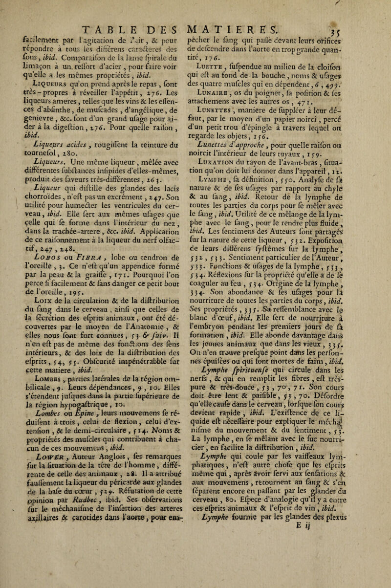 facilement par 1 agitation de i*air, & peur répondre à tous ies différens caraéîereS des fons, ïbïd. Comparaifon de la lame Ipirale du limaçon à un. relfort d’acier ., pour faire voir qu’elle a les mêmes propriétés, ibid. Liqueurs qu’on prend apres le repas , font très-propres à réveiller l’appétit, 276. Les liqueurs ameres, telles que les vins & les eflen- ces d’abfinthe, de mufeades, d’angélique, de genievre , &c. font d’un grand ufage pour ai¬ der à la digeftion ,276. Pour quelle railôn , ibid. Liqueurs acides , rougilfent la teinture du tournefol, 280. Liqueurs. Une même liqueur , mêlée avec différentes fubftances inlipides d’elles-mêmes, produit des faveurs très-différentes ,263. Liqueur qui diftille des glandes des lacis chorroides , n’eft pas un excrément, 247. Son utilité pour humeéler les ventricules du cer¬ veau, ibid. Elle fert aux mêmes ufages que celle qui lè forme dans l’intérieur du nez , dans la trachée-artere , &c. ibid. Application de ce railonnement à la liqueur du nerf olfac¬ tif > *47 > 148. Lobos ou Fiera , lobe ou tendron de l’oreille, 3. Ce n’eft qu’un appendice formé par la peau & la graille ,171. Pourquoi l’on perce fi facilement & fans danger ce petit bout de l’oreille, 19f. Loix de la circulation & de la diftribution du fang dans le cerveau , ainfi que celles de la fécrétion des efprits animaux, ont été dé¬ couvertes par le moyen de l’Anatomie , & elles nous font fort connues, f 3 6* fuiv. Il n’en eft pas de même des fonfhons des lens intérieurs, & des loix de la diftribution des elprits, 74, 75. Oblcurité impénétrabble lur cette matière , ibid. Lombes , parties latérales de la région om¬ bilicale , 9. Leurs dépendances ,9,10. Elles s’étendent julques dans la partie fupérieure de la région hypogaftxique , ro. Lombes ou Epine , leurs mouvemens Ce ré- duifent à trois , celui de flexion, celui d’ex- tenfîon , & le demi-circulaire , 3 14. Noms & propriétés des mufcles qui contribuent à cha¬ cun de ces mouvemens, ibid. Lower y Auteur Anglois, lès remarques fur la fituation de la tête de l’homme, diffé¬ rente de celle des animaux , 28. Il a attribué faulfement la liqueur du péricarde aux glandes de la bafe du cœur ,529. Réfutation de cette qpinion par Rudbec , ibid. Ses obfervations fur le méchaniline de l’infertion des arteres axillaires & carotides dans l’aorte, pour e«a- pêcher le fang qui pâlie devant leurs orifices de de (cendre dans i’aorte en trop grande quan¬ tité, 176. Luette , fufpendue au milieu de la cloilôrt qui eft au fond de la bouche , noms & ufages des quatre mufcles qui en dépendent, 6,499. Lunaire , os du poignet, la pofition & lès attachemens avec les autres os, 471. Lunettes , maniéré de fuppléer à leur dé¬ faut, par le moyen d’un papier noirci, percé d’un petit trou d’épingle à travers lequel on regarde les objets, 15-6. Lunettes d’approche , pour quelle raifon on noircit l’intérieur de leurs tuyaux , 13-9. Luxation du rayon de l’avant-bras , fitua¬ tion qu’on doit lui donner dans l’appareil ,12. Lymphe , fa définition , 770. Analyfe de fa nature & de lès iffàges par rapport au chyle & au fang, ibid. Retour de la lymphe de toutes les parties du corps pour le mêler avec le lang, ibid. Utilité de ce mélange de la lym¬ phe avec le fang, pour le rendre plus fluide , ibid. Les fentimens des Auteurs font partagés fur la nature de cette liqueur , 5-32. Expofition de leurs différais lÿftêmes fur la lymphe , y 3 2 , 5-33. Sentiment particulier de l’Auteur, 3 33. Fondions & ufages de la lymphe ,733, y 3 4. Réflexions lùr la propriété qu’elle a de le coaguler au feu ,334- Origine de la lymphe , 334. Son abondance & fes ufages pour la nourriture de toutes les parties du corps, ibid. Ses propriétés ,33;. Sa reffemblance avec le blanc d’œuf, ibid. Elle fert de nourriture à l’embryon pendant les premiers jours de la formation , ibid. Elle abonde davantage dans les jeunes animaux que dans les vieux , 3 3 f. On n’en trouve prefque point dans les perfon- nes épuilées ou qui (ont mortes de faim, ibid. Lymphe fpiritueufe qui circule dans les nerfs , & qui en remplit les fibres, eft très- pure & très-douce , f J , 70 , 71. Son cours doit être lent & paifible, 53,70. Délordre quellecaufe dans le cerveau, lorfque fon cours devient rapide , ibid. L’exiftence de ce li¬ quide eft néceffaire pour expliquer le méchai nifme du mouvement & du fentiment, y 3'. La lymphe , en le mêlant avec le lue nourri¬ cier , en facilite la diftribution , ibid. Lymphe qui coule par les vaiffeaux lym¬ phatiques , n’eft autre chofe que les efprits même qui, après avoir fervi aux fenfations & aux mouvemens, retournent au lang & s’eii féparent encore en partant par les glandes du cerveau , 80. Efpeçe d’analogie qu’il y a entre ces efprits animaux & l’efprit de vin , ibid. Lymphe fournie par les glandes des plexus E ij