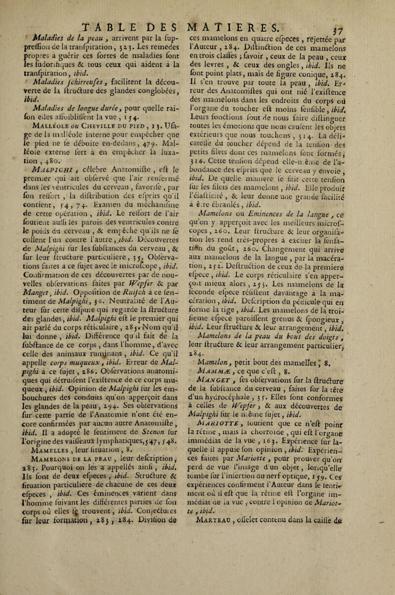 Maladies de la peau , arrivent par la fup- prellion de la tranfpiration ,313. Les remedes propres a guérir ces fortes de maladies lont les ludonfiques & tous ceux qui aident à la tranfpiracion, ibid. ' Maladies Jchirreufes, facilitent la décou¬ verte de la ftruéture des glandes conglobées, ibid. Maladies de longue durée > pour quelle rai- fon eiles affoiblill’ent la vue , 1 34. Malléole ou Cheville du pied ,13. U Ca¬ ge de la m illéole interne pour empêcher que le pied ne le déboite en-dedans, 479. Mal¬ léole externe fert à en empêcher la luxa¬ tion , 480. Malpic-hi i célébré Anatomifte , eft le premier qui ait oblervé que l’air renfermé dans les ventricules du cerveau , favorife , par Ibn reliort , la diftribution des efprits qu’il contient, f4, 74. Examen du méchamlme de cette opération , ibid. Le reliort de l’air foutient au/li les parois des ventricules- contre le poids du cerveau , & empêche qu’ils ne le collent l'un contre l’autre, ibid. Découvertes de Malpighi lur les fubftances du cerveau , & lur leur ftruéture particulière, 35. Oblèrva- tions faites a ce fujet avec le microicope, ibid. Confirmation de ces découvertes par de nou¬ velles oblèrvations faites par ff^epfer & par Manget, ibid. Oppofition de Ruijch a ce len- timent de Malpighi, 36. Neutralité de l’Au¬ teur fur cette difpute qui regarde la flruéture des glandes, ibid. Malpighi eft le premier qui ait parlé du corps réticulaire , 283, Nom qu’il lui donne , ibid. Différence qu'il fait de la fiibftance de ce corps , dans l’homme, d’avec celle des animaux rumjnans , ibid. Ce qu’il appelle corps muqueux , ibid. Erreur de Mal- pig/ù a ce fujet, 186. Oblèrvations anatomi¬ ques qui détruilent l’exiltence de ce corps mu¬ queux , ibid. Opinion de Malpighi lùr les em¬ bouchures des conduits qu’on apperçoit dans les glandes de la peau, 294. Ses oblèrvations fur cette partie de L’Anatomie n’ont été en¬ core confirmées par aucun autre Anatomifte , ibid. 11 a adopté le fenti-ment de Stenon lur Toriginedes vailleaux lymphatiques,347, 348. Mamelles , leur lituation , 8. Mamelons de la peau , leur deforiprion, 183. Pourquoi on les a appellés ainli, ibid. Ils lont de deux efpeces , ibid. Struéture & lituation particulière de chacune de ces deux elpeces , ibid. Ces éminences varient dans l’homme fuivant les différentes parties de Ion corps où elles 1g trouvent, ibid. Conjeéiuies fur leur formation, 183, 284. Diyifion de ces mamelons en quatre efpeces, fôjettée par I Auteur, 284. Diftinétion de ces mamelons en trois clallès j favoir , ceux de la peau , ceux des levres , & ceux des ongles, ibid. Iis ne font point plats, mais de figure conique, 284, II s’en trouve par toute la peau , ibid. Er-< reur des Anatomiftes qui ont nié l’exiftence des mamelons dans les endroits du corps où l’organe du toucher eft moins fenfible, ibid. Leurs fonctions lont de nous faire diftinguer toutes les émotions que nous caulent les objets extérieurs que nous touchons ,314. La déli-* cateile du toucher dépend de la tenlion des petits filets dont ces mamelons lent formés, 316. Cette tenlion dépend elle-même de l’a¬ bondance des elprics que le cerveau y envoie , ibid. De quelle maniéré le fait cette tenlion fur les filets des mamelons , ibid. Elle produit l’éialticité , & leur donne une grande facilité a être ébranlés , ibid. Mamelons ou Eminences de la langue , ce qu’on y apperçoit avec les meilleurs microf- copes , 260. Leur ftruéture & leur organilà- tion les rend très-propres a exciter la lènfa- tidn du goût, 25o. Changement qui arrive aux mamelons de la langue , par la macéra¬ tion ,232. Deftruétion de ceux de la premiers elpece , ibid. Le corps réticulaire s’en apper¬ çoit mieux alors , 233. Les mamelons de la féconde elpece réliftent davantage a la ma¬ cération , ibid. Description du pédicule qui en forme la tige , ibid. Les mamelons de la troi- fieme elpece parodient grenus & fpongieux , ibid. Leur ftruéture 3c leur arrangement, ibid. Mamelons de la peau du bout des doigts leur ftruéture & ieur arrangement particulier, 284. Mamelon, petit bout des mamelles j 8. Mammæ } ce que c’eft , 8. Manget y fes oblèrvations fin* la ftruéture de la fubftance du cerveau , faites for la tête d’un hydrocéphale , 33. Elles font conformes à celles de IVepfer} & aux découvertes de Malpighi fur le même fujet, ibid. Mariotte y loutient que ce n’eft point la rétine , mais la chorroide , qui eft l’organe immédiat de la vue ,163. Expérience lur la¬ quelle il appüie fon opinion , ibid. Expérien¬ ces faites par Mariotte } pour prouver qu’on perd de vue l’image d’un objet, lonqu’eJle tombe fur l’iniertion du-nerf optique, 139. Ces expériences confirment i’Auteur dans le lenti*- ment oû il eft que la rétine eft l’organe im¬ médiat ae ia vue , contre 1 opinion de Mariot~ te y ibid. Marteau , oflelet contenu dans la caille de