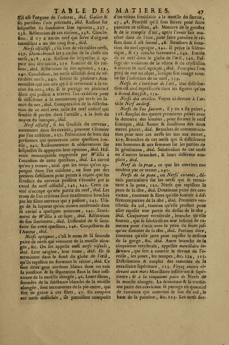 S’il eft f'organe de l’odorat, ibid. Galien & {es partifans l’ont prétendu, ibid. Raifons lur lelquelles ils fondoient leur opinion, 237 , a j S. Réfutation de ces raifons ,138. Conclu- fion : il n’y a aucun nerf qui ferve d’organe immédiat a un des cinq fens, ibid. Nerfs ülfactifs , s’ils font de véritables nerfs, 137. Diancrbroeck les a exclus de la dalle des nerfs, 13 8, 139, Raifons fur lesquelles il ap¬ puie Ion lèntiment, 239. Fauil’eté de fes rai- lons , ibid. Réfutation de ton opinion , 139, z 40. Conclulion, les nerfs olfadifs font de vé¬ ritables nerfs , 140. Erreur de plufieurs Ana- tomilles qui ont cru qu il le terminoit a la ra¬ cine du nez, 183. Il fe partage en plufieurs' filets qui patient a travers l’os-cribleux pour fe diftribuer a la membrane qui revêt les la¬ mes du nez , ibid. Comparaifon de la diftribu- tion de ce nerf avec celle du nerf auditif qui femble tè perdre dans l’oreille , à la bâte du noyau du limaçon , ibid. Nerf olfactif, fi les férofités du cerveau , contenues dans tes cavités , peuvent s ecouler par l’os cribleux , 2 37. Prévention de bien des perfonnes qui trouveront cette queftion inu¬ tile , 240. Raifonnemens & obfervations fur lefquelles ils appuyent leur opinion, ibid. Hif- toire remarquable rapportée par TVillis à l’occation de cette quelbion, ibid. La cavité qu’on y trouve , ainti que les trous qu on ap- perçoit dans l’os cribleux , ne font pas des preuves fuffifuntes pour porter à croire que les férofîtcs du cerveau puilfent s’écouler par le canal du nerf olfadif, 2-4z> *43* Cette ca~ vité n’occupe qu’une partie ou nerf, ibid. Les trous de l’os cribleux tout exactement bouchés par les filets nerveux qui y palfent ,143. Ula- ge de la liqueur qu’on trouve renfermée dans là cavité à quelques animaux , 243. Senti¬ ment de TVillis a ce fujet, ibid. Réfutation de fon fentiment, ibid. Difficulté de le làtis- faire fur cette queftion, 246. Conjedures de l’Auteur, ibid. Nerfs optiques , c’eft le nom de la fécondé paire de nerfs qui viennent de la moelle alon- gée , &c. On les appelle aulfi nerfs vifuels 3 ibid. Leur origine , leur route , ibid. Ils Ce terminent dans le fond du globe de 1 œil, qu’ils tapilfent en formant la rétine , ibid. Ce font deux gros cordons blancs dont on voit la jondion & la féparation dans la face infé¬ rieure de la moelle alongée, 46. Leurs fibres, formées de la fubftance blanche de la moelle alongée , font recouvertes delà pie-mere, qui fert de gaine a ces filets, 47. En coupant ces nerfs dellèchés , ils parodient compofés d’un rélèau femblable a la moelle du fùreau , 47,48. Procédé qu’il faut fuivre pour faire paroître ce réfeau, 48. Maniéré de le gonfler & de le remplir d’air , après l’avoir fait ma¬ cérer dans de l’eau, pour faire paroître le ré¬ feau dont il eft formé ,48. Strudure & fitua- tion du nerf optique , 142. Il perce la fcléro- tique , & s’y attache fortement, 142. Entrée de ce nerf dans le globe de l’œil , 142. Paf- fage des vaiiieaux de la rétine & du cryflallin a travers le nerf optique , ibid. Pourquoi l’on perd de vue un objet, lorfque fon image tom¬ be fur l’inlèrrion de ce nerf, 1 y5». Nerfs de L’intérieur de l'œil, leur diftribu- tion eft mal représentée dans les figures qu’en a donné Ruyfch , 1 $z. Nerfs des oreilles. Voyez ci-devant à l’ar¬ ticle Nerf auditif. Nerfs de l’ur ficrum, il y en a fix paires i 118. Emploi des quatre premières paires avec la derniere des lombes , pour former le nerf fciatique , ibid. Route & fondions des deux autres paires , ibid. Branches de communica¬ tion pour unir ces nerfs les uns aux autres , j 19. Branches de ces nerfs qui fe diftribuenc aux hommes & aux femmes lur les parties de la génération , ibid. Subdivifion de ces nerfs en d’autres branches, & leurs différens em¬ plois , ibid. Nerf de la peau , ce que les ouvriers en¬ tendent par ce terme , 190. Nerfs de la peau , ou Nerfs cutanés , dé¬ tails particuliers fur les nerfs qui le termi¬ nent a la peau, 122. Nerfs qui tapilfent la peau de la tête , ibid. Deuxieme paire des cer¬ vicaux , rameaux & filets quelle fournit à dif¬ férentes parties de la tête , ibid. Première ver¬ tébrale du col, rameau qu’elle produit pour aller tapilfer une partie du dellus de la tête , ibid. Cinquième vertébrale , branche qu’elle fournit, qui fe fubdivife en une infinité de ra¬ meaux pour s’unir avec la peau du front jufc qu’au fommet de la tête , ibid. Portion dure, rameaux qu’elle jette pour tapilfer le dellous de la gorge , &c. ibid. Autre branche de la cinquième vertébrale , appellée maxillaire in¬ férieure , qui fert à couvrir le devant de l’o¬ reille , les joues, les tempes, &c. 122,, 123» Diftribution & emploi des rameaux de la maxillaire fupérieure , 123. Voye1 encore ci- devant aux mots Maxillaire inférieure & fupé¬ rieure & à la cinquième paire de Nerfs de la moelle alongée. La deuxieme & la troifie- me paire des cervicaux le partage en quantité de rameaux qui couvrent le bas du col, le haut de la poitrine , &c. 123. Les nerfs dor-