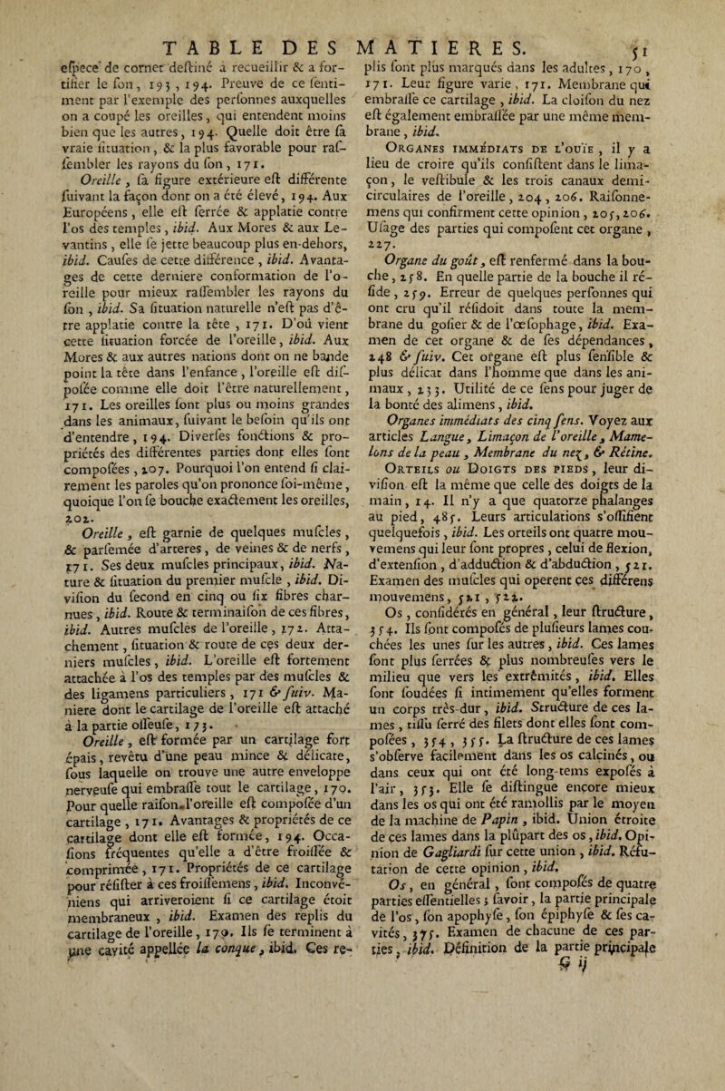 TABLE DES MATIERES. efpece’ de cornet deftiné a recueillir & a for¬ tifier le fon, 193 , 194. Preuve de ce fènti— ment par l’exemple des perfonnes auxquelles on a coupé les oreilles , qui entendent moins bien que les autres, 194. Quelle doit être la vraie fituation, & la plus favorable pour raf- fembler les rayons du fon, 171. Oreille , fa figure extérieure eft différente fuivant la façon dont on a été élevé, 194. Aux Européens, elle eft ferrée & applatie contre l’os des temples, Ibid. Aux Mores & aux Le¬ vantins , elle fe jette beaucoup plus en-dehors, ibid. Caufes de cette différence , ibid. Avanta¬ ges de cette derniere conformation de l’o¬ reille pour mieux raffembler les rayons du Ion , ibid. Sa fituation naturelle n’eft pas d’ê¬ tre applatie contre la tête , 171. D’oû vient cette fituation forcée de l’oreille, ibid. Aux Mores & aux autres nations dont on ne bande point la tête dans l’enfance , l’oreille eft dif- pofée comme elle doit l’être naturellement, 171. Les oreilles font plus ou moins grandes dans les animaux, fuivant le befoin qu’ils ont d’entendre, 194. Diverfes fondions & pro¬ priétés des différentes parties dont elles font compofées, 107. Pourquoi l’on entend fi clai¬ rement les paroles qu’on prononce foi-même , quoique l’on fe bouche exaftement les oreilles, 2.01. Oreille , eft garnie de quelques mufcles , & parfemée d’arteres , de veines & de nerfs , E71. Ses deux mufcles principaux, ibid. Na¬ ture & fituation du premier mufcle , ibid. Di- vifion du fécond en cinq ou fix fibres char¬ nues, ibid. Route & terminaifon de ces fibres, ibid. Autres mufcles de l’oreille, 171. Atta¬ chement , fituation & route de ces deux der¬ niers mufcles, ibid. L’oreille eft fortement attachée à l’os des temples par des mufcles & des ligamens particuliers, 171 &fuiv. Ma¬ niéré dont le cartilage de l’oreille eft attaché à la partie offeufe ,175. Oreille , eft formée par un cartilage fort épais, revêtu d’une peau mince & délicate, fous laquelle on trouve une autre enveloppe nerveufe qui embrafle tout le cartilage, 770. Pour quelle raifon.l’oreille eft compofée d’un cartilage ,171. Avantages & propriétés de ce caitilage dont elle eft formée, 194. Qcca- fions fréquentes quelle a d’être froiffée & comprimée, 171. Propriétés de ce cartilage pour réfifter à ces froiflëmens, ibid. Inconvé- niens qui arriveroient fi ce cartilage étoit membraneux , ibid. Examen des replis du cartilage de l’oreille, 17s?. Ils fè terminent à Une cavité appelles U conque , ibid. Ces re¬ plis font plus marqués dans les adultes, 170 , 171. Leur figure varie, 171. Membrane que embrallè ce cartilage , ibid. La cloifon du nez eft également embraflée par une même mem¬ brane , ibid. Organes immédiats de l’ouïe , il y a lieu de croire qu’ils confiftent dans le lima¬ çon , le veftibule & les trois canaux demi- circulaires de l’oreille, 104,zo6. Raifônne- mens qui confirment cette opinion , 2.0j-, zo6. Ufage des parties qui compofènt cet organe , z 27. Organe du goût, eft renfermé dans la bou¬ che , if 8. En quelle partie de la bouche il ré- fide , z j- 9. Erreur de quelques perfonnes qui ont cru qu’il réfidoit dans toute la mem¬ brane du gofîer & de l’œfophage, ibid. Exa¬ men de cet organe & de fes dépendances , *48 & fuiv. Cet organe eft plus fenfible &c plus délicat dans l’homme que dans les ani¬ maux ,133. Utilité de ce fens pour juger de la bonté des alimens , ibid. Organes immédiats des cinq fens. Voyez aux articles Langue , Limaçon de l’oreille 3 Mame¬ lons de la peau Membrane du ne{, 6* Rétine. Orteils ou Doigts des pieds , leur di- vifion eft la même que celle des doigts de la main, 14. Il n’y a que quatorze phalanges au pied, 48ç. Leurs articulations s’offifienc quelquefois , ibid. Les orteils ont quatre mou- vemens qui leur font propres, celui de flexion, d’extenfion , d’adduétion & d’abduéfion , jzi. Examen des mufcles qui opèrent ces différens mouvemens, ji,i , <jz%. Os, confidérés en général, leur ftruâure, 374. Ils font compofés de plufieurs lames cou¬ chées les unes fur les autres , ibid. Ces lames font plus ferrées & plus nombreqfes vers le milieu que vers les extrémités , ibid. Elles font foudées fi intimement qu’elles forment un corps tres-dur, ibid. Structure de ces la¬ mes , tiflu ferré des filets dont elles font com¬ pofées , 3 f 4 , 3 f ç. La ftruéture de ces lames s’obferve facilement dans les os calcinés, ou dans ceux qui ont été long-tems expofés à l'air, 33-3. Elle fe diftingue encore mieux dans les os qui ont été ramollis par le moyen de la machine de Papin , ibid. Union étroite de ces lames dans la plûpart des os, ibid. Opfr nion de Gagliardi fur cette union , ibid. Réfu¬ tation de cette opinion , ibid. Os , en général , font compofés de quatre parties effentielles j favoir, la partie principale de l’os, fon apophyfe, fon épiphyfe & fes ca¬ vités, 37;. Examen de chacune de ces par¬ ties , ibid. définition de la partie principale