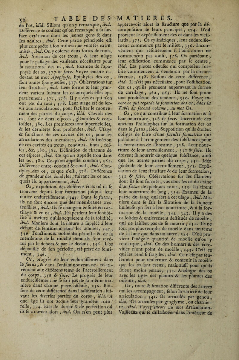 de l’os, idid. Sillons qu’on y remarque ,ibid. Différence de couleur qu’on remarque a l'a. fur- face extérieure dans les jeunes gens & dans les adultes, ibid. Cette partie principale efl plus compacte à fon milieu que vers fes extré¬ mités , ibid. On y obferve deux fortes de trous, ibid. Situation de ces trous , & leur ufage pour le paÜàge des vailfeaux nécellaires pour la nourriture des os , ibid. Examen de l’apo- phyfè des os, 377 & fuiv. Voyez encore ci- devant au mot Apophyfe. Epiphyfès des os , font toutes fpongieufes , 377. Ôbfervations fur leur ftru&ure , ibid. Leur forme & leur gran¬ deur varient fuivant les os auxquels elles ap¬ partiennent , 377 , 37 8. Il y a des os qui n’en ont pas du tout, 378. Leur ufage elt de fèr- vir aux articulations, pour faciliter le mouve¬ ment des parties du corps , ibid. Cavités des os, font de deux efpeces , glénoïdes & coti- loïdes , 3 8c. Les premières font fuperfîcielles, & les dernieres font profondes , ibid. Ufage 8c fondions de ces cavités des os , pour les articulations des membres, ibid. Diftinétion de ces cavités en trous , conduits, finus, fof- fes, &c. 380, 381. Définition de chacune de ces efpeces , ibid. Ce qu’on appelle trou dans les os, 380. Ce qu’on appelle conduit, 381. Différence entre conduit 8c canal, ibid. Con- dyles^des os, ce que c’efl, 378. Différence de grandeur des condyles, fuivant les os aux¬ quels ils appartiennent, ibid. Os 3 expofition des différens états où ils fè trouvent depuis leur formation jufqu’a leur entier endurciflèment, 347. Dans le fœtus, ils ne font encore que des membranes très- fenfibies , ibid. Us fe changent enfuite en car¬ tilage & en os , ibisd. Us perdent leur fenfibi- lité à mefure qu'ils acquièrent de la folidité, ibid. Maniéré dont la nature a fuppléé à leur défaut de fèntiment dans les adultes, 345-, 346. Fonéfions & utilité du périofte & delà membrane de la moelle dont ils font revê¬ tus par le dehors 8c par le dedans ,346. L’os dépouillé de fon périofle , eft privé de fènti¬ ment , 34 6. Os 3 progrès de leur endurciffement dans le fœtus 3 & dans l’enfant nouveau-né , relati¬ vement aux différens tems de l’accroiffement du corps, 3 $6 & fuiv. Le progrès de leur endurciffement ne fe fa it pas de la même ma¬ niéré dans chaque piece oflèufè, 3j6. Rai- fons de cette différence dans fortification, fui¬ vant les diverfes parties du corps , ibid. A quel âge ils ont acquis leur 'grandeur natu¬ relle , 374. Etat de dureté & de perfeélion où ils fè trouvent alors, ibid. On n’en peut plus appercevoir alors la flruélure que par la dé- compofition de leurs principes , 374. D’où provient le dépériffement des os dans les vieil¬ lards ,373. Os cylindriques, leur endurciflb- ment commence par le milieu , 3 36. Incon- véniens qui rclûlteroient fi fortification ne commençoit pas ainfi , 33-8. Os pariétaux, leur offification commence par le centre , ibid. Les pièces ofleufes qui comportent l’or¬ bite commencent à s’endurcir par la circon¬ férence , 338. Raifons de cette différence, ibid. U n’eft pas néceflaire , pour fortification des os, qu’ils prennent auparavant la forme de cartilage, 361, 363. Us ne font point une produétion des tendons, 330. Voye^ en¬ core ce qui regarde la formation des os 3 dans la Table du fécond volume 3 au mot Os. Os 3 ce qui contribue à leur formation 8c à leur nourriture, 318 & fuiv. Incertitude des anciens Philofophes fur la formation des os dans le fœtus, ibid. Suppofition qu’ils étoient obligés de faire d’une faculté formatrice qui préfidoit à l’arrangement des fubflances pour la formation de l’homme, 3x8. Leur nour¬ riture 8c leur accroiflement, 3306» fuiv. Us doivent fè nourrir de quelque liibflance, ainfi que les autres parties du corps, 331. Idée générale de leur accroiflement, 3 yi. Expli¬ cation de leur flruélure & de leur formation , 3fz 6* fuiv. Obfèrvations fur les filamens dont ils font formés , vus dans les os du crâne a un fœtus de quelques mois, 373. Us tirent leur nourriture du fang ,334. Examen de la partie du fang qui fert à cet ufage , ibid. Ma¬ niéré dont fe fait la filtration de la liqueur huileufè qui fert a leur nourriture, & à la for¬ mation de la moelle, 341, 343. U y a des os fblides & entièrement deflitués de moelle, qui ne laiflènt pas de fè nourrir ,‘331. Us ne font pas plus remplis de moelle dans un tems de la lune que dans un autre , 344. D’où pro¬ vient l’inégale quantité de moelle qu’on y remarque , ibid. Os des homars& des écre- viffes n’ont point de moelle, 343. C’efl ce qui les rend fi fragiles , ibid. Ce n’efl pas feu¬ lement pour renfermer & contenir la moelle que les os font creux, mais auffi pour qu’ils foient moins peians, 331. Analogie des os avec les tiges des plantes & les plumes des oifèaux, ibid. Os, route & fituation différente des arteres qui les accompagnent, félon la variété de leur articulation , 341. Os articulés par genou, ibid. Os articulés par ginglyme , ou charniè¬ re , ibid. Voye{ encore au mot Articulation. Vailfeaux qui fè diflribuent dans l’intérieur de