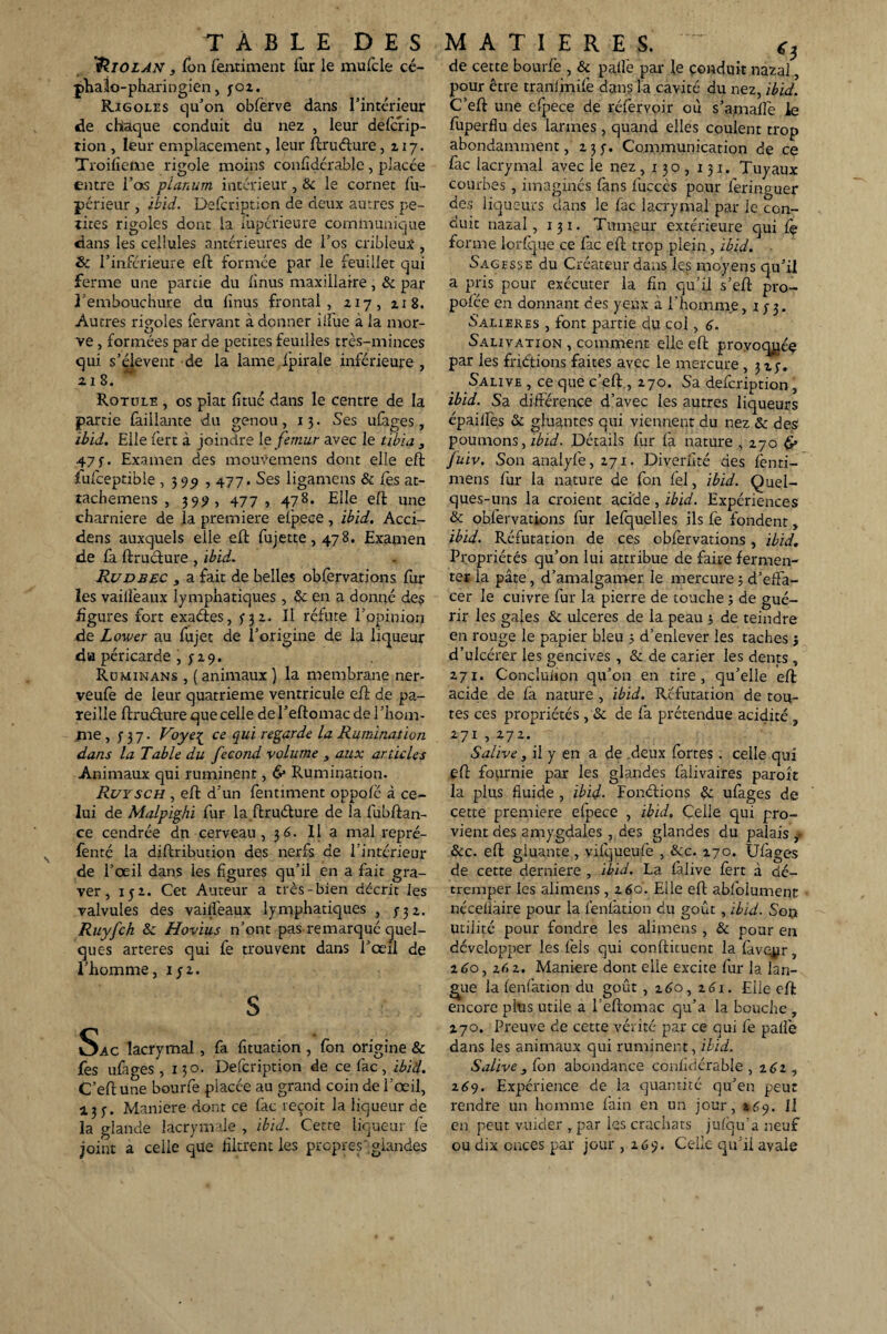 feiOLAN, fon fentiment fur le mufcle cé- ^hato-pharingien, 302. Rigoles qu’on obfèrve dans l’intérieur de chaque conduit du nez , leur defcrip- tion , leur emplacement, leur ftruéfure ,117. Troifieflne rigole moins confidérable, placée entre l’os planum intérieur, & le cornet fu- pcrieur , ibid. Defcription de deux autres pe¬ tites rigoles dont la fupérieure communique dans les cellules antérieures de l’os cribleux , & l’inférieure eft: formée par le feuillet qui ferme une partie du finus maxillaire , & par l’embouchure du lînus frontal, 2.17, 218. Autres rigoles fervant à donner ilfue à la mor- O ve, formées par de petites feuilles très-minces qui s’élèvent de la lame ipirale inférieure , 218. * Rotule , os plat lîtué dans le centre de la partie {aillante du genou, 13. Ses ufàges, ibid. Elle fert à joindre le fémur avec le tibia 3 47 3. Examen des mouvemens dont elle eft fufceptible ,399, 477. Ses ligamens & lès at- tachemens , 399, 477, 478. Elle eft une charnière de la première efpece, ibid. Acci- dens auxquels elle eft fujette, 478. Examen de fa ftruclure , ibid. Rudbec 3 a fait de belles obfèrvations fur les vailièaux lymphatiques , & en a donné des figures fort exaétes, y 31. Il réfute l’opinion de Lower au fujet de l’origine de la liqueur du péricarde , 319. Ruminans , (animaux) la membrane ner- veufe de leur quatrième ventricule eft de pa¬ reille ftruéfure que celle del’eftomac de l’hom¬ me , y 3 7. Voye^ ce qui regarde la Rumination dans la Table du fécond volume , aux articles Animaux qui ruminent, 6* Rumination. Ruysch , eft d’un fentiment oppolë à ce¬ lui de Malpighi fur la ftrudure de la fubftan- ce cendrée dn cerveau, 3 6. Il a mal repré- fenté la diftribution des nerfs de 1 intérieur de l’œil dans les figures qu’il en a fait gra¬ ver, 132. Cet Auteur a très-bien décrit les valvules des vaiilèaux lymphatiques , 3-32,. Ruyfch & Hovius n’ont pas remarqué quel¬ ques arteres qui fe trouvent dans l’œil de l’homme, 132. s ac lacrymal, fa fituation , fon origine & fes ufiges , 130. Defcription de ce fac, ibid. C’eftune bourfe placée au grand coin de l’œil, 135-, Maniéré dont ce fac reçoit la liqueur de la glande lacrymale , ibid. Cette liqueur fe joint a celle que filtrent les propres glandes de cette bourfe , & paile par le conduit nazal, pour être tranlmife dans la cavité du nez, ibid. C’eft une efpece de réfervoir où s’anrafîè le fuperflu des larmes, quand elles coulent trop abondamment, 235-. Communication de ce fac lacrymal avec le nez, 130, 131. Tuyaux courbes, imaginés fans fuccès pour feringuer des liqueurs dans le fac lacrymal par le con¬ duit nazal, 131. Tumeur extérieure qui fè ferme lorfque ce fac eft trop plein , ibid. Sagesse du Créateur dans les moyens qu’il a pris pour exécuter la fin qu’il s’eft pro- pofée en donnant des yeux à l’homme, 133. Salières , font partie du col, 6. Salivation , comment elle eft provoquée par les friétions faites avec le mercure ,323. Salive , ce que c’eft , 270. Sa defcription , ibid. Sa différence d’avec les autres liqueurs épailfes & gluantes qui viennent du nez & des poumons, ibid. Détails fur fa nature , 270 fe fuiv. Son analyfe, 271. Diveruté des fenti- mens fur la nature de fon fel, ibid. Quel¬ ques-uns la croient acide , ibid. Expériences & obfèrvations fur lefquelles ils le fondent, ibid. Réfutation de ces obfèrvations, ibid. Propriétés qu’on lui attribue de faire fermen¬ ter la pâte, d’amalgamer le mercure 3 d'effa¬ cer le cuivre fur la pierre de touche ; de gué¬ rir les gales & ulcérés de la peau 3 de teindre en rouge le papier bleu 3 d’enlever les taches j d’ulcérer les gencives , & de carier les dents , 271. Conclufion qu’on en tire, qu’elle eft acide de fa nature , ibid. Réfutation de tou¬ tes ces propriétés , & de fa prétendue acidité , 271 ,272. Salive, il y en a de deux fortes . celle qui eft fournie par les glandes falivaires paroît la plus fluide , ibid. Fondrions & ufages de cette première efpece , ibid. Celle qui pro¬ vient des amygdales , des glandes du palais ,• &c. eft gluante , vifqueufe , &c. 270. Ufàges de cette derniere , ibid. La falive fèrt à dé¬ tremper les alimens , 2 60. Elle eft abfolument néceiiaire pour la fenfation du goût, ibid. Son utilité pour fondre les alimens , & pour en développer les fels qui conftituent la faveur, 260, zt, z. Maniéré dont elle excite fur la lan¬ guie la fenfation du goût , 260, z6i. Elle eft encore plus utile a l’eftomac qu’a la bouche , 270. Preuve de cette vérité par ce qui fe pallè dans les animaux qui ruminent, ibid. Salive , fon abondance confldérable , 262 , 269. Expérience de la quantité qu’en peut rendre un homme fain en un jour, »,<9. Il en peut vuider par les crachats jufqu’a neuf ou dix onces par jour ,269. Celle qu'il avale