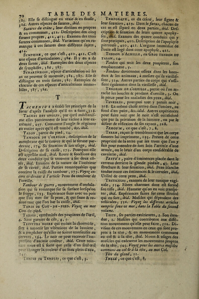 -3^. Elle fe diftingue en vraie & en fauil'e, j 8^. Autres efpeces de futures, ibid. i Sutures du crâne , leur divifion en propres & en communes, 411. Defcription des cinq futures propres ,411,413- Examen des trois futures communes, ibid. Variations qu’on re¬ marque à ces futures dans différens lujets , 4I4# » Svmphise , ce que c’eft ,410,411. C’eft: une efpece d’articulation , 38 6. Il y en a de deux fortes, ibid. Exemples des deux efpeces de fymphifes, 3 86 , 387. ^ Synarthrose, efpece d’articulation où les os ne peuvent le mouvoir, 381, 38f. Elle Ce diftingue en trois fortes, 387. Exemples de chacune de ces efpeces d’articulations immo¬ biles, 38; , 386. T TP J. ac he N1 u s a établi les principes de la fueur d’après l’analyfe qu’il en a faite 318. Taches des ongles , par quel méchanii- me elles parviennent de leur racine à leur ex¬ trémité , 197• Comment l’ongle fe régénéré en entier après qu’il eft tombe , 8cc. ibid. Talon , partie du pied , 14. Tambour de l’oreille, defcription de la membrane qui le couvre & qui le ferme jpar- devant, 174. Sa fituation & fon ufage, ibid. pelcription de fâ caille, 175'. Pourquoi elle eft appeiîée ainfi , ibid. Route & fon&ions des deux conduits qui fe trouvent à fes deux cô¬ tés , ibid. Examen de la nature de l’intérieur de fa cavité, ibid. Parties remarquables que contient la caille du tambour , 17 y. Voye{ en¬ core ci-devant à Varticle Peau du tambour de l’oreille. Tambour de guerre , mouvement d’ondula¬ tion qui fe remarque fur fa furface lorfqu’on le frappe ,193. Expérience faite avec un pois que l’on met fur fa peau, & qui faute & re¬ mue tant que l’on bat la cailfe, ibid. Tarse bu Cou-de-pied. Veye{ au mot Cou-de-pied. Tarses , extrémités des paupières de l'cçil, 4. Sont garnies de cils, 4, y. Teinture noire qui enduit lachorroïde, fert à amortir les vibrations de la lumière , & a empêcher quelles ne foient tranfmifes au cerveau , 1^4. Le noir ne peut recevoir l’irn- pveflîon d’aucune couleur , ibid. Cette tein¬ ture noire eft II forte que celle d’un feul œil peut changer la couleur d’un feau plein d’eau, 14 f • Tempes ou Temples , ce que c’eft, 3. Temporaux , os du crâne, leur figure 8c leur fituation ,419. Dans le fœtus, chacun de ces os eft féparé en deux parties, ibid. Def¬ cription & fituation de leurs quatre apophy¬ ses , ibid. Examen des quatre conduits qui y font pratiqués, 410. Delcription de l’apophylè pierreufe, 4to, 411. L’organe immédiat de l’ouïe eft logé dans cette apophyfe ,411. Tendon d Achille , ou Gros tendon du talon , 14. Tendon qui unit les deux paupières, fon emplacement, y. • Tendons deviennent olfeux dans les hom¬ mes & les animaux , à mefure qu’ils vieillif- fent, 3 zp. Autres parties du corps qui s’olfi- fient également dans la vieiilelfe , ibid. Tendron de l’oreille , partie où l’on at¬ tache les boucles & pendans d’oreille, 3, On le perce pour les maladies des yeux, ibid. Tenebres , pourquoi tout y paroît noir , 168. La même choie arrive dans l’ombre, au fond d’un puits , &c. idid. Autres expériences pour faire voir que le noir n’eft occafiohné que par la privation de la lumière , ou par le défaut de réflexion de fes rayons ,168. Tergum , ce que c\eft ,7,8. Terre , reçoit le tremblement que les corps lonores lui impriment ,193. Preuve de cette propriété de la terre par les trous que l’on y fait pour entendre de fort loin l’arrivce d’une armée, ou le bruit d’un corps confidérabie de cavalerie, ibid. Teste's , paire d’éminences placée dans le cerveau derrière la glande pinéale,43. Leur ftru&ure & leur fituation, ibid. Peau blanche tendue entre ces éminences & le cervelet, ibid. Utilité de cette peau , ibid. Testicules , examen de leur tunique vagi¬ nale , y 3 4. Fibres charnues donc eft formé fon tilfu , ibid. Humeur qu’on en voit tranlpi- rer , ibid. Expériences faites fur cette férofité qui en lort, ibid. Mulcles qui dépendent des tefticules, y 16. Voyeç les dijferens articles compris fous ce mot, dans la Table du fécond volume. Teste , lès parties extérieures, 1. Son éten¬ due , 1. Mulcles qui contribuent aux diffé- rens mouvemens qu’elie peut faire, y 01. Di- vifion de ces mouvemens en ceux qui font pro¬ pres à la tête , & en mouvemens communs au col & à la tête , ibid. Noms & ulàges des mulcles qui exécutent les mouvemens propres de la tête, yo3» Voye^ pour les autres mufcles communs au col & à la tête , au mot Col. Tête du gland, il. Thelé r ce que c’eft,